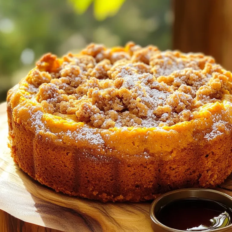 - 2 cups all-purpose flour - 1 cup granulated sugar - 1 teaspoon baking powder - 1 teaspoon baking soda - 1 teaspoon ground cinnamon - ½ teaspoon ground nutmeg - ½ teaspoon salt - ¾ cup unsalted butter, softened to room temperature - 1 cup canned pumpkin puree - 2 large eggs, at room temperature - 1 teaspoon vanilla extract - ½ cup sour cream For the Streusel Topping: - ½ cup all-purpose flour - ½ cup brown sugar, packed tightly - ½ teaspoon ground cinnamon - ¼ cup unsalted butter, melted and slightly cooled - ¼ cup chopped pecans or walnuts (optional for added crunch) Using fresh, high-quality ingredients makes a big difference. Look for pure canned pumpkin, not pumpkin pie filling. The flavor will stand out more in your cake. Always check that your baking powder and soda are fresh. Old leavening agents can lead to a dense cake. Choose unsalted butter for better taste control and to avoid extra salt in your recipe. If you need to make swaps, here are some ideas: - For all-purpose flour, you can use a gluten-free blend. Just ensure it has xanthan gum for texture. - Replace granulated sugar with coconut sugar for a slight caramel flavor. - If you don't have sour cream, try plain yogurt or buttermilk. Both add moisture and tang. - For a dairy-free option, use plant-based butter and almond milk instead of sour cream. - If you don’t have pecans or walnuts, try oats or even chocolate chips for a fun twist. These substitutions can help you adapt the recipe to your needs while keeping that bakery-style taste. First, gather all your ingredients. You need: - 2 cups all-purpose flour - 1 cup granulated sugar - 1 teaspoon baking powder - 1 teaspoon baking soda - 1 teaspoon ground cinnamon - ½ teaspoon ground nutmeg - ½ teaspoon salt - ¾ cup unsalted butter, softened - 1 cup canned pumpkin puree - 2 large eggs - 1 teaspoon vanilla extract - ½ cup sour cream Also, for the streusel topping: - ½ cup all-purpose flour - ½ cup brown sugar, packed - ½ teaspoon ground cinnamon - ¼ cup unsalted butter, melted - ¼ cup chopped pecans or walnuts (optional) Preheat your oven to 350°F (175°C). Grease a 9x13-inch baking pan. Make sure it's well coated so the cake won't stick. In a large bowl, whisk together the dry ingredients. Combine the flour, sugar, baking powder, baking soda, cinnamon, nutmeg, and salt. Mix until there are no lumps. In another bowl, cream the softened butter for about 2-3 minutes. Use a hand mixer or stand mixer to make it light and fluffy. Add the pumpkin puree, eggs, and vanilla extract. Mix until smooth, scraping the sides if needed. Now, take the dry mixture and add it to the wet mixture slowly. Start with one-third of the dry mix. Stir until just combined. Then, add half of the sour cream. Keep alternating until everything is mixed, ending with the dry ingredients. Be careful not to overmix. Pour the batter into the prepared baking pan. Use a spatula to spread it evenly. Next, make the streusel topping. In a small bowl, mix together flour, brown sugar, cinnamon, melted butter, and nuts if you want some crunch. Use a fork to mix it until it looks like coarse crumbs. Sprinkle the streusel evenly over the cake batter. Now, place the pan in the oven. Bake for 30-35 minutes. Check if it's done by inserting a toothpick in the center. It should come out clean or with a few moist crumbs. Once it's baked, let the cake cool in the pan for about 10 minutes. After that, move it to a wire rack to cool completely before slicing. Enjoy your delicious pumpkin streusel coffee cake! To get that perfect bakery-style texture, focus on your mixing. When you mix the wet and dry ingredients, do it gently. Overmixing can make the cake tough. Instead, mix just until no dry flour shows. The batter should be thick but smooth. Use room temperature butter and eggs. This helps create a fluffier batter. The butter should be soft but not melted. If you want a richer taste, try using brown sugar instead of white sugar. It adds moisture and flavor. One common mistake is skipping the butter softening step. If your butter is too cold, it won’t cream well. This can lead to a dense cake. Also, be cautious with your baking time. Check the cake a few minutes before it’s done. Ovens can vary, and you don’t want to overbake. Another mistake is not using enough flour. Measuring flour correctly is key. Use the spoon and level method. Don’t scoop directly from the bag; this packs it down and adds too much flour. For the best flavor, serve the cake warm. The aroma will fill your kitchen and draw people in. Dust the top with powdered sugar for a nice look. A drizzle of maple syrup on the side boosts sweetness and flavor. You can pair the cake with a hot cup of coffee or tea. It makes a great breakfast or snack. For an extra touch, add a dollop of whipped cream or a scoop of vanilla ice cream. Enjoy every bite! {{image_4}} You can boost the taste of your coffee cake easily. Add a bit more spice! Consider using ginger or allspice. These spices give a warm flavor. You can also use extracts. Almond or maple extract can change the cake's taste. Just a teaspoon can make a big difference. Play with these flavors to find your favorite mix. You can make this cake fit your diet. For a gluten-free option, use gluten-free flour. Many blends work well. For a vegan version, swap the eggs for flax eggs. Mix one tablespoon of flaxseed meal with three tablespoons of water. Let it sit until it thickens. You can also replace butter with coconut oil. These changes keep the cake tasty while meeting dietary needs. Mix up your topping for fun! You can use different nuts, like almonds or hazelnuts. Chopped apples or pears also work well. They add a fruity touch. For a sweet twist, try chocolate chips. They melt and mix in nicely. You can even add a layer of cream cheese frosting on top after baking. The options are endless, so get creative! To keep your pumpkin streusel coffee cake fresh, store it properly. First, let it cool completely. Once cooled, wrap the cake in plastic wrap or foil. This keeps moisture in and prevents it from drying out. You can also place it in an airtight container. Store it at room temperature for up to three days. If you need to keep it longer, refrigeration is a good option. Just remember, it may dry out faster in the fridge. Freezing your coffee cake is simple and effective. First, make sure it's fully cooled. Then, slice the cake into individual servings. Wrap each slice in plastic wrap, ensuring it is tightly sealed. For extra protection, place the wrapped slices in a freezer bag or container. This helps prevent freezer burn. You can freeze the cake for up to three months. When you're ready to enjoy it, take a slice out and let it thaw at room temperature. Reheating your coffee cake is key to enjoying it warm. Preheat your oven to 350°F (175°C). Place the desired number of slices on a baking sheet. Cover them with foil to keep them moist. Heat for about 10-15 minutes. If you're in a hurry, you can use the microwave. Simply place a slice on a microwave-safe plate. Heat it for 15-30 seconds. Check if it's warm enough, and enjoy that delightful flavor! Yes, you can make this coffee cake ahead of time. Bake the cake and let it cool. Store it in an airtight container at room temperature for up to three days. You can also refrigerate it for up to a week. If you want to enjoy it later, freeze it. Wrap the cooled cake in plastic wrap and then in foil. It lasts for about three months in the freezer. When ready to eat, thaw it overnight in the fridge and warm it slightly before serving. To check if your coffee cake is done baking, insert a toothpick in the center. If it comes out clean or with a few moist crumbs, the cake is ready. It takes about 30-35 minutes at 350°F (175°C). Keep an eye on it during the last few minutes. Every oven is different, so yours may take a bit longer or shorter. Pumpkin streusel coffee cake pairs well with many drinks. A warm cup of coffee enhances its flavors perfectly. You can also enjoy it with tea or hot chocolate. For a special touch, serve it with a dollop of whipped cream or a drizzle of maple syrup. Adding fresh fruit, like apple slices or berries, offers a nice contrast to the cake's sweetness. In this blog post, we covered everything you need for making coffee cake. We discussed the right ingredients and how to choose them. I shared step-by-step instructions to guide you through mixing and baking. You learned useful tips to avoid mistakes and enhance flavor. We explored variations to suit your taste and dietary needs. Finally, I provided storage tips to keep your cake fresh. Enjoy baking and sharing this delightful treat with friends and family!