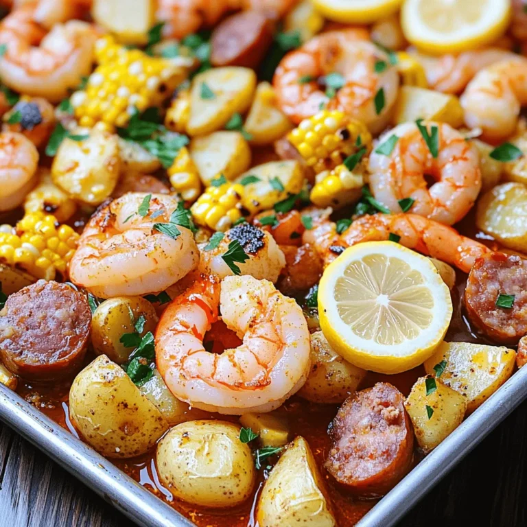 - 1 lb large shrimp, deveined and peeled - 1 lb baby potatoes, halved - 2 ears of corn, cut into thirds - 1/2 lb smoked sausage, sliced - 3 tablespoons olive oil - 3 cloves garlic, minced - 2 teaspoons Old Bay seasoning - 1 teaspoon paprika - 1 lemon, sliced into rounds - Fresh parsley, chopped - Salt and pepper to taste When I make a sheet pan shrimp boil, the ingredients matter a lot. I love using large shrimp because they cook quickly and taste great. You want shrimp that are already peeled and deveined to save time. Baby potatoes are perfect here. They cook well and give a nice bite. I cut them in half to speed up cooking. Fresh corn on the cob adds sweetness and crunch. Cut the ears into thirds for easy handling. Smoked sausage gives a nice smoky flavor. I slice it into bite-sized pieces so it blends well with the other ingredients. Olive oil helps everything roast nicely in the oven. I use three tablespoons, which adds richness. Garlic is a must. I always mince three cloves for a strong flavor. For seasoning, Old Bay is my go-to. It has a mix of spices that pair well with seafood. I add two teaspoons for a kick. A teaspoon of paprika adds color and warmth. I love garnishing with lemon slices. They brighten the dish and add freshness. Fresh parsley on top makes it look pretty and adds a pop of color. Don't forget salt and pepper to taste! - Preheat the oven to 400°F (200°C). - On a large sheet pan, combine baby potatoes, sausage, and corn. - Drizzle with 2 tablespoons of olive oil. - Season with salt, pepper, and 1 teaspoon of Old Bay seasoning. - Toss everything together until evenly coated. - Roast the potatoes, sausage, and corn for 15 minutes. - Meanwhile, in a bowl, mix shrimp with minced garlic, remaining Old Bay, and paprika. - Add the last tablespoon of olive oil and toss well. - After 15 minutes, remove the pan from the oven. - Add the shrimp and nestle lemon slices on top. - Roast for an additional 8-10 minutes. - Shrimp should turn pink and opaque when done. - Garnish with chopped parsley for a fresh touch. - Use fresh shrimp for better flavor. Fresh shrimp adds sweetness and a crisp bite. - Ensure even coating of seasonings. This helps each bite burst with flavor. - Check shrimp for doneness. Look for pink color and opaque texture. - Serve directly from the sheet pan. This creates a casual and fun vibe. - Use a large platter for serving. It allows everyone to dig in and share. - Substitute chicken or vegetables. Chicken thighs or bell peppers work well here. - Adjust spice levels to taste. Add more Old Bay for heat or less for mildness. {{image_4}} To store leftovers, place them in an airtight container. This method keeps flavors fresh. It is best to eat the leftovers within 2-3 days. Check for any signs of spoilage before you enjoy them again. To freeze shrimp boil leftovers, let them cool first. Then, place them in a freezer-safe bag or container. Remove as much air as possible before sealing. For reheating, thaw the leftovers in the fridge overnight. This ensures even heating. Reheat gently in the oven or on the stove to maintain the dish's taste and texture. This recipe serves four people. Each serving has about 350 calories. You get a nice mix of nutrients in this dish. Here are the key nutrients: - Protein: 28g - Carbohydrates: 30g - Fat: 15g - Fiber: 4g Shrimp packs a punch of nutrients. It is low in calories and high in protein. Shrimp also contains omega-3 fatty acids. These fats support heart health. Fresh vegetables add to the dish's benefits. Potatoes provide fiber and potassium. Corn adds vitamins and antioxidants. Together, they make a balanced meal. Enjoying this dish can help you feel full and satisfied. Yes, you can use frozen shrimp. Just remember to thaw them first. I recommend placing the shrimp in a bowl of cold water for about 15-20 minutes. This method is quick and keeps the shrimp nice. Fresh shrimp have a bit more flavor but frozen can work well. If you use frozen, make sure to pat them dry before adding them to the mix. This helps the seasonings stick better. You will know the shrimp are cooked when they turn pink and opaque. They should also curl slightly. This usually takes about 8-10 minutes in the oven. If you have a digital thermometer, check for an internal temperature of 120°F (49°C). Avoid overcooking, as shrimp can become tough and rubbery. Keep an eye on them! Yes, you can prep this dish ahead of time. Chop the potatoes, corn, and sausage the night before. Store them in the fridge in an airtight container. You can also season the shrimp ahead of time. Just keep the shrimp separate until you are ready to cook. This way, the dish stays fresh. When you're ready to cook, just combine everything and follow the roasting steps. It saves time on busy days! This dish combines shrimp, potatoes, corn, and sausage for a tasty meal. We shared easy steps to prepare and cook it perfectly. Fresh ingredients and seasonings make all the difference. You can even adjust the recipe to suit your taste. Enjoy leftovers with our storage tips. Whether you serve it straight from the pan or on a platter, this dish is sure to impress. Experiment with variations, and remember to have fun cooking. You'll find joy in every bite of this simple shrimp boil!