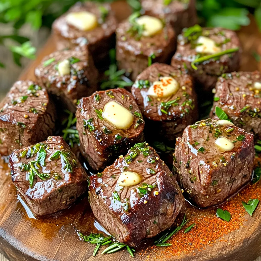 To make Air Fryer Garlic Butter Steak Bites, gather these fresh ingredients: - 1 lb sirloin steak, cut into 1-inch cubes - 4 tablespoons unsalted butter, melted - 4 cloves garlic, finely minced - 1 teaspoon fresh rosemary, finely chopped - 1 teaspoon fresh thyme, finely chopped - 1 teaspoon paprika - Sea salt and freshly cracked black pepper to taste - Fresh parsley, finely chopped (for garnish) Each ingredient plays a role in building flavor. The sirloin steak gives a tender bite. The butter and garlic create a rich, savory base. Fresh herbs like rosemary and thyme add depth. Paprika gives a slight warmth. Salt and pepper bring it all together, while parsley adds a fresh touch at the end. Using high-quality ingredients makes a difference. Fresh herbs elevate the dish. Always choose grass-fed steak for better taste and health. Feel free to customize. If you like heat, add a pinch of cayenne. For a twist, try different herbs or spices you enjoy. The key is to experiment and find what you love. First, gather your melted butter, minced garlic, herbs, and spices. In a medium bowl, pour the melted butter. Then, add the minced garlic, chopped rosemary, chopped thyme, paprika, sea salt, and black pepper. Use a whisk to mix these ingredients together. Whisk until everything is well combined and smells great. This mixture is the heart of your dish, so take your time to ensure it is aromatic. Now, take the cubed sirloin steak and add it to the garlic butter mixture. Use your hands or a spatula to toss the steak. Make sure each piece is coated well. For the best flavor, let the steak marinate for at least 15 minutes. If you have more time, marinating longer in the fridge gives deeper flavor. This step really makes your steak bites special. Next, preheat your air fryer to 400°F (200°C). This step takes about 3 to 5 minutes. After preheating, carefully place the marinated steak bites in the air fryer basket. Spread them out in a single layer. Do not overcrowd the basket; this helps them cook evenly. Air fry the steak bites for 8 to 10 minutes. Remember to shake the basket halfway through cooking. This ensures all sides get that lovely crispy texture. When done, check for your preferred doneness. I recommend medium-rare to medium for juicy steak bites. For the best steak bites, you need to consider cooking times. Here are my top recommendations for doneness levels: - Medium-Rare: Cook for 8 minutes. - Medium: Cook for 10 minutes. - Medium-Well: Cook for 12 minutes. Check the steak's center with a meat thermometer. Aim for 130°F for medium-rare and 145°F for medium. Do not overcrowd the air fryer basket. This step is key for even cooking. If you pile the steak bites, they steam instead of fry. Cook in batches if needed. To amp up the taste, explore additional seasonings. Here are a few ideas: - Add a pinch of cayenne for heat. - Mix in some Worcestershire sauce for depth. - Try a dash of lemon juice for brightness. Don’t forget about that leftover garlic butter! Drizzle it over your cooked steak bites. It adds a rich layer of flavor that elevates the dish. Pair your steak bites with tasty side dishes. Here are some great options: - Serve with a simple green salad. - Pair with roasted vegetables for color and nutrition. - Try dipping sauces like chimichurri or a creamy garlic sauce. For garnish, sprinkle fresh parsley on top. It adds a pop of color and freshness. You can also use thinly sliced green onions or a sprinkle of paprika to make the dish even more appealing. {{image_4}} You can use other cuts of steak for this recipe. Each cut offers a unique taste. Here are some great options: - Ribeye: This cut is juicy and rich in flavor. - Filet Mignon: A tender choice, perfect for special occasions. - Flank Steak: It has a bold flavor and works well with marinades. - Skirt Steak: Great for a beefy taste and quick cooking. Each cut may also change how you cook them. Ribeye and filet mignon may cook faster due to their fat content, while flank and skirt steaks need careful cooking to avoid toughness. Mixing up your herbs and spices can lead to fun new flavors. Instead of rosemary and thyme, try these: - Oregano: Adds a warm, earthy tone. - Basil: Offers a sweet, aromatic twist. - Cilantro: Brings a fresh and zesty flavor. - Chili Powder: For a spicy kick, add some heat. You can also swap paprika for other spices like cumin or smoked paprika. These changes can create a whole new dish from the same base recipe. If you're watching carbs, you can still enjoy steak bites. Here’s how to make them keto-friendly: - Use a different fat: Swap butter for ghee or olive oil. - Skip the butter: Use less or none for fewer calories. - Serve with low-carb veggies: Pair with zucchini or bell peppers. These small changes can help keep your meal low-carb while still being tasty and satisfying. Enjoy experimenting with these variations! To keep your leftover steak bites fresh, store them in an airtight container. Make sure to let them cool down first. This helps avoid steam, which can make them soggy. For best results, use glass or plastic containers that seal well. These containers help keep the taste and texture intact. When it comes to reheating air-fried steak, the goal is to keep them juicy. The best method is to use your air fryer again. Set it to 350°F (175°C) and heat them for about 3 to 5 minutes. This way, they will warm up without drying out. You can also use a skillet on low heat. Just add a tiny bit of water or broth to help keep them moist. If you want to freeze your steak bites, first let them cool completely. Then, arrange them in a single layer on a baking sheet. Place them in the freezer for about an hour. Once frozen, transfer them to a freezer-safe bag. Make sure to squeeze out all the air before sealing. This helps avoid freezer burn. To defrost, move the bag to the fridge overnight. You can reheat them in the air fryer or a skillet, just like before. This keeps your steak bites tasty and tender. Yes, you can use frozen steak. However, you must thaw it first. The best way to thaw steak is to place it in the fridge overnight. This method keeps the meat safe and preserves its texture. If you are short on time, you can use the cold-water method. Seal the steak in a bag and submerge it in cold water for about an hour. Make sure to pat the steak dry before marinating. This helps the garlic butter mix stick to the meat better. For the best flavor, marinate your steak bites for at least 15 minutes. This time allows the garlic and herbs to soak into the meat. If you have more time, marinating for up to 2 hours in the fridge enhances the taste even more. Just remember, the longer you marinate, the more flavor you’ll get. However, avoid marinating for too long, as the acid from garlic can change the meat's texture. You can get creative with seasonings! Here are some great options: - Cumin: Adds a warm, earthy flavor. - Chili powder: For a spicy kick. - Oregano: Brings a lovely herbal note. - Lemon zest: Adds brightness and freshness. - Soy sauce: For a savory, umami taste. Feel free to mix and match these seasonings with the garlic butter to find your favorite flavor combination! You learned how to make flavorful air fryer steak bites. I detailed key ingredients, prep work, and cooking steps. I shared tips to ensure perfect results and different ways to customize your dish. Remember, marinate the steak for more taste. Store any leftovers properly to keep them fresh. You can even freeze them for later. Enjoy your steak bites with various sides for a full meal. Happy cooking!