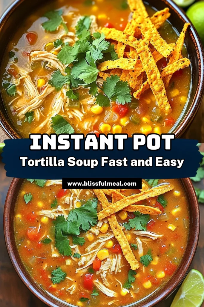 Whip up a savory Instant Pot Chicken Tortilla Soup that’s bursting with flavor and done in just 35 minutes! This easy recipe combines tender chicken, black beans, and vibrant veggies, all seasoned to perfection. Perfect for busy weeknights and cozy gatherings, this soup is sure to impress. Check out the full recipe now and bring warmth to your table! #InstantPotRecipes #ChickenSoup #TortillaSoup #ComfortFood