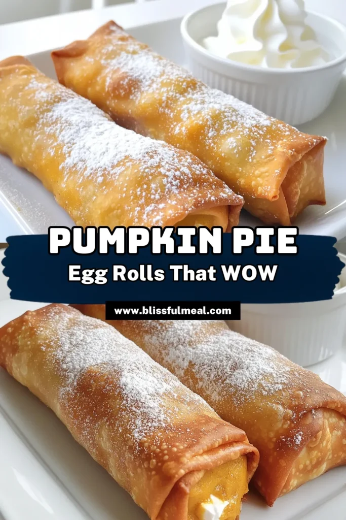 Satisfy your sweet tooth with these Pumpkin Pie Egg Rolls Delight, the perfect fall treat! Made with creamy pumpkin filling wrapped in a crispy egg roll, these tasty bites are a must-try this season. Quick to prepare and even quicker to devour, they're great for gatherings or a cozy night in. Click through for the delicious recipe and tips for serving these delightful treats! #PumpkinPie #FallRecipes #DessertLovers #EggRolls