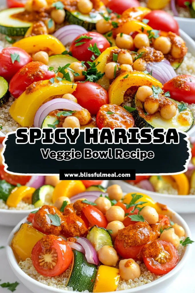 Elevate your dinner routine with these Sheet Pan Spicy Harissa Veggie Bowls! This easy recipe combines roasted zucchini, bell peppers, onion, cherry tomatoes, and chickpeas for a flavorful and healthy meal, all drizzled with a spicy harissa sauce. Perfect for busy weeknights, it’s not only quick to prepare but also loaded with vibrant colors and tastes. Click through for the full recipe and start your culinary adventure today! #VeggieBowls #HealthyEating #SheetPanMeals #HarissaRecipes