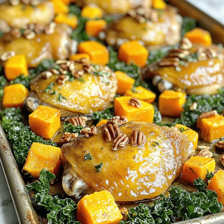 - 4 bone-in, skin-on chicken thighs - 1 medium butternut squash, peeled and cut into 1-inch cubes - 2 tablespoons extra virgin olive oil, divided - 1/4 cup pure maple syrup - 1 teaspoon ground cinnamon - 1/2 teaspoon ground nutmeg - Salt and freshly cracked black pepper to taste - 2 cups fresh kale, stems removed and coarsely chopped - 2 tablespoons apple cider vinegar - Optional: Chopped pecans for garnish I use bone-in, skin-on chicken thighs for their rich flavor. You can swap them for chicken breasts if you prefer leaner meat. Butternut squash adds sweetness and texture. If you can’t find it, sweet potatoes work well too. For olive oil, you can use canola oil as a substitute. Maple syrup is key for sweetness, but honey can be a good alternative. Use ground cinnamon and nutmeg to enhance the dish. This dish serves four people. Each serving has about 450 calories. It provides protein from the chicken and fiber from the squash and kale. The maple syrup adds some natural sugars, while the olive oil offers healthy fats. Overall, this meal is balanced and nutritious. Enjoy the flavors while knowing you are eating well! First, preheat your oven to 425°F (220°C). This step is key for roasting. A hot oven helps the chicken skin get crispy and the squash tender. While the oven heats, you can prepare your ingredients. This makes the cooking process smooth and easy. Next, grab a large mixing bowl. Add the cubed butternut squash to it. Drizzle with 1 tablespoon of olive oil. Then, sprinkle in the cinnamon, nutmeg, and a good pinch of salt and pepper. Toss the squash well until it is coated. This mix adds great flavor. Spread the squash out in a single layer on one side of a large, rimmed baking sheet. Now, use the same bowl for the chicken. Place the chicken thighs in it. Pour in the maple syrup and the remaining tablespoon of olive oil. Season with salt and pepper to taste. Rub this mixture over the chicken until it's well coated. Then, arrange the thighs skin-side up on the empty side of the baking sheet next to the squash. This setup allows the flavors to blend nicely as they roast. Put the sheet pan in the preheated oven. Roast the chicken and squash for about 25 minutes. This time helps the chicken crisp and the squash soften. After 25 minutes, take the pan out carefully. Scatter the chopped kale over the top. Drizzle the apple cider vinegar over the kale for extra flavor. Return the pan to the oven. Roast for another 10-15 minutes. The chicken should reach an internal temperature of 165°F (74°C), and the squash should be fork-tender. Once done, let the dish rest for a few minutes before serving. Enjoy the warm, comforting flavors of this dish! To get the best flavor, season both the squash and chicken well. Use enough salt and spices. The maple syrup adds sweetness, but don’t skip the salt. It helps balance the flavors. I like to let the chicken marinate in the maple mixture for a bit. This will soak in the sweet taste. If you have time, let it sit for 30 minutes before cooking. This little step makes a big difference. For crispy skin, make sure the chicken is dry before cooking. Pat it with paper towels to remove moisture. Use skin-on thighs for the best results. When you roast them, place the skin side up. This allows the fat to render. The higher oven temperature also helps to crisp the skin. Check the chicken halfway through roasting. If it’s browning too quickly, lower the oven temp slightly. Cut the butternut squash into 1-inch cubes. This size cooks evenly and quickly. Toss it with olive oil and spices before roasting. Spread it out in a single layer on the pan. This helps it caramelize nicely. Stir the squash once during cooking to promote even browning. If you want extra flavor, try adding garlic or herbs like thyme. These pair well with the sweetness of the squash. {{image_4}} You can swap chicken thighs for chicken breasts. Breasts cook quicker, so watch the time. If you prefer a plant-based option, try tofu. Press and cube it, then coat it in the same maple mixture. The tofu will soak up all those tasty flavors. Feel free to add more veggies. Carrots or Brussels sprouts work well. Cut them into similar sizes to the squash for even cooking. You can also try sweet potatoes or red onions. They add color and taste to your dish. Experiment with spices to change the flavor. Consider adding garlic powder or smoked paprika for depth. You can also use fresh herbs like rosemary or thyme. For a tangy twist, drizzle sriracha or hot sauce on top before serving. Each change gives your dish a unique spin. To store leftovers, let the dish cool down first. Place the chicken and squash in an airtight container. Keep the kale separate if possible. This keeps it fresh and crispy. You can store it in the fridge for up to three days. If you want to keep it longer, consider freezing. To reheat, preheat your oven to 350°F (175°C). Spread the chicken and squash on a baking sheet. Cover with foil to avoid drying out. Heat for about 15-20 minutes or until hot. If you have leftover kale, you can add it for the last few minutes. This keeps the greens vibrant. For freezing, make sure the dish is fully cool. Place chicken and squash in a freezer-safe bag or container. Remove as much air as possible. You can freeze it for about three months. For best taste, thaw in the fridge overnight before reheating. Yes, you can use frozen butternut squash. Just know it may cook faster. Thaw the squash first for even cooking. If you skip this step, check the squash's tenderness often. You want it soft and fork-tender. To ensure the chicken is cooked through, use a meat thermometer. The chicken should reach an internal temperature of 165°F (74°C). If you don’t have a thermometer, cut into the chicken. The juices should run clear, not pink. Cook longer if needed until it's safe to eat. This dish pairs well with simple sides. Consider serving with a green salad or crusty bread. You can also add rice or quinoa for extra carbs. These sides balance the sweet and savory flavors of the dish. Yes, you can make this dish ahead of time. Prepare the chicken and squash, then store them separately. Keep them in the fridge for up to 24 hours. When ready to cook, just follow the roasting steps. This saves time on busy nights! This blog post covered a simple and tasty recipe for Sheet Pan Maple Roasted Butternut Squash and Chicken. We explored the key ingredients, cooking steps, and useful tips. You also learned about storage and different variations. In closing, this dish is not only easy to prepare but also packed with flavor. Experiment with your favorite vegetables and proteins. Enjoy this delicious recipe with your family and friends. Happy cooking!