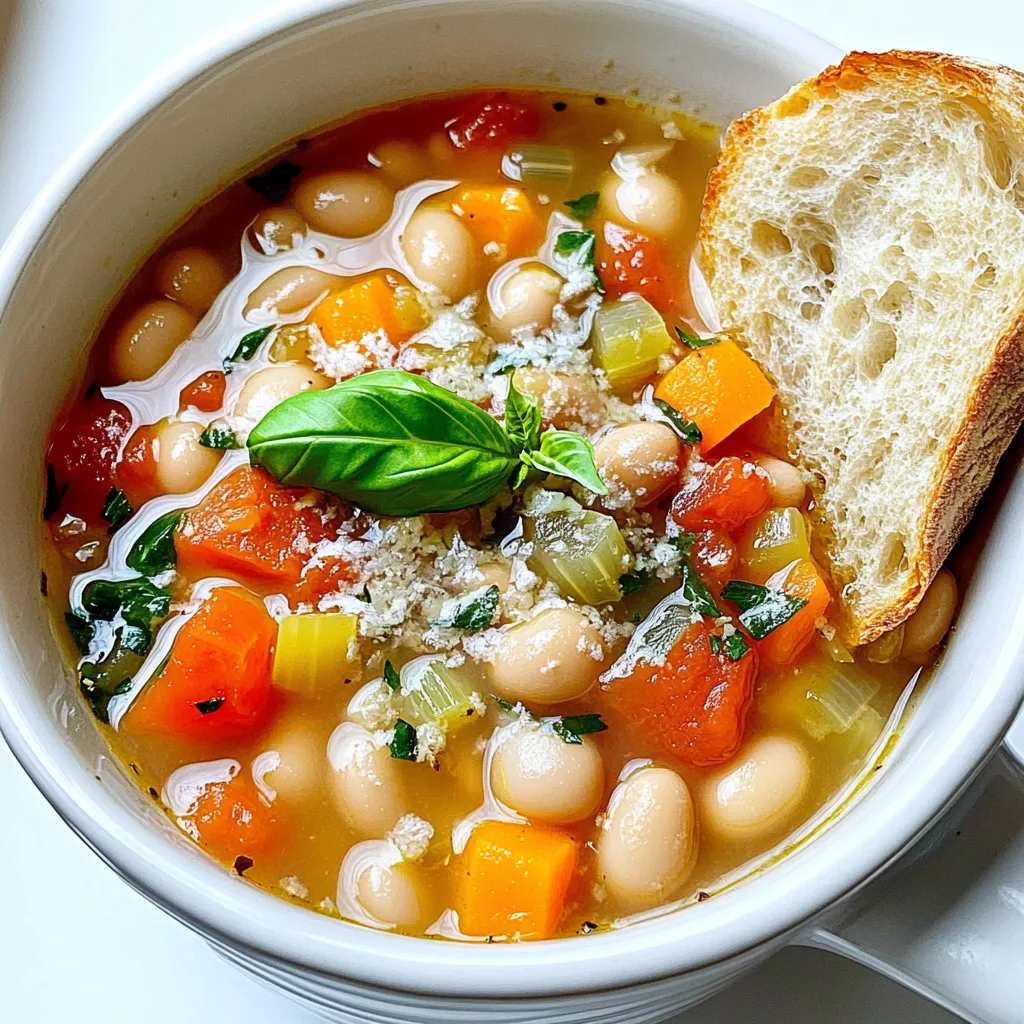 - 1 cup dried white beans (cannellini or navy beans) - 1 medium onion, finely chopped - 3 cloves garlic, minced - 2 medium carrots, diced - 2 stalks celery, diced - 1 can diced tomatoes (14.5 oz) - 4 cups vegetable broth - Dried oregano and thyme - Fresh spinach and basil for garnish The key to a great Slow Cooker Tuscan White Bean Soup lies in the quality of your ingredients. I always start with dried white beans. These beans soak up flavors well and become creamy when cooked. Make sure to soak them overnight. This step softens the beans and helps them cook evenly. Next, the onion and garlic form the flavor base. Sautéing them brings out their sweetness and adds depth. I prefer to chop the onion finely. This way, it blends into the soup without overpowering other flavors. Don't skip the carrots and celery. Both add texture and sweetness. Dice them into small cubes so they cook evenly. The canned tomatoes add acidity and brightness. Choose a brand you trust for the best taste. For seasonings, vegetable broth is key. It should be low-sodium to control the soup's salt. Dried oregano and thyme bring a classic Tuscan flavor. I also add smoked paprika and red pepper flakes for a gentle kick. Finally, fresh spinach and basil are for garnishing. They add color and freshness right before serving. A sprinkle of grated Parmesan cheese can elevate the dish, but it's optional. These simple ingredients combine to create a delicious, hearty soup you will love. - Soaking the beans overnight: Start by placing 1 cup of dried white beans in a large bowl. Cover them with water and let them soak for at least 8 hours. This softens the beans and helps them cook evenly. I always soak them the night before. It saves time and ensures a creamy texture. - Draining and rinsing the beans: After soaking, drain the beans and rinse them under cold water. This step removes any dust or debris. Rinsing also helps to reduce any flatulence that beans can cause. Clean beans lead to a smoother soup. - Heating olive oil: In a medium skillet, pour in 2 tablespoons of extra virgin olive oil. Heat the oil over medium heat. This step adds flavor to the soup and helps to cook the vegetables just right. - Sautéing onion, garlic, carrots, and celery: Add 1 finely chopped onion, 3 minced garlic cloves, 2 diced carrots, and 2 diced celery stalks to the pan. Stir them for about 5-7 minutes. You want the vegetables to soften, and the onions should turn translucent. This mixture builds a solid flavor base for your soup. - Combining ingredients in the slow cooker: Transfer the sautéed vegetable mix into the slow cooker. Add the drained white beans, 1 can of diced tomatoes (with juice), and 4 cups of vegetable broth. Don't forget to include the dried oregano, thyme, smoked paprika, and red pepper flakes. Stir everything together for even flavor. - Cooking times and settings for slow cooker: Cover the slow cooker and set it to cook. Choose low for 6-8 hours or high for 3-4 hours. This slow cooking allows the flavors to meld. The beans will become tender and absorb all those tasty spices. To make the best Tuscan white bean soup, I recommend using cannellini or navy beans. These beans are creamy and soak up flavors well. If you want it spicier, add more red pepper flakes. Start with half a teaspoon and adjust to taste. Garnish your soup with fresh basil leaves and a sprinkle of grated Parmesan cheese. This adds a nice touch of flavor and color. Pair the soup with slices of crusty bread for a great dipping experience. The bread soaks up the broth perfectly. To give your soup a bright flavor boost, add lemon zest just before serving. This small step makes a big difference. If you have leftover meats, like chicken or sausage, toss them in during the last hour of cooking. They will heat through and add extra heartiness. {{image_4}} You can easily make this soup vegetarian or vegan. Just omit the cheese. This keeps the soup light and plant-based. You can also add more veggies. Think zucchini, bell peppers, or even kale! Each choice adds its own taste and texture. If you want to add protein, consider cooked sausage or chicken. These meats give a hearty feel to the soup. You can also use vegetable broth instead of meat broth. This keeps the dish plant-based and still flavorful. Don’t be afraid to experiment with herbs! Basil, parsley, or even rosemary can change the flavor. Adding different spices can also make the soup shine. Try cumin for warmth or lemon zest for a fresh kick. Each tweak makes the soup uniquely yours! Store your leftover soup in a sealed container. This keeps it fresh and tasty. Let the soup cool down before putting it in the fridge. The soup will last for about 4 to 5 days. If you want to keep it longer, freezing is a great option. To freeze the soup, let it cool completely. Pour it into freezer-safe bags or containers. Make sure to leave some space for expansion. Label your bags with the date, so you know when you made it. When you want to eat it, thaw in the fridge overnight. Reheat it on the stove or in the microwave. To keep the flavor and texture, avoid freezing the soup with spinach. Add the spinach when you reheat it. This way, it stays fresh and bright. Leftover soup can be more than just soup. Use it as a sauce over pasta. Cook some pasta, then mix in the soup for a hearty dish. You can also add leftover soup to a casserole. Just pour it over layers of vegetables or grains before baking. Another idea is to blend the soup into a creamy dip. Mix it with cream cheese or sour cream for a tasty spread. The options are endless, so get creative! Soaking white beans is easy. First, you need to rinse them under cold water. Then, place them in a large bowl. Cover the beans with water. Make sure the water is about two inches above the beans. Let them soak overnight, or for at least 8 hours. This step helps the beans cook faster and become tender. Yes, you can use canned beans. If you choose this option, skip the soaking step. Use about two cans of beans, which is roughly 3 cups. Rinse and drain the beans before adding them to the slow cooker. Reducing the cooking time is key. Cook on low for about 3 to 4 hours, or 1 to 2 hours on high. This keeps the beans from getting mushy. No slow cooker? No problem! You can make this soup on the stove. In a large pot, heat your olive oil and sauté the veggies just like in the slow cooker method. Then, add the beans and broth. Bring it to a boil, then lower the heat. Let it simmer for about 1 to 1.5 hours, or until the beans are tender. Stir occasionally and enjoy the same great flavors! This blog post gives you a clear guide to making a tasty bean soup. You learned about the key ingredients like beans, vegetables, and herbs. The step-by-step instructions made cooking easy. Tips helped improve your dish, and variations let you try new ideas. Storing and using leftovers is simple with the right info. Making this soup can be fun and rewarding. Enjoy experimenting with your flavors. Your delicious meal awaits!