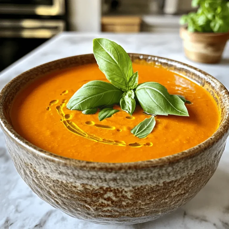 - 4 large red bell peppers, roasted and peeled - 1 medium onion, finely diced - 3 cloves garlic, minced - 1 medium potato, peeled and cubed - 4 cups vegetable broth - 1 cup coconut milk (or heavy cream) - 1 teaspoon smoked paprika - 1 teaspoon dried basil - Salt and freshly ground black pepper to taste - 2 tablespoons olive oil - Fresh basil leaves for garnish You can swap red bell peppers for yellow or orange ones. They add a sweet touch. If you like a creamier soup, use heavy cream instead of coconut milk. For a lighter option, try almond milk. If you don’t have vegetable broth, chicken broth works well. Use sweet potatoes instead of regular potatoes for a different flavor. One serving of this soup has about 220 calories. It contains 10 grams of fat, 30 grams of carbs, and 4 grams of protein. This soup is high in vitamins A and C, which are great for your health. It also contains fiber from the vegetables, making it filling and nutritious. Enjoy this comforting bowl while knowing it’s good for you! To start, you need to roast the red bell peppers. If you have fresh peppers, roast them over an open flame or in the oven at 475°F (245°C). Roast until the skin is charred and blistered. After roasting, place them in a bowl and cover with plastic wrap. Let them steam for about 10 minutes. This helps the skin come off easily. Once cooled, peel the skins, remove the stems and seeds, and chop them roughly. In a large pot, heat 2 tablespoons of olive oil over medium heat. When the oil is hot, add 1 finely diced onion. Sauté the onion for about 5 minutes until it turns soft and translucent. Next, add 3 minced cloves of garlic. Stir for 1-2 minutes until the garlic is fragrant and slightly golden. Now, add 1 peeled and cubed potato to the pot. Sauté for about 3 minutes to let the potato soak in some flavor. Then, add your chopped roasted red peppers and 4 cups of vegetable broth. Stir well to mix everything together. Increase the heat to bring the mixture to a gentle boil. Once it boils, reduce the heat to low and cover the pot. Let it simmer for about 20 minutes or until the potatoes are fork-tender. During this time, add 1 teaspoon of smoked paprika and 1 teaspoon of dried basil. Don’t forget to season with salt and freshly ground black pepper to taste. After the potatoes are cooked, it’s time to blend the soup. Use an immersion blender to puree the soup until it’s silky smooth. If you don’t have an immersion blender, carefully transfer the soup to a traditional blender in batches. Blend until smooth, then return it to the pot. Now, stir in 1 cup of coconut milk or heavy cream, depending on your choice. Mix well to incorporate it fully into the soup. Allow the soup to gently warm through for another 5 minutes. Taste and adjust the seasoning with more salt and pepper if needed. Ladle the creamy soup into bowls. For a pretty finish, garnish each bowl with a few fresh basil leaves. You can also drizzle a swirl of coconut milk into the center of each bowl and sprinkle a dash of smoked paprika on top. Enjoy your comforting bowl of roasted red pepper soup! Roasting red peppers brings out their sweet flavor. To roast them well, use fresh, firm peppers. You can roast them over an open flame or in the oven at 475°F (245°C). When the skins blister, the peppers are done. After roasting, cover them with plastic wrap for ten minutes. This steaming helps peel off the skin easily. For a creamy soup, blending is key. Use an immersion blender for ease. If you don’t have one, pour the soup into a regular blender in batches. Blend until smooth, then return it to the pot. To adjust the thickness, add more broth for a thinner soup, or blend less for a chunkier texture. Smoked paprika adds a unique depth to your soup. Don’t skip this spice! Fresh herbs like basil brighten the flavor. Taste your soup as you cook. Adjust salt and pepper to suit your taste. Adding a splash of lemon juice at the end can also elevate the flavors. {{image_4}} You can change how creamy your soup is with various dairy options. If you want a light touch, use coconut milk. It gives a nice flavor and keeps it dairy-free. For a richer taste, heavy cream works well. You can also try Greek yogurt. It adds creaminess and a slight tang. Just stir it in before serving. Each option offers a unique twist to the soup's texture. For a filling meal, add proteins to your soup. You can toss in cooked chicken or shrimp for extra flavor. If you prefer plant-based options, try lentils or chickpeas. Both add protein and fiber. They also make the soup more satisfying. Add them during the simmering stage. This way, they soak up all the great flavors. If you like heat, add some spice! You can mix in red pepper flakes or a dash of hot sauce. Start with a small amount and taste as you go. This lets you control the heat. For a milder soup, skip the spicy additions. You want the sweet flavor of the peppers to shine through. Balancing spice is key to make everyone happy. You can store leftover soup in the fridge. Place it in an airtight container. It will stay fresh for about 3 to 5 days. Before serving, check for any off smells or changes in texture. To freeze, let the soup cool completely. Pour it into freezer-safe bags or containers. Leave some space for expansion. The soup can last up to 3 months in the freezer. When ready to eat, thaw it in the fridge overnight. Reheat the soup on the stove over low heat. Stir it often to avoid burning. If the soup is too thick, add a splash of vegetable broth or water. You can also use a microwave. Heat in short bursts, stirring in between. Enjoy your warm, creamy soup! Yes, you can easily make this soup vegan. To do this, use coconut milk instead of heavy cream. This keeps the soup creamy and rich without any dairy. Just follow the recipe as is, and enjoy a tasty vegan dish. This soup lasts about 4 to 5 days in the fridge. Make sure to store it in an airtight container. When you want to enjoy it again, just reheat on the stove, stirring often. Yes, you can use other peppers. For a different taste, try yellow or orange bell peppers. They add a lovely sweetness. You can also use spicy peppers if you want some heat. Just balance the flavors with garlic and herbs. Roasted red pepper soup pairs well with many sides. Here are some ideas: - Crusty bread for dipping - Grilled cheese sandwiches - A fresh green salad - Roasted vegetables for added texture These sides can make your meal more filling and enjoyable. This blog post covered the essential ingredients and steps for making roasted red pepper soup. You learned about substitutions and nutritional facts. I shared tips for perfect roasting and blending for creaminess. We explored variations, including protein options and spice adjustments. Finally, I highlighted proper storage and reheating methods. Making this soup is simple and fun. You can customize it to fit your tastes. Enjoy cooking and savoring every bowl!
