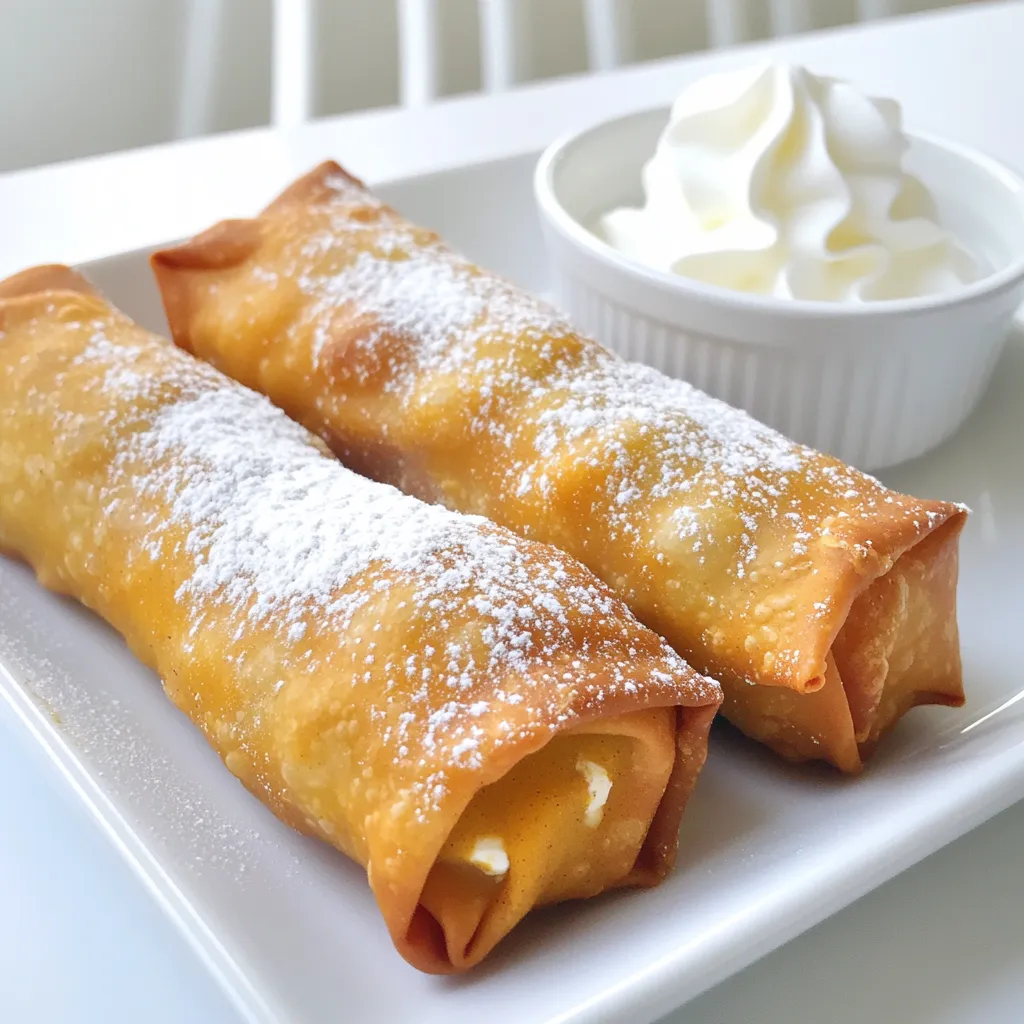 - 1 cup pumpkin puree - 1/2 cup cream cheese - 1/2 cup packed brown sugar - 1 teaspoon pure vanilla extract - 1 teaspoon pumpkin pie spice - 1 package of egg roll wrappers (12-14 wrappers) - 1 tablespoon melted butter for brushing - Powdered sugar for dusting - Cooking spray To make these pumpkin pie egg rolls, start with the main ingredients. Pumpkin puree gives the filling its rich flavor. Cream cheese adds creaminess, while brown sugar sweetens it up nicely. Next, we add the essential flavorings. Vanilla extract enhances the taste. Pumpkin pie spice brings warmth and depth to every bite. Finally, gather the additional components. Egg roll wrappers hold the filling. Brushing them with melted butter helps them crisp in the air fryer. A light dusting of powdered sugar makes for a sweet finish. Cooking spray helps achieve that perfect crunch. These ingredients come together to create a fun twist on classic pumpkin pie! - In a bowl, mix 1 cup pumpkin puree, 1/2 cup cream cheese, and 1/2 cup brown sugar. - Add 1 teaspoon vanilla extract and 1 teaspoon pumpkin pie spice. - Use a whisk to blend until smooth and creamy. - Make sure there are no lumps left in the mixture. - Lay an egg roll wrapper on a clean surface, diamond shape facing you. - Spoon about 2 tablespoons of the pumpkin filling into the center. - Fold the bottom point over the filling, then fold in the sides. - Roll it away from you while applying light pressure. - Moisten the top point with water to seal the roll. - Repeat this for the rest of the wrappers and filling. - Preheat your air fryer to 375°F (190°C). - Brush each egg roll with melted butter for a golden look. - Place the egg rolls in a single layer in the basket. - Make sure they have space to let air flow. - Lightly spray the egg rolls with cooking spray for extra crispness. - Cook for 10-12 minutes, flipping halfway for even browning. - They should be golden brown and crispy when done. - Let them cool for a few minutes before serving. Dust with powdered sugar for sweetness. Air circulation is key in the air fryer. It helps the egg rolls crisp up nicely. Space them out in the basket. This way, hot air flows around each roll. I recommend using a light cooking spray. It adds extra crunch and prevents sticking. A good spray also helps them brown evenly. Spice up your filling with variations. You can add a pinch of nutmeg for warmth. Cinnamon can also give a nice twist. If you want more texture, consider adding chopped nuts. Pecans or walnuts work great. You can also mix in chocolate chips for a sweet surprise. For a stunning presentation, arrange the egg rolls on a rustic plate. Dust them with powdered sugar for a sweet touch. Serve with a bowl of whipped cream for dipping. You can also try caramel or chocolate sauce for extra flavor. Enjoying these treats is all about the fun of dipping! {{image_4}} You can switch up the filling in these egg rolls for fun. One great option is to use chocolate or Nutella. Just spread some melted chocolate or a dollop of Nutella inside the wrapper instead of the pumpkin mix. This twist gives you a sweet chocolate treat. You can even add chopped nuts for crunch. Another tasty choice is apple pie flavored egg rolls. Mix diced apples with cinnamon and brown sugar. Use this mix instead of the pumpkin filling. It gives a new spin on a classic dessert. Both options are great for anyone who loves to try new flavors. If you don’t have an air fryer, you can bake these egg rolls in the oven. Preheat your oven to 400°F (200°C). Brush the egg rolls with melted butter and place them on a baking sheet. Bake them for 15-20 minutes, flipping halfway through. This method still gives a nice, crispy texture. You can also fry them in oil. Heat oil in a deep pan to 350°F (175°C). Carefully add the egg rolls, cooking them until they are golden brown. This method will give you a crunchier bite, but it does add more fat. If you need a gluten-free option, try using rice paper wrappers. They work well and give a unique texture. Just soak the rice paper in warm water to soften it before filling. For vegan alternatives, swap out the cream cheese for a plant-based cream cheese. You can also use maple syrup instead of brown sugar. These changes make the recipe friendly for those on a vegan diet while still tasting great. Store leftover pumpkin pie egg rolls in an airtight container. Place a paper towel in the container to absorb excess moisture. Keep them in the fridge for up to three days. This method helps maintain their crispiness and flavor. To freeze the egg rolls, lay them in a single layer on a baking sheet. Make sure they do not touch each other. Freeze them for about two hours. Once frozen, transfer the egg rolls to a freezer-safe bag. They can stay frozen for up to three months. To reheat, use the air fryer for the best results. Preheat the air fryer to 375°F (190°C). Place the frozen egg rolls in the basket. Cook them for 8-10 minutes, flipping halfway through. This method keeps them crispy, just like fresh! You can also reheat them in the oven at 350°F (175°C) for about 10-12 minutes. Make sure to check for crispiness before serving. Yes, you can prepare the filling and the egg rolls before. Store the filled egg rolls in the fridge for up to 24 hours. This helps save time on busy days. Just remember to brush them with melted butter right before cooking. This adds a nice crispy finish. To keep egg rolls crispy, avoid overfilling them. Too much filling can cause sogginess. Also, make sure to spray them lightly with cooking spray. This helps them brown and crisp up nicely. Cooking them in a single layer also promotes air flow, which is key. - Whipped cream for dipping - Vanilla ice cream for a sweet touch - Caramel sauce for added flavor - A side of fresh fruit for brightness Pairing these will enhance your dessert experience and make it even more fun. Cook the egg rolls for 10-12 minutes in your air fryer. Flip them halfway through to ensure they brown evenly. When they look golden and crispy, they are ready to eat! Pumpkin pie egg rolls are a fun twist on a classic dessert. We covered the key ingredients, from pumpkin puree to cream cheese. I guided you through the easy steps for preparing and cooking them. Don’t forget the tips for perfect texture and flavor, plus cool serving ideas. You can even try different fillings or cooking methods for a unique touch. Enjoy storing and reheating them for a tasty treat later. Now, get creative and make these delicious egg rolls for yourself or friends. Happy cooking!