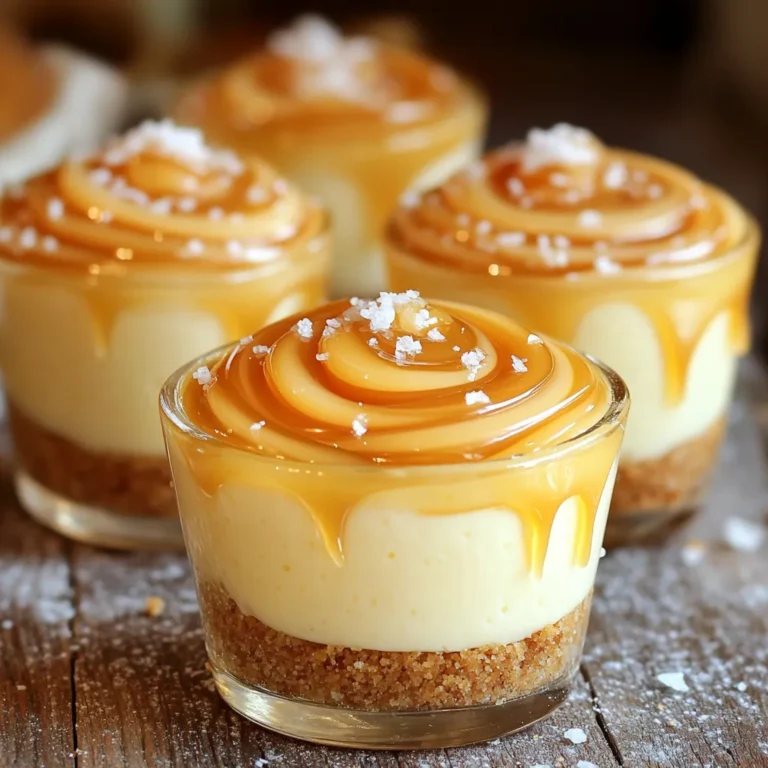- 1 cup graham cracker crumbs - 4 tablespoons unsalted butter, melted - 16 oz cream cheese, softened to room temperature - 1/2 cup granulated sugar - 1 teaspoon pure vanilla extract - 1 cup heavy whipping cream - 1/4 cup salted caramel sauce (plus extra for drizzling) - A pinch of sea salt - Optional: whipped cream for an extra topping To make salted caramel cheesecake cups, you need some simple, tasty ingredients. Each one plays a big role in your cups' flavor and texture. First, graham cracker crumbs form the base. They add a nice crunch and sweetness. Melting unsalted butter helps bind the crumbs together. This combination gives a solid foundation for the cheesecake. Next, the cream cheese is the star. It brings a creamy texture and rich flavor. Be sure to soften it first; this helps it mix well. The granulated sugar adds sweetness, while the pure vanilla extract gives it a warm, inviting taste. Heavy whipping cream is key for lightness. Whipping it until stiff peaks form makes the filling airy. The salted caramel sauce adds that sweet and salty twist we all love. A pinch of sea salt enhances the flavors, making them pop. You can also add whipped cream on top for extra indulgence. With these ingredients, you are ready to create a delicious treat that everyone will enjoy. To start, gather your graham cracker crumbs and melted unsalted butter. In a medium bowl, mix the crumbs with the butter. Stir until the crumbs look like damp sand. This step is key for a tasty crust. Next, grab your serving cups or small jars. Distribute the crumb mix evenly into the bottoms of each cup. Press it down firmly with the back of a spoon. This will create a solid base for your cheesecake. Set these aside while you move to the next step. Now, let’s make the cheesecake filling. In a large bowl, beat the softened cream cheese, granulated sugar, and vanilla extract. Use an electric mixer on medium speed. Mix until it is silky smooth and lump-free. This step is very important for a creamy texture. In a separate bowl, whip the heavy cream until it forms stiff peaks. This will help the cheesecake feel light. Carefully fold the whipped cream into the cream cheese mix. Do this in three parts to keep it airy and fluffy. Now, gently stir in the salted caramel sauce. Make sure to mix it well. Add a pinch of sea salt to enhance the flavor. It's time to fill the cups! Spoon the creamy cheesecake mixture over the crust in each cup. Fill them about three-quarters full. Leave some space for toppings later. Cover the cups with plastic wrap. Chill them in the refrigerator for at least 4 hours. This helps the cheesecake set firmly, making it easier to serve. When you are ready to serve, drizzle more salted caramel sauce over the top of each cup. If you want, add a dollop of whipped cream for extra richness. Enjoy your homemade delights! To make the best salted caramel cheesecake cups, start with soft cream cheese. This helps blend it easily with sugar and vanilla. If your cream cheese is cold, it will be lumpy. Set it out for at least an hour before mixing. Next, whip the heavy cream until it forms stiff peaks. This means it holds its shape well. Gently fold the whipped cream into the cream cheese mix. This step keeps your cheesecake light and fluffy. Drizzling caramel sauce on top adds a sweet touch. Use a spoon or squeeze bottle for a neat drizzle. Let the caramel flow over the edges for a beautiful look. For an extra treat, add a dollop of whipped cream on top. This adds a nice contrast to the creamy cheesecake. It makes each bite even more delightful. Sprinkle flaky sea salt on the top for a nice crunch. It balances the sweetness of the caramel. This simple touch makes the flavors pop. You can also get creative with how you present your cups. Use clear cups to show off the layers, or add fresh fruit on top. These small details make your dessert stand out. {{image_4}} You can change the flavor of your salted caramel cheesecake cups in fun ways. One great idea is to add fruit purees. For example, try mixing in raspberry or strawberry puree into the cheesecake filling. This adds a fruity twist and makes the cups even more delightful. You can also layer the purees at the bottom before adding the cheesecake. Another option is to explore different types of caramel. You could use dark caramel for a richer taste or even a coffee-flavored caramel. This will give your cheesecake cups a unique flavor profile. Don’t be afraid to experiment and find what makes your taste buds dance! If you need gluten-free options, you can easily swap out the graham cracker crumbs. Use gluten-free cookie crumbs or almond flour instead. Both will give you a delicious crust that holds together well. For those who follow a vegan diet, you can substitute the cream cheese with a vegan cream cheese made from nuts or soy. Instead of heavy cream, use coconut cream whipped until fluffy. These changes ensure everyone can enjoy these tasty treats without missing out! After making these salted caramel cheesecake cups, store any leftovers in the fridge. Use an airtight container to keep them fresh. If you used jars, just cover them with their lids. This keeps the cheesecake cups safe from air and odors. To maintain the creamy texture, avoid stacking them. If you can, separate them with parchment paper. This helps prevent sticking. Remember to chill them again if they warm up. These cheesecake cups can last in the fridge for about 3 to 4 days. After that, the texture and taste may change. If you want to keep them longer, freezing is a great option. To freeze, place the cups in a freezer-safe container. You can also wrap them tightly with plastic wrap. They can stay fresh in the freezer for up to 2 months. When ready to eat, thaw them in the fridge overnight. Enjoy them cold for the best flavor! Can I use a different type of cookie for the crust? Yes, you can switch the crust. Use chocolate cookies or even vanilla wafers. Just crush them the same way as graham crackers. Each type gives a unique flavor. What if I don’t have heavy cream? If you lack heavy cream, use whole milk and a bit of butter. Mix 3/4 cup of milk with 1/4 cup of melted butter. This will help create a creamy texture. Can these be made a day in advance? Absolutely! Making them a day ahead is smart. It helps the flavors blend better. Just keep them covered in the fridge until you serve. Best way to transport cheesecake cups for a party? To transport, place the cups in a sturdy container. Use a lid to keep them secure. If you add whipped cream, do it just before serving to keep it fresh. Can I use low-fat cream cheese? Yes, low-fat cream cheese works. It may change the texture slightly, but it will still taste great. What can I substitute for salted caramel sauce? If you need a substitute, mix brown sugar with butter and a pinch of salt. Cook it until it becomes thick. This will mimic the taste of salted caramel. These cheesecake cups are simple and fun to make. You learned about the key ingredients, like cream cheese and caramel. We walked through the steps to prepare the crust and fill the cups. Tips helped ensure a smooth texture and perfect taste. You can customize the flavors and store leftovers easily. Now, it’s time to create your own cheesecake cups. Enjoy the process and share them with others!