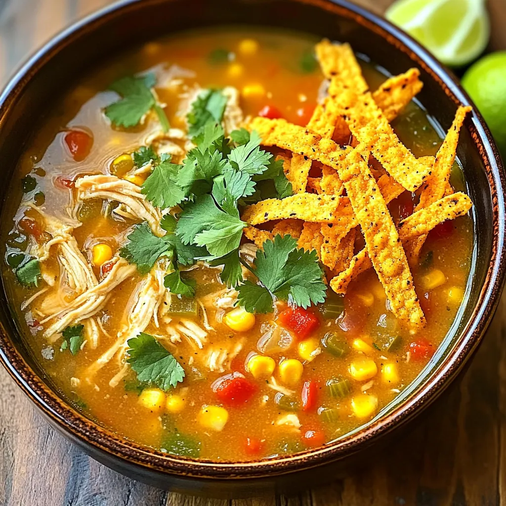 - 1 lb boneless, skinless chicken breasts - 1 medium onion, diced - 2 cloves garlic, minced - 1 red bell pepper, diced - 1 can (15 oz) black beans, rinsed and drained - 1 can (15 oz) corn kernels, drained - 1 can (14.5 oz) diced tomatoes with green chilies - 4 cups chicken broth - 1 tablespoon ground cumin - 1 teaspoon chili powder - 1 teaspoon smoked paprika - Salt and pepper to taste In this soup, chicken is the main protein. I use boneless, skinless chicken breasts for tenderness. For veggies, I add onion, garlic, and red bell pepper. Each brings its own taste and texture. The spices, like cumin and chili powder, give the soup warmth and depth. - 1 tablespoon olive oil - 4 cups chicken broth - 1 can (15 oz) black beans, rinsed and drained - 1 can (15 oz) corn kernels, drained - 1 can (14.5 oz) diced tomatoes with green chilies I love using chicken broth as a base. It adds rich flavor to the soup. Olive oil helps to sauté the onion and garlic. The canned black beans and corn add texture and nutrition. Diced tomatoes with green chilies give a zesty touch. - Fresh cilantro, chopped - Tortilla strips - Lime wedges Garnishes bring the soup to life. Fresh cilantro adds a burst of color and flavor. Tortilla strips give crunch and contrast. Lime wedges add a bright, zesty kick and round out the dish nicely. Each garnish elevates the soup, making it a delightful meal. Sautéing Aromatics Start by setting your Instant Pot to Sauté mode. Pour in 1 tablespoon of olive oil and wait until it shimmers. Next, add 1 medium diced onion. Cook it for 3-4 minutes until it turns soft and clear. Then, add 2 minced garlic cloves. Cook for just 30 seconds and enjoy the great smell. Adding Veggies and Spices Now, toss in 1 diced red bell pepper. Sprinkle in 1 tablespoon of ground cumin, 1 teaspoon of chili powder, and 1 teaspoon of smoked paprika. Add a pinch of salt and fresh pepper. Stir and cook this mix for about 2 minutes. This helps the spices bloom and the veggies soften. Adding Chicken and Liquids Next, place 1 pound of boneless, skinless chicken breasts into the pot. Pour in 1 can of diced tomatoes with green chilies, along with all the juices. Then, add 4 cups of chicken broth. Gently stir everything to blend the flavors. Pressure Cooking Instructions Secure the lid on your Instant Pot. Make sure the valve is set to Sealing. Select the Manual or Pressure Cook mode and set the timer for 10 minutes. Let the magic happen while the flavors blend together. Releasing Pressure When the timer goes off, carefully do a quick pressure release. Move the valve to Venting. Once the steam stops, open the lid with care. Shredding the Chicken Remove the cooked chicken breasts and place them on a cutting board. Using two forks, shred the chicken into small pieces. Return the shredded chicken back into the pot. Final Mix and Seasoning Add 1 can of rinsed black beans and 1 can of drained corn to the pot. Stir everything well and warm it for 2-3 minutes on Sauté mode. Taste the soup and adjust the seasoning, adding more salt or pepper if needed. Serve the soup hot, topped with fresh chopped cilantro and crispy tortilla strips. Don’t forget to add lime wedges for that zesty kick! Adjusting Cooking Time You can adjust the cooking time based on chicken size. If you use larger chicken breasts, cook for an extra 2-3 minutes. Always ensure the chicken is fully cooked. Use a meat thermometer to check for 165°F. Enhancing Flavor Profiles To boost flavor, add a few more spices. Consider adding cayenne pepper for heat or oregano for earthiness. A splash of lime juice brightens the soup and adds a fresh taste. Serving Suggestions Serve the soup in large, rustic bowls. This makes each portion feel hearty and inviting. Pair it with crunchy tortilla chips for a fun texture contrast. Garnishing Ideas Garnish with fresh cilantro for color and taste. Add crispy tortilla strips on top for crunch. Lime wedges on the side help bring a zesty kick. These simple touches make your dish pop. Ideal Instant Pot Models I recommend the Instant Pot Duo or the Instant Pot Ultra. Both models cook evenly and have a user-friendly interface. They are perfect for quick meals like this soup. Accessories for Cooking Use a good set of tongs for safe handling of hot chicken. A ladle helps serve the soup without spills. A cutting board is essential for shredding the chicken easily. {{image_4}} - Gluten-Free Options: This soup is naturally gluten-free. Just use gluten-free broth. Check all canned goods for gluten content. Tortilla strips can also come gluten-free. - Vegetarian Adaptation: To make this soup vegetarian, swap chicken for beans or tofu. Use vegetable broth instead of chicken broth. This keeps the soup hearty and tasty. - Alternative Proteins: If you prefer beef or turkey, those work well too. Just adjust cooking times accordingly. You can also use shredded rotisserie chicken for a quicker option. - Seasonal Vegetables: Use whatever veggies you like or have on hand. Zucchini, carrots, or spinach can add great flavor. This keeps the soup fresh and fun. - Adding Spice: If you love heat, add jalapeños or extra chili powder. You can even toss in some hot sauce before serving for an extra kick. - Varying Broth Choices: Try different broths for unique flavors. A spicy tortilla or a roasted vegetable broth can change the taste. This simple swap can make it feel new each time. Refrigeration Guidelines: You can store leftover soup in the fridge. Use an airtight container for the best results. It will stay fresh for up to three days. Make sure to let the soup cool before sealing it up. Freezing Instructions: If you want to save some for later, freezing is a great option. Pour the soup into freezer-safe containers. Leave some space at the top, as the soup will expand. You can freeze it for up to three months. Just remember to label with the date. Best Methods for Reheating: When it’s time to enjoy the soup again, you have a few choices. You can reheat it on the stove over medium heat. Stir it often until it warms up. Alternatively, you can use the microwave. Heat it in short bursts, stirring in between. Tips for Maintaining Flavor: To keep the soup tasting fresh, add a splash of lime juice when reheating. This boosts the flavors and keeps it bright. If you notice it’s thickened, add a little broth or water to thin it out. How Long Does it Last? In the fridge, your soup will last about three days. If frozen, it can stay good for up to three months. Always check for freshness before eating. Signs of Spoilage: Be cautious of any off smells or changes in texture. If you see mold or the soup smells sour, it’s best to throw it away. Always trust your senses when deciding if food is safe to eat. Can I use frozen chicken? Yes, you can use frozen chicken. Just increase the cooking time to 15 minutes. The Instant Pot cooks the chicken well, even from frozen. How spicy is this recipe? This recipe has a mild spice level. The chili powder gives warmth, but it’s not overly hot. You can adjust the spice by adding more chili powder or fresh jalapeños if you like heat. Can I make this on the stovetop? Yes, you can. Start by sautéing the onion and garlic in a pot. Add the rest of the ingredients and simmer for about 25-30 minutes until the chicken is cooked and tender. Shred the chicken and mix it back in. What can I serve with Chicken Tortilla Soup? This soup pairs well with tortilla chips, avocado, or a fresh salad. You can also serve it with rice for a hearty meal. Adding a dollop of sour cream or cheese makes it extra tasty. What are the calorie counts? One serving of this soup has about 300 calories. This can vary based on toppings and sides you choose. Is this recipe healthy? Yes, this recipe is healthy. It’s packed with lean protein, beans, and vegetables. The broth keeps it light, making it a great choice for a nutritious meal. This blog post outlined how to make a flavorful Chicken Tortilla Soup. We discussed key ingredients like chicken, veggies, and spices, along with pantry essentials. You learned step-by-step cooking instructions, tips for presentation, and variations to suit diets. Storing leftovers and reheating methods help keep your soup tasty. Finally, important FAQs clarified common concerns. By following these steps and tips, you’ll create a delicious soup everyone will enjoy. Dive into this recipe, and don’t be afraid to make it your own!