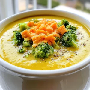 - 4 cups fresh broccoli florets - 1 medium onion, finely chopped - 3 cloves garlic, minced - 2 cups carrots, peeled and diced - 3 cups low-sodium vegetable broth - 1 cup heavy cream - 1 teaspoon dried thyme - 1 teaspoon freshly ground black pepper - 1½ cups sharp cheddar cheese, freshly shredded - Salt to taste - Optional toppings: Croutons and extra shredded cheddar To make a great creamy cheddar broccoli soup, you need fresh, vibrant ingredients. Start with four cups of broccoli florets. They add color and nutrition. Then, chop one medium onion finely. This will give your soup a sweet base. Next, mince three cloves of garlic. Fresh garlic brings a strong flavor that enhances the soup. Carrots add sweetness and texture. Use two cups of peeled and diced carrots. They should be cut small so they cook well. For your soup's liquid base, grab three cups of low-sodium vegetable broth. This keeps the flavors bright and balanced. Add one cup of heavy cream for that rich, creamy finish. Spice your soup up with one teaspoon of dried thyme and one teaspoon of freshly ground black pepper. These seasonings add depth. Finally, use one and a half cups of freshly shredded sharp cheddar cheese. It melts beautifully and gives a strong cheese flavor. Don’t forget to add salt to taste. Optional toppings like croutons and extra shredded cheddar cheese can make your soup even more delightful. With these ingredients, you’re ready to create a comforting bowl of creamy cheddar broccoli soup! Start by chopping your veggies. You need 4 cups of fresh broccoli florets. Cut them into bite-sized pieces. Next, finely chop one medium onion. Then, peel and dice 2 cups of carrots into small cubes. Lastly, mince 3 cloves of garlic. Set all these ingredients aside. For the broth, choose 3 cups of low-sodium vegetable broth. This keeps the soup light and flavorful. Now, it’s time to use the slow cooker. First, add the broccoli, onion, garlic, and carrots into the pot. Sprinkle one teaspoon of dried thyme over the veggies. This adds a nice herbal flavor. Pour in the vegetable broth, covering the vegetables completely. Next, season with one teaspoon of freshly ground black pepper and salt to taste. Stir gently to mix everything. Cover the slow cooker with its lid. Set it to cook on low for about 4 to 5 hours. Check if the veggies are tender. They should pierce easily with a fork. Once the cooking time is up, it’s blending time! Use an immersion blender to puree the soup directly in the slow cooker. If you want a super smooth texture, you can use a stand blender. Just be careful with the hot liquid. After the soup is creamy, add 1½ cups of freshly shredded sharp cheddar cheese and 1 cup of heavy cream. Stir well until the cheese melts and everything is creamy. Taste your soup and adjust the salt and pepper if needed. Serve hot in bowls. Top with croutons and some extra cheese for a delicious finish. Enjoy! To make your soup shine, adjust the seasonings. You can add a bit more thyme for an earthier taste. If you like heat, try adding a pinch of cayenne. Always taste before serving. This way, you can add salt or pepper to suit your liking. Avoid overcooking the vegetables by checking them often. Set a timer for 4 hours. Use a fork to test if they are tender. If they are soft but not mushy, you’re ready to blend. Using an immersion blender is simple and quick. You can blend right in the slow cooker. This method saves time and reduces cleanup. If you prefer a stand blender, let the soup cool first. Be careful not to fill it too full to avoid spills. For that perfect smooth texture, blend until there are no chunks left. If you want it creamier, blend a bit longer. You can always add more cheese and cream after blending. Pair your soup with crusty bread or a fresh salad. This adds texture and balances the meal. A light vinaigrette salad works well alongside the creamy soup. Garnish your bowls with croutons for crunch. A sprinkle of extra cheddar cheese on top adds a nice visual touch. Fresh herbs, like parsley, can also brighten up your dish. Enjoy your creamy cheddar broccoli soup! {{image_4}} You can add proteins to boost flavor and make the soup heartier. Chicken is a great choice. Cooked and shredded chicken works well. Just stir it in after blending the soup. Bacon also adds a nice crunch. Cook and crumble it on top before serving. If you want a vegetarian option, try adding cooked lentils or chickpeas. These options give you protein without meat. They blend well with the soup's creamy texture. You might want a lighter soup. To do this, use half-and-half instead of heavy cream. This keeps the soup rich without being too heavy. For a vegan option, use coconut milk. It adds creaminess and a hint of sweetness. If you're avoiding dairy, consider cashew cream. Blend soaked cashews with water. This mix mimics the creaminess of heavy cream without the dairy. Spices and herbs can take your soup to the next level. Add a pinch of cayenne pepper for heat. You can also try rosemary or basil for a fresh twist. Changing the cheese is another way to enhance flavor. Gouda or Monterey Jack can add a smoky taste. Mixing cheeses like cheddar and mozzarella gives a unique flavor and texture. Experiment with what you love! To store leftover soup properly, let it cool first. This step helps keep the texture right. Use airtight containers to prevent spills and keep the soup fresh. Glass or BPA-free plastic containers work best. For freezing, choose containers that are safe for the freezer. Use freezer bags or rigid containers with tight lids. These options save space and protect the soup from freezer burn. When reheating, aim to keep the creamy texture. For the microwave, use a microwave-safe bowl. Heat it in short bursts, stirring in between. This helps the soup heat evenly. If you prefer the stovetop, pour the soup into a pot. Heat it over low to medium heat. Stir often to avoid sticking. This way, you maintain that rich, creamy mouthfeel. Your soup can last up to three months in the freezer. If stored well, it keeps its flavor and texture. To thaw, move the soup from the freezer to the fridge overnight. For quicker thawing, place the container in cold water. This method is safe and fast. After thawing, reheat it as described above to enjoy it again. You can add heat to your soup in a few ways. One option is to mix in red pepper flakes. Start with a small amount and add more to taste. Another choice is to use diced jalapeños. These will give the soup a nice kick. You could also try adding hot sauce for a tangy flavor. Just remember to adjust other seasonings to balance the heat. Yes, you can use frozen broccoli. It saves time and is easy to find. However, frozen broccoli can change the texture a bit. It may become softer than fresh broccoli after cooking. This may result in a creamier soup. The flavor will still be good, so it’s a great option if you’re in a pinch. Yes, you can make the soup dairy-free. Use coconut milk or almond milk instead of cream. For cheese, try a dairy-free cheddar or nutritional yeast. These swaps will keep the soup creamy and tasty. Just be sure to check labels for allergens if needed. This soup can last in the fridge for about 3 to 4 days. Make sure to store it in an airtight container. Always check for signs of spoilage before eating. If you notice any off smells or mold, it’s best to toss it out. Yes, you can double the recipe easily. Just make sure your slow cooker can hold all the ingredients. Cooking time may stay the same, but check for doneness. You can always blend in batches if needed. Enjoy sharing this delicious soup with friends and family! This blog post outlines how to make a tasty and easy soup. We covered fresh veggies, broth, and cheese, plus key tips for cooking and serving. I shared methods for blending and even variations for flavor and texture. Remember, you can customize this recipe to fit your taste and dietary needs. Enjoy creating a delicious soup that warms the soul and brings smiles to the table. Happy cooking!