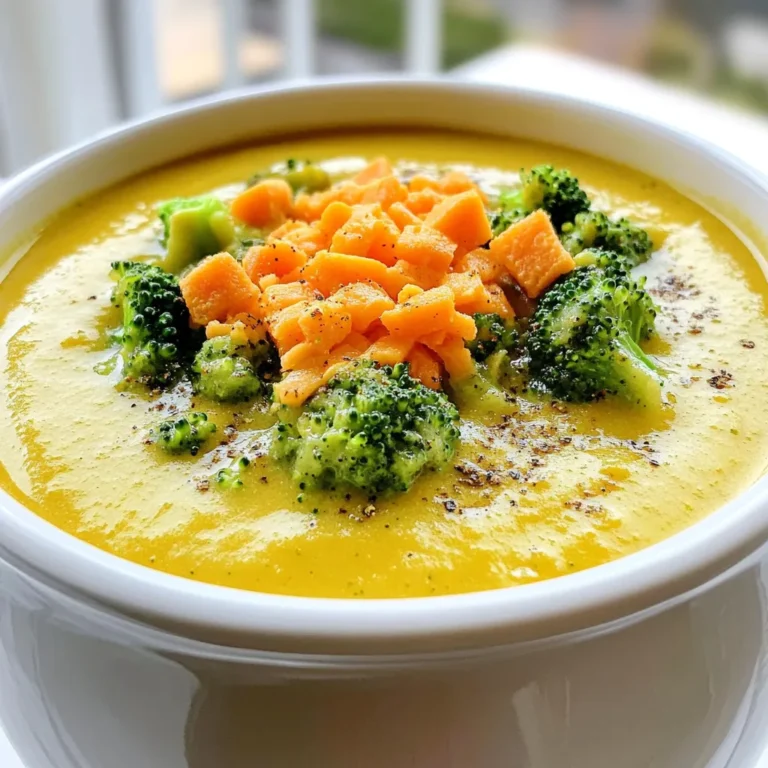- 4 cups fresh broccoli florets - 1 medium onion, finely chopped - 3 cloves garlic, minced - 2 cups carrots, peeled and diced - 3 cups low-sodium vegetable broth - 1 cup heavy cream - 1 teaspoon dried thyme - 1 teaspoon freshly ground black pepper - 1½ cups sharp cheddar cheese, freshly shredded - Salt to taste - Optional toppings: Croutons and extra shredded cheddar To make a great creamy cheddar broccoli soup, you need fresh, vibrant ingredients. Start with four cups of broccoli florets. They add color and nutrition. Then, chop one medium onion finely. This will give your soup a sweet base. Next, mince three cloves of garlic. Fresh garlic brings a strong flavor that enhances the soup. Carrots add sweetness and texture. Use two cups of peeled and diced carrots. They should be cut small so they cook well. For your soup's liquid base, grab three cups of low-sodium vegetable broth. This keeps the flavors bright and balanced. Add one cup of heavy cream for that rich, creamy finish. Spice your soup up with one teaspoon of dried thyme and one teaspoon of freshly ground black pepper. These seasonings add depth. Finally, use one and a half cups of freshly shredded sharp cheddar cheese. It melts beautifully and gives a strong cheese flavor. Don’t forget to add salt to taste. Optional toppings like croutons and extra shredded cheddar cheese can make your soup even more delightful. With these ingredients, you’re ready to create a comforting bowl of creamy cheddar broccoli soup! Start by chopping your veggies. You need 4 cups of fresh broccoli florets. Cut them into bite-sized pieces. Next, finely chop one medium onion. Then, peel and dice 2 cups of carrots into small cubes. Lastly, mince 3 cloves of garlic. Set all these ingredients aside. For the broth, choose 3 cups of low-sodium vegetable broth. This keeps the soup light and flavorful. Now, it’s time to use the slow cooker. First, add the broccoli, onion, garlic, and carrots into the pot. Sprinkle one teaspoon of dried thyme over the veggies. This adds a nice herbal flavor. Pour in the vegetable broth, covering the vegetables completely. Next, season with one teaspoon of freshly ground black pepper and salt to taste. Stir gently to mix everything. Cover the slow cooker with its lid. Set it to cook on low for about 4 to 5 hours. Check if the veggies are tender. They should pierce easily with a fork. Once the cooking time is up, it’s blending time! Use an immersion blender to puree the soup directly in the slow cooker. If you want a super smooth texture, you can use a stand blender. Just be careful with the hot liquid. After the soup is creamy, add 1½ cups of freshly shredded sharp cheddar cheese and 1 cup of heavy cream. Stir well until the cheese melts and everything is creamy. Taste your soup and adjust the salt and pepper if needed. Serve hot in bowls. Top with croutons and some extra cheese for a delicious finish. Enjoy! To make your soup shine, adjust the seasonings. You can add a bit more thyme for an earthier taste. If you like heat, try adding a pinch of cayenne. Always taste before serving. This way, you can add salt or pepper to suit your liking. Avoid overcooking the vegetables by checking them often. Set a timer for 4 hours. Use a fork to test if they are tender. If they are soft but not mushy, you’re ready to blend. Using an immersion blender is simple and quick. You can blend right in the slow cooker. This method saves time and reduces cleanup. If you prefer a stand blender, let the soup cool first. Be careful not to fill it too full to avoid spills. For that perfect smooth texture, blend until there are no chunks left. If you want it creamier, blend a bit longer. You can always add more cheese and cream after blending. Pair your soup with crusty bread or a fresh salad. This adds texture and balances the meal. A light vinaigrette salad works well alongside the creamy soup. Garnish your bowls with croutons for crunch. A sprinkle of extra cheddar cheese on top adds a nice visual touch. Fresh herbs, like parsley, can also brighten up your dish. Enjoy your creamy cheddar broccoli soup! {{image_4}} You can add proteins to boost flavor and make the soup heartier. Chicken is a great choice. Cooked and shredded chicken works well. Just stir it in after blending the soup. Bacon also adds a nice crunch. Cook and crumble it on top before serving. If you want a vegetarian option, try adding cooked lentils or chickpeas. These options give you protein without meat. They blend well with the soup's creamy texture. You might want a lighter soup. To do this, use half-and-half instead of heavy cream. This keeps the soup rich without being too heavy. For a vegan option, use coconut milk. It adds creaminess and a hint of sweetness. If you're avoiding dairy, consider cashew cream. Blend soaked cashews with water. This mix mimics the creaminess of heavy cream without the dairy. Spices and herbs can take your soup to the next level. Add a pinch of cayenne pepper for heat. You can also try rosemary or basil for a fresh twist. Changing the cheese is another way to enhance flavor. Gouda or Monterey Jack can add a smoky taste. Mixing cheeses like cheddar and mozzarella gives a unique flavor and texture. Experiment with what you love! To store leftover soup properly, let it cool first. This step helps keep the texture right. Use airtight containers to prevent spills and keep the soup fresh. Glass or BPA-free plastic containers work best. For freezing, choose containers that are safe for the freezer. Use freezer bags or rigid containers with tight lids. These options save space and protect the soup from freezer burn. When reheating, aim to keep the creamy texture. For the microwave, use a microwave-safe bowl. Heat it in short bursts, stirring in between. This helps the soup heat evenly. If you prefer the stovetop, pour the soup into a pot. Heat it over low to medium heat. Stir often to avoid sticking. This way, you maintain that rich, creamy mouthfeel. Your soup can last up to three months in the freezer. If stored well, it keeps its flavor and texture. To thaw, move the soup from the freezer to the fridge overnight. For quicker thawing, place the container in cold water. This method is safe and fast. After thawing, reheat it as described above to enjoy it again. You can add heat to your soup in a few ways. One option is to mix in red pepper flakes. Start with a small amount and add more to taste. Another choice is to use diced jalapeños. These will give the soup a nice kick. You could also try adding hot sauce for a tangy flavor. Just remember to adjust other seasonings to balance the heat. Yes, you can use frozen broccoli. It saves time and is easy to find. However, frozen broccoli can change the texture a bit. It may become softer than fresh broccoli after cooking. This may result in a creamier soup. The flavor will still be good, so it’s a great option if you’re in a pinch. Yes, you can make the soup dairy-free. Use coconut milk or almond milk instead of cream. For cheese, try a dairy-free cheddar or nutritional yeast. These swaps will keep the soup creamy and tasty. Just be sure to check labels for allergens if needed. This soup can last in the fridge for about 3 to 4 days. Make sure to store it in an airtight container. Always check for signs of spoilage before eating. If you notice any off smells or mold, it’s best to toss it out. Yes, you can double the recipe easily. Just make sure your slow cooker can hold all the ingredients. Cooking time may stay the same, but check for doneness. You can always blend in batches if needed. Enjoy sharing this delicious soup with friends and family! This blog post outlines how to make a tasty and easy soup. We covered fresh veggies, broth, and cheese, plus key tips for cooking and serving. I shared methods for blending and even variations for flavor and texture. Remember, you can customize this recipe to fit your taste and dietary needs. Enjoy creating a delicious soup that warms the soul and brings smiles to the table. Happy cooking!