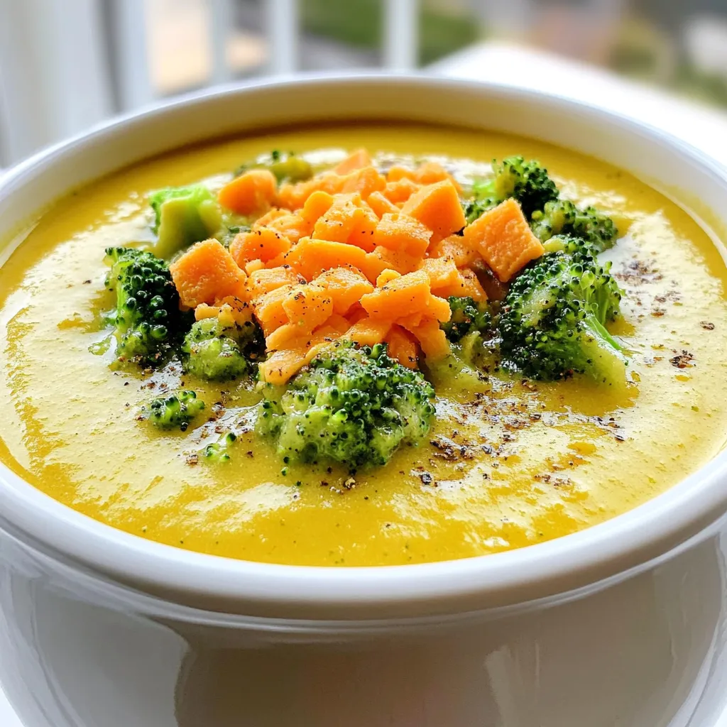 - 4 cups fresh broccoli florets - 1 medium onion, finely chopped - 3 cloves garlic, minced - 2 cups carrots, peeled and diced - 3 cups low-sodium vegetable broth - 1 cup heavy cream - 1 teaspoon dried thyme - 1 teaspoon freshly ground black pepper - 1½ cups sharp cheddar cheese, freshly shredded - Salt to taste - Optional toppings: Croutons and extra shredded cheddar To make a great creamy cheddar broccoli soup, you need fresh, vibrant ingredients. Start with four cups of broccoli florets. They add color and nutrition. Then, chop one medium onion finely. This will give your soup a sweet base. Next, mince three cloves of garlic. Fresh garlic brings a strong flavor that enhances the soup. Carrots add sweetness and texture. Use two cups of peeled and diced carrots. They should be cut small so they cook well. For your soup's liquid base, grab three cups of low-sodium vegetable broth. This keeps the flavors bright and balanced. Add one cup of heavy cream for that rich, creamy finish. Spice your soup up with one teaspoon of dried thyme and one teaspoon of freshly ground black pepper. These seasonings add depth. Finally, use one and a half cups of freshly shredded sharp cheddar cheese. It melts beautifully and gives a strong cheese flavor. Don’t forget to add salt to taste. Optional toppings like croutons and extra shredded cheddar cheese can make your soup even more delightful. With these ingredients, you’re ready to create a comforting bowl of creamy cheddar broccoli soup! Start by chopping your veggies. You need 4 cups of fresh broccoli florets. Cut them into bite-sized pieces. Next, finely chop one medium onion. Then, peel and dice 2 cups of carrots into small cubes. Lastly, mince 3 cloves of garlic. Set all these ingredients aside. For the broth, choose 3 cups of low-sodium vegetable broth. This keeps the soup light and flavorful. Now, it’s time to use the slow cooker. First, add the broccoli, onion, garlic, and carrots into the pot. Sprinkle one teaspoon of dried thyme over the veggies. This adds a nice herbal flavor. Pour in the vegetable broth, covering the vegetables completely. Next, season with one teaspoon of freshly ground black pepper and salt to taste. Stir gently to mix everything. Cover the slow cooker with its lid. Set it to cook on low for about 4 to 5 hours. Check if the veggies are tender. They should pierce easily with a fork. Once the cooking time is up, it’s blending time! Use an immersion blender to puree the soup directly in the slow cooker. If you want a super smooth texture, you can use a stand blender. Just be careful with the hot liquid. After the soup is creamy, add 1½ cups of freshly shredded sharp cheddar cheese and 1 cup of heavy cream. Stir well until the cheese melts and everything is creamy. Taste your soup and adjust the salt and pepper if needed. Serve hot in bowls. Top with croutons and some extra cheese for a delicious finish. Enjoy! To make your soup shine, adjust the seasonings. You can add a bit more thyme for an earthier taste. If you like heat, try adding a pinch of cayenne. Always taste before serving. This way, you can add salt or pepper to suit your liking. Avoid overcooking the vegetables by checking them often. Set a timer for 4 hours. Use a fork to test if they are tender. If they are soft but not mushy, you’re ready to blend. Using an immersion blender is simple and quick. You can blend right in the slow cooker. This method saves time and reduces cleanup. If you prefer a stand blender, let the soup cool first. Be careful not to fill it too full to avoid spills. For that perfect smooth texture, blend until there are no chunks left. If you want it creamier, blend a bit longer. You can always add more cheese and cream after blending. Pair your soup with crusty bread or a fresh salad. This adds texture and balances the meal. A light vinaigrette salad works well alongside the creamy soup. Garnish your bowls with croutons for crunch. A sprinkle of extra cheddar cheese on top adds a nice visual touch. Fresh herbs, like parsley, can also brighten up your dish. Enjoy your creamy cheddar broccoli soup! {{image_4}} You can add proteins to boost flavor and make the soup heartier. Chicken is a great choice. Cooked and shredded chicken works well. Just stir it in after blending the soup. Bacon also adds a nice crunch. Cook and crumble it on top before serving. If you want a vegetarian option, try adding cooked lentils or chickpeas. These options give you protein without meat. They blend well with the soup's creamy texture. You might want a lighter soup. To do this, use half-and-half instead of heavy cream. This keeps the soup rich without being too heavy. For a vegan option, use coconut milk. It adds creaminess and a hint of sweetness. If you're avoiding dairy, consider cashew cream. Blend soaked cashews with water. This mix mimics the creaminess of heavy cream without the dairy. Spices and herbs can take your soup to the next level. Add a pinch of cayenne pepper for heat. You can also try rosemary or basil for a fresh twist. Changing the cheese is another way to enhance flavor. Gouda or Monterey Jack can add a smoky taste. Mixing cheeses like cheddar and mozzarella gives a unique flavor and texture. Experiment with what you love! To store leftover soup properly, let it cool first. This step helps keep the texture right. Use airtight containers to prevent spills and keep the soup fresh. Glass or BPA-free plastic containers work best. For freezing, choose containers that are safe for the freezer. Use freezer bags or rigid containers with tight lids. These options save space and protect the soup from freezer burn. When reheating, aim to keep the creamy texture. For the microwave, use a microwave-safe bowl. Heat it in short bursts, stirring in between. This helps the soup heat evenly. If you prefer the stovetop, pour the soup into a pot. Heat it over low to medium heat. Stir often to avoid sticking. This way, you maintain that rich, creamy mouthfeel. Your soup can last up to three months in the freezer. If stored well, it keeps its flavor and texture. To thaw, move the soup from the freezer to the fridge overnight. For quicker thawing, place the container in cold water. This method is safe and fast. After thawing, reheat it as described above to enjoy it again. You can add heat to your soup in a few ways. One option is to mix in red pepper flakes. Start with a small amount and add more to taste. Another choice is to use diced jalapeños. These will give the soup a nice kick. You could also try adding hot sauce for a tangy flavor. Just remember to adjust other seasonings to balance the heat. Yes, you can use frozen broccoli. It saves time and is easy to find. However, frozen broccoli can change the texture a bit. It may become softer than fresh broccoli after cooking. This may result in a creamier soup. The flavor will still be good, so it’s a great option if you’re in a pinch. Yes, you can make the soup dairy-free. Use coconut milk or almond milk instead of cream. For cheese, try a dairy-free cheddar or nutritional yeast. These swaps will keep the soup creamy and tasty. Just be sure to check labels for allergens if needed. This soup can last in the fridge for about 3 to 4 days. Make sure to store it in an airtight container. Always check for signs of spoilage before eating. If you notice any off smells or mold, it’s best to toss it out. Yes, you can double the recipe easily. Just make sure your slow cooker can hold all the ingredients. Cooking time may stay the same, but check for doneness. You can always blend in batches if needed. Enjoy sharing this delicious soup with friends and family! This blog post outlines how to make a tasty and easy soup. We covered fresh veggies, broth, and cheese, plus key tips for cooking and serving. I shared methods for blending and even variations for flavor and texture. Remember, you can customize this recipe to fit your taste and dietary needs. Enjoy creating a delicious soup that warms the soul and brings smiles to the table. Happy cooking!