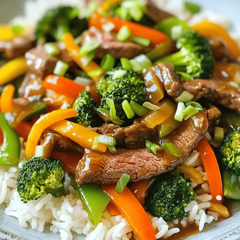 - 1 lb beef sirloin, thinly sliced against the grain - 4 cloves garlic, finely minced - 2 tablespoons fresh ginger, finely grated - 1 bell pepper, sliced into thin strips - 1 cup fresh broccoli florets - 2 medium carrots, peeled and julienned - 2 green onions, chopped into small pieces - 1 tablespoon soy sauce - 1 tablespoon oyster sauce or hoisin sauce - 1 teaspoon sesame oil - Salt and black pepper, to taste - Jasmine rice - Optional garnishes, like green onions or sesame seeds In this garlic ginger beef stir fry, the main ingredients create a fresh and vibrant dish. The beef sirloin adds richness, while garlic and ginger bring bold flavors. Fresh vegetables like bell peppers, broccoli, and carrots add crunch and color. The sauces and seasonings tie everything together. Soy sauce gives a salty depth, while oyster sauce adds sweetness and umami. Sesame oil adds a nutty finish. Don't forget salt and black pepper to enhance the taste. Serve your stir fry over jasmine rice. The rice soaks up the sauce and balances the meal. You can also add garnishes like green onions or sesame seeds for a nice touch. This dish is perfect for a fast and tasty dinner. To make garlic ginger beef stir fry, I start by slicing the beef sirloin. Take 1 pound of beef sirloin and slice it thinly against the grain. This helps make the beef tender. Next, I wash and slice the bell pepper into thin strips. I also julienne the carrots and cut the broccoli into small florets. I set all the vegetables aside. This way, they are ready when I need them. For the beef marinade, I mix a few ingredients. In a medium bowl, I add the sliced beef, 1 tablespoon of soy sauce, 1 tablespoon of oyster sauce, and a sprinkle of salt and black pepper. I mix everything well to cover the beef. Then, I let it marinate for about 15 minutes. This adds a lot of flavor to the beef. First, I heat a large skillet over medium-high heat. I add 2 tablespoons of vegetable oil and wait until it shimmers. This means the oil is hot enough. I carefully add the marinated beef in a single layer. I let it sear for 2-3 minutes without stirring. This forms a nice brown crust. Afterward, I stir-fry the beef for another 2-3 minutes until it's cooked through. I then remove the beef and set it aside on a plate. Next, I use the same skillet for the vegetables. I add 4 cloves of minced garlic and 2 tablespoons of grated ginger. I stir-fry this for about 30 seconds until it smells good. Then, I toss in the sliced bell pepper, 1 cup of broccoli florets, and 2 julienned carrots. I stir-fry the veggies for 4-5 minutes. I want them to be crisp but tender. Finally, I return the beef to the skillet. I drizzle 1 teaspoon of sesame oil over everything and toss the mixture for another minute. This allows the flavors to blend together nicely. Marinating is key to a great stir fry. It helps the beef soak up all the flavors. For this recipe, mix the beef with soy sauce and oyster sauce. Let it sit for about 15 minutes. This simple step makes a big difference in taste. To keep the beef tender, slice against the grain. This means cutting the beef in the opposite direction of the fibers. Thin strips cook faster and stay juicy. Avoid overcooking the beef; it should be just right when you remove it from the heat. I recommend using a large skillet or a wok. A good wok heats evenly and makes it easy to stir. If you use a skillet, ensure it has a non-stick surface. This helps prevent the beef and veggies from sticking. Heat the pan until the oil shimmers before adding any ingredients. Plating your garlic ginger beef stir fry can make it more appealing. Start with a base of jasmine rice on the plate. Then, add the stir fry on top. Garnish with chopped green onions for a pop of color. This not only looks great but adds fresh flavor. A well-presented dish makes every meal feel special. {{image_4}} You can swap beef for chicken or tofu. Chicken is a great option for a lighter meal. It cooks quickly and takes on flavors well. Just slice it thin and marinate the same way. Tofu is perfect for a vegetarian twist. Use firm tofu, press it to remove excess water, then cut it into cubes. Marinate it like you would the beef. Both options are tasty and healthy. You can mix up the veggies in this stir fry. Try snap peas, zucchini, or bell peppers. They add color and crunch. Mushrooms add a nice umami flavor. You can even use frozen stir-fry blends for quick prep. Just remember to adjust cooking times for different vegetables. Keep them crisp for the best texture. If you want to make your own sauces, it’s easy! For a homemade oyster sauce, mix soy sauce, a bit of sugar, and cornstarch for thickness. For hoisin sauce, blend soy sauce, peanut butter, and a dash of vinegar. These will add great flavor to your dish. Experiment with these sauces to find your favorite taste! You can keep your garlic ginger beef stir fry in the fridge for about 3 days. Make sure to store it in an airtight container. This keeps the flavors fresh and helps it last longer. Before eating, just reheat the stir fry in a pan until hot. To freeze this meal, let it cool first. Then, place it in a freezer-safe bag or container. It can last up to 3 months in the freezer. When you want to eat it, thaw it in the fridge overnight. Reheat it in a skillet over medium heat. Add a splash of water or broth to keep it moist. You can make this dish ahead of time for busy days. Cook it fully and store it in your fridge. This makes it easy to grab a meal when you're in a rush. You can also prep the beef and veggies separately. Marinate the beef and chop the veggies in advance. Just stir-fry them when you’re ready to eat. This saves time and keeps your meal fresh. Yes, you can use frozen beef for this recipe. Just make sure to thaw it first. Thawing helps the beef slice easily. Thin slices cook faster and taste better. After thawing, pat the beef dry with a paper towel. This step helps it sear nicely in the pan. If you don’t have time to thaw, you can cook it straight from frozen. Just increase the cooking time and check for doneness. Yes, you can easily make this dish gluten-free. Simply swap the soy sauce for a gluten-free version. Many brands now offer gluten-free soy sauce. You can also use tamari, which is a great substitute. For the oyster sauce, look for gluten-free options or use hoisin sauce. Always check the labels to ensure they fit your needs. Garlic ginger beef stir fry pairs well with several side dishes. Here are some great options: - Steamed jasmine rice - Fried rice with vegetables - Quinoa for a healthy twist - A simple green salad for freshness - Egg rolls for a crunchy snack These sides add variety and balance to your meal. Enjoy mixing and matching to find your favorite pairings! This blog post covered everything you need for a great garlic ginger beef stir fry. We discussed the main ingredients, sauces, and step-by-step instructions. I shared tips for best flavor and presentation, as well as storage methods. You can switch up the proteins or veggies to keep it fresh. Remember, marinating your beef makes a big difference. Enjoy your cooking adventure, and don’t be afraid to make it your own! This dish is not just a meal; it’s a simple way to bring joy to your table.