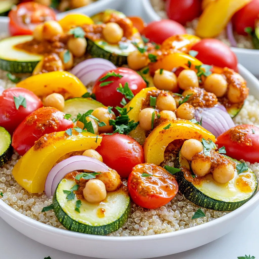 To make Sheet Pan Spicy Harissa Veggie Bowls, you will need: - 1 medium zucchini, sliced into half-moons - 1 red bell pepper, diced into bite-sized pieces - 1 yellow bell pepper, diced into bite-sized pieces - 1 medium red onion, sliced into thin wedges - 1 cup cherry tomatoes, halved - 1 can (15 oz) chickpeas, drained and rinsed - 3 tablespoons harissa paste - 2 tablespoons extra virgin olive oil - 1 teaspoon garlic powder - 1 teaspoon smoked paprika - Salt and pepper to taste - Fresh parsley, chopped (for garnish) - Cooked quinoa or couscous (for serving) These ingredients create a colorful and hearty dish. The harissa paste gives the veggies a spicy kick, while the chickpeas add protein. You can customize your bowls with some tasty garnishes: - Avocado slices for creaminess - Feta cheese for a salty touch - Lemon zest for a fresh burst - Toasted nuts or seeds for crunch These extras make your meal more fun and flavorful. Feel free to mix and match based on what you enjoy. Each serving packs a nutritious punch. Here’s a quick look at what you get: - High in fiber from the veggies and chickpeas - Rich in vitamins A and C from the peppers and zucchini - Good source of plant-based protein from the chickpeas - Healthy fats from the olive oil This dish is not only tasty but also good for you. Enjoying these bowls supports a balanced diet and keeps you feeling great. Start by gathering your ingredients. You will need one medium zucchini, one red bell pepper, one yellow bell pepper, one medium red onion, one cup of cherry tomatoes, and one can of chickpeas. For flavor, grab harissa paste, olive oil, garlic powder, smoked paprika, salt, and pepper. Fresh parsley will add a nice touch for garnish. Next, preheat your oven to 425°F (220°C). This is key for roasting your veggies evenly. While the oven heats, slice the zucchini into half-moons and dice the bell peppers into bite-sized pieces. Cut the red onion into thin wedges and halve the cherry tomatoes. Drain and rinse the chickpeas, setting everything aside in a large mixing bowl. In a small bowl, mix the harissa paste, olive oil, garlic powder, smoked paprika, and a pinch of salt and pepper. Stir until combined. Drizzle this spicy mixture over your vegetables and chickpeas in the large bowl. Use a spoon or spatula to toss everything together. Make sure each piece is coated well. Now, line a large sheet pan with parchment paper for easy cleanup. Spread the veggie mixture evenly across the pan in a single layer. This helps them roast nicely. Place the pan in the oven and roast for 25-30 minutes. Stir the veggies halfway through for even cooking. You want them to be tender and slightly charred for the best flavor. While the veggies roast, cook your quinoa or couscous according to the package instructions. Fluff it up and set it aside. Once the vegetables are done, take the pan out of the oven and let it cool for a few minutes. To serve, start with a scoop of quinoa or couscous in a bowl. Top it with the vibrant roasted veggies. Finish with a sprinkle of fresh parsley for color and flavor. Enjoy your meal warm, and feel free to add a drizzle of olive oil or extra spices for an extra touch! To get the best roasted veggies, cut them evenly. This ensures they cook at the same rate. Spread them out on the pan. If they are crowded, they will steam instead of roast. Stir them halfway through cooking. This promotes even browning and flavor. Look for a golden color. This means they are ready and full of flavor. Here are some tools that will make your cooking easier: - Large mixing bowl - Sheet pan or baking tray - Parchment paper for easy cleanup - Spatula or spoon for mixing - Sharp knife for cutting veggies Having the right tools helps you work faster and more efficiently. Harissa has a unique spice level. If you like it spicy, use more harissa paste. For a milder taste, reduce the amount. You can also add other spices to change the flavor. Try cumin or coriander for more depth. Always taste as you go. This way, you can adjust to your preferred heat level. {{image_4}} You can swap in any veggies you like for this recipe. Try using eggplant, carrots, or sweet potatoes. Broccoli and cauliflower also work great. Each veggie brings a unique taste and texture. This makes the dish even more fun. Just remember to cut them into similar sizes so they cook evenly. Want to boost the protein? Add cooked chicken, shrimp, or tofu. Chickpeas are great, but you can use black beans or lentils too. If you prefer seafood, salmon or cod pairs nicely. These additions make the meal more filling and nutritious. They also add different flavors to the bowl. You can switch out quinoa or couscous for other grains. Brown rice or farro adds a chewy texture. Cauliflower rice is a great low-carb option. If you prefer a lighter base, use leafy greens like spinach or kale. Each base brings its own character to the dish. Choose what you enjoy the most! To keep your Sheet Pan Spicy Harissa Veggie Bowls fresh, use airtight containers. Allow the veggies to cool before you store them. This helps prevent moisture buildup. If you have leftover quinoa or couscous, store it separately. This keeps everything fresh and tasty. When you’re ready to enjoy leftovers, preheat your oven to 350°F (175°C). Spread the veggies on a baking sheet. Heat them in the oven for about 10-15 minutes. This warms them evenly and keeps them crispy. You can also microwave them in a bowl for about 2-3 minutes. Just cover the bowl to retain moisture. In the fridge, your veggie bowls last for about 3-4 days. If you want to store them longer, consider freezing. Place the cooled veggies and grains in freezer-safe bags. They can last up to 3 months in the freezer. Just remember to label the bags with the date! When ready, thaw overnight in the fridge and reheat. Harissa is a spicy paste from North Africa. It mixes chili peppers, garlic, and spices. I love using harissa in this recipe for its bold flavor. It adds a kick to the veggies while keeping them healthy. You can use it in dips, dressings, or marinades. It’s great for adding heat to soups and stews too. Just remember, a little goes a long way! Yes, you can prep the veggies a day before. Chop the zucchini, peppers, onion, and tomatoes. Store them in the fridge. You can also mix the harissa sauce in advance. Just keep it in a sealed jar. On cooking day, combine the veggies and sauce, then roast. It saves you time and makes meal prep easy. Veggie bowls are super flexible! Serve them over cooked quinoa or couscous, as I do in this recipe. You can also top them with fresh herbs like parsley. Adding a drizzle of olive oil or a squeeze of lemon brightens the flavors. For more protein, include grilled chicken or tofu. You can mix in nuts or seeds for crunch, too. Enjoy your colorful, tasty meal! This blog post outlined the best ways to prepare and enjoy roasted vegetables. We covered key ingredients, step-by-step instructions, and helpful tips. You learned about variations, storage methods, and common questions. Remember that roasting brings out unique flavors and textures. Don’t hesitate to experiment with your favorite veggies or spices. Enjoy your healthy meals, and share these ideas with others. With practice, you'll master the art of roasting!