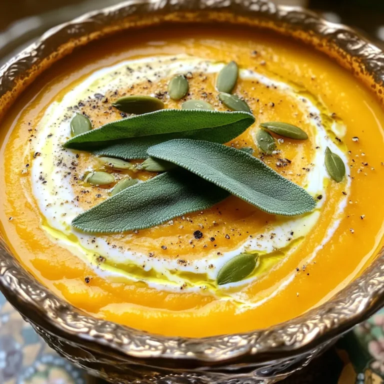 To make a tasty butternut squash bisque, gather these main ingredients: - 1 medium butternut squash, peeled and cubed - 1 medium onion, diced - 2 cloves garlic, minced - 4 cups vegetable broth - 1 can (13.5 oz) coconut milk These ingredients create a creamy and rich base for your bisque. The butternut squash gives a sweet and nutty flavor, while the coconut milk adds creaminess. Next, add these seasonings and aromatics for extra flavor: - 1 teaspoon ground nutmeg - 1 teaspoon ground cinnamon - 2 tablespoons olive oil - Salt and pepper to taste - 10 fresh sage leaves - 1 tablespoon lemon juice Nutmeg and cinnamon bring warmth to the dish. Sage adds a lovely herbal note, and lemon juice brightens up the flavors. For a final touch, consider these optional garnishes: - Pumpkin seeds Sprinkling pumpkin seeds on top adds a nice crunch. It also makes your bisque look more inviting. Enjoy creating this delightful dish! Start by heating two tablespoons of olive oil in a large pot over medium heat. When the oil shimmers, add one medium diced onion. Sauté it for about five minutes until it turns soft and clear. Next, add two minced garlic cloves. Cook for one more minute. Make sure not to burn the garlic; it can turn bitter. Now, add one medium butternut squash, peeled and cubed, into the pot. Pour in four cups of vegetable broth. Sprinkle in one teaspoon each of ground nutmeg and cinnamon. Turn up the heat until the mix boils. Once boiling, lower the heat. Let it simmer for 20-25 minutes, or until the squash is tender enough to pierce with a fork. After the squash is soft, take the pot off the heat. Use an immersion blender to blend the soup until it’s smooth. If you don’t have one, carefully transfer the soup in batches to a blender. Blend until smooth, then return it to the pot. Heat the bisque again and stir in one can of coconut milk and one tablespoon of lemon juice. Season with salt and pepper to taste. Warm it through for another five minutes. To make the crispy sage, heat one teaspoon of olive oil in a small pan over medium heat. Add ten fresh sage leaves and cook for about one to two minutes. The leaves should turn crispy and bright green. Move them to a plate lined with paper towels to drain off excess oil. Now your bisque is ready to be served! Ladle it into bowls and top with crispy sage leaves. For extra crunch, you can sprinkle some pumpkin seeds on top. Enjoy this warm and creamy delight! For a rich and creamy bisque, use coconut milk. This adds a lovely smoothness. Blend the soup until it is very smooth. If you want it silkier, strain it through a fine mesh. Adding nutmeg and cinnamon gives warmth and depth. One mistake is not cooking the squash long enough. Always check if it's fork-tender before blending. Another error is overcooking the garlic. It should smell good, not burn. Season with salt and pepper at the end for best flavor. Use a large pot for cooking the soup. A good immersion blender makes blending easy. If you don’t have one, a standard blender works too. You’ll also need a small pan for the crispy sage. A sharp knife and cutting board are must-haves for prep. {{image_4}} You can mix it up with different flavors. Try adding a hint of ginger for warmth. For more depth, consider using apple or pear. You might also swap in different squashes, like acorn or kabocha. Each choice changes the taste while keeping it cozy and sweet. This bisque is easy to make vegan. Use vegetable broth instead of chicken broth. Coconut milk is already vegan, so you’re set there. For added creaminess, try cashew cream or almond milk. You can also add nutritional yeast for a cheesy flavor without dairy. In fall, use fresh herbs like thyme or rosemary for extra flavor. In spring, add fresh peas for a pop of color and sweetness. You can even toss in roasted carrots for a touch of earthiness. Each season brings new tastes, making this bisque fun to adapt. To keep your butternut squash bisque fresh, store it in airtight containers. Cool the bisque to room temperature before sealing it. This helps prevent condensation, which can make the soup watery. It stays good in the fridge for about three to four days. When you’re ready to enjoy your leftovers, pour the bisque into a pot. Heat it over medium-low heat, stirring often. This helps it warm evenly. You can also use the microwave, but stir it halfway through. Heat until it reaches your desired temperature. If you want to save some bisque for later, freezing is a great option. Pour the cooled bisque into freezer-safe bags or containers. Leave some space at the top for expansion. It can stay in the freezer for up to three months. To thaw, move it to the fridge overnight or use the defrost setting on your microwave. Reheat as mentioned above before serving. Butternut squash bisque comes from French cuisine. Bisque is a creamy soup, often made with seafood. This recipe uses butternut squash as the main star. It has roots in autumn harvest traditions, celebrating fall flavors. Farmers would often use squash in soups, showing off their crops. Yes, you can make butternut squash bisque ahead of time. The flavors deepen as it sits. Store it in an airtight container in the fridge for up to three days. Reheat gently on the stove before serving. This makes it perfect for busy weeknights or gatherings. To spice up your bisque, add a pinch of cayenne pepper. You can also use crushed red pepper flakes. For a fresh kick, try adding diced jalapeño peppers. Stir in these spices while cooking to let the heat bloom. Adjust to your taste, and enjoy the warmth! Pair your bisque with crusty bread or a fresh salad. A side of grilled cheese also complements the soup well. For a touch of elegance, serve with a light, crisp white wine. Don't forget to sprinkle pumpkin seeds on top for crunch! This article covered how to make butternut squash bisque. You learned about the main ingredients, seasonings, and optional garnishes. I shared step-by-step instructions for preparation, cooking, blending, and finishing the bisque. Tips for a creamy texture and common mistakes were also discussed. We explored variations, storage tips, and answered common questions. Now you have the tools to create a delicious bisque at home. Enjoy your cooking!