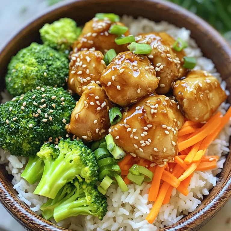 - 2 cups cooked jasmine rice - 1 lb chicken breast, cut into bite-sized pieces - 3 tablespoons sesame oil - 4 cloves garlic, minced - 2 tablespoons soy sauce - 2 tablespoons honey - 1 tablespoon rice vinegar - 1 tablespoon sesame seeds - 1 cup broccoli florets - 1 carrot, julienned - 2 green onions, sliced - Salt and pepper to taste When you gather your ingredients for these sesame garlic chicken rice bowls, make sure to choose fresh items. Fresh chicken will give you juicy bites. Jasmine rice adds a sweet touch. Sesame oil brings a nutty flavor that stands out. Garlic adds a strong aroma and taste. Honey balances the dish with sweetness. Rice vinegar adds a nice tang. - Large mixing bowl - Steamer basket - Large skillet - Measuring cups and spoons Using the right tools can make cooking easier. A large mixing bowl helps you combine your marinade well. A steamer basket cooks your veggies perfectly. A large skillet gives you enough space to cook the chicken evenly. - Bell peppers - Snap peas - Other proteins (tofu, shrimp) Feel free to mix in other veggies like bell peppers or snap peas. You can also swap chicken for tofu or shrimp if you want. These changes keep the meal fun and fresh. To start, take a medium bowl. Combine the chicken pieces with these ingredients: - 1 lb chicken breast, cut into bite-sized pieces - 3 tablespoons sesame oil - 4 cloves garlic, minced - 2 tablespoons soy sauce - 2 tablespoons honey - 1 tablespoon rice vinegar - Salt and pepper to taste Stir well so the chicken gets coated with the marinade. Cover the bowl and let it sit for at least 15 minutes. This helps the chicken soak up all the tasty flavors. While the chicken marinates, bring a pot of water to a boil. Place a steamer basket over the pot. Add these vegetables: - 1 cup broccoli florets - 1 carrot, julienned Cover and steam them for about 4-5 minutes. They should be bright and slightly tender but still have a nice crunch. Remove them from heat and set aside. Next, grab a large skillet and heat 2 tablespoons of sesame oil over medium-high heat. Once hot, add the marinated chicken pieces. Cook for about 6-8 minutes. Stir occasionally until the chicken is golden brown and cooked through. Make sure its internal temperature reaches 165°F (75°C) to ensure it's safe to eat. Now it's time to put everything together. Divide the cooked jasmine rice evenly among four bowls. Spoon the flavorful cooked chicken over the rice. Next, add equal portions of the steamed broccoli and carrots on top. For an extra kick, drizzle any remaining marinade from the skillet over the assembled bowls. To finish, sprinkle sesame seeds and sliced green onions over each bowl. Serve the rice bowls warm. I like to offer extra soy sauce on the side for those who want a little more flavor. Enjoy your tasty creation! To get the best flavor, marinate the chicken evenly. Mix the chicken with the sauce well. This helps every piece soak up the taste. Let it sit for at least 15 minutes. Using a meat thermometer is key. Cook the chicken until it reaches 165°F. This ensures your chicken is safe to eat. When cooking vegetables, steaming is the way to go. Steam them until they are bright and slightly tender. This keeps them crisp and colorful. Avoid overcooking; you want a nice crunch. This adds texture to your rice bowls. Adding sauces can enhance your dish. Try extra soy sauce or even a spicy sauce. Pair with more vegetables for added nutrition. Some bell peppers or snap peas can add great flavor. Get creative with your toppings! {{image_4}} You can change the protein in this dish easily. For a vegetarian option, use tofu. Firm tofu works best; just press it to remove extra moisture. Cut it into cubes and marinate just like chicken. It soaks up flavors well. For seafood lovers, shrimp is a great choice. Peel and devein fresh shrimp. Cook them in the same way as chicken, until pink and firm. Spice it up! Adding red pepper flakes can bring heat to your bowl. Start small; you can add more if you like it spicier. You can also play with soy sauce. Try using low-sodium soy sauce for less salt. Or, go for dark soy sauce for a richer flavor. Each option will change the taste in fun ways. If you want to mix it up, swap jasmine rice for brown rice or quinoa. Brown rice gives a nuttier taste and adds fiber. Quinoa is a protein-packed option, making it a smart choice. For a low-carb version, use cauliflower rice. Just pulse cauliflower in a food processor until it’s rice-sized. Sauté it lightly to keep it tasty and fresh. To store leftover rice bowls, let them cool first. Place the bowls in airtight containers. This keeps the flavors fresh and prevents spoilage. You can store them in the fridge for up to three days. Glass containers work well, as they don't stain and help you see the food inside. For freezing servings, use freezer-safe containers or heavy-duty freezer bags. Make sure to remove as much air as possible. This keeps the food safe and avoids freezer burn. You can freeze the rice bowls for up to two months. To reheat, thaw them in the fridge overnight or use the microwave on low. To reheat without losing flavor, warm them in a skillet over medium heat. Add a splash of water or broth to keep them moist. Cover with a lid to trap steam. Ensure the food reaches at least 165°F (75°C). This keeps it safe to eat and helps retain the tasty flavors you love. You can store these rice bowls in the fridge for up to three days. Use an airtight container to keep them fresh. After that, the chicken may lose its flavor and texture. Always check for any off smells before eating leftovers. Yes, you can marinate the chicken overnight. This will enhance both the flavor and texture. The longer it sits in the marinade, the more it absorbs the garlic and sesame flavors. Just be careful not to over-marinate, as it can make the chicken too soft. If you need to substitute sesame oil, you can use olive oil or avocado oil. These oils have a mild flavor. You can also add a bit of toasted sesame seeds for that unique taste. Peanut oil is another option, giving a different but nice flavor. Yes, this recipe is great for meal prep. You can cook everything in advance and store it in separate containers. Keep the rice, chicken, and vegetables in their own sections. This helps keep the rice fresh and prevents sogginess. Just reheat before eating. To make this dish gluten-free, use gluten-free soy sauce or tamari. You can also check that your rice vinegar is gluten-free. Always read labels to ensure all ingredients meet your dietary needs. Enjoy this tasty meal without worries! This recipe for Sesame Garlic Chicken Rice Bowls is simple and full of flavor. It covers everything from ingredients to storage. You can use chicken or try tofu or shrimp for variety. Remember to steam your veggies just right for a good crunch. Don't hesitate to mix in different sauces or rice options. With the right tools and tips, you can prepare a tasty dish. Enjoy your cooking adventure!
