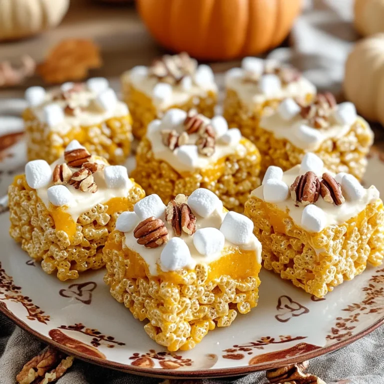 - 6 cups Rice Krispies cereal - 1 cup mini marshmallows - 1/2 cup pumpkin puree - 1/4 cup unsalted butter - 1 teaspoon pumpkin pie spice - 1/2 teaspoon vanilla extract - A pinch of salt - 1/2 cup white chocolate chips (optional) - 1/4 cup chopped pecans (for garnish, optional) When making Pumpkin Spice Rice Krispie Treats, use fresh ingredients for the best flavor. Rice Krispies cereal gives that classic crunch. Mini marshmallows add sweetness and a chewy texture. Pumpkin puree brings a rich, warm flavor. Unsalted butter helps everything blend smoothly. Pumpkin pie spice adds that cozy fall taste we love. A touch of vanilla extract enhances the overall flavor. Don’t forget the salt; it balances the sweetness. White chocolate chips are a nice touch, but they are optional. Chopped pecans make for a lovely garnish and add crunch. This list ensures you have everything you need to create these delightful treats. Each ingredient plays a role in making the treats fun and tasty. Gather these items and prepare for a joyful cooking experience! Melting the Butter Start by placing a large saucepan over medium heat. Add 1/4 cup of unsalted butter to the pan. Stir as it melts. You want it to become completely liquid but not brown. Mixing in Pumpkin Puree and Spices Once the butter is melted, add 1/2 cup of pumpkin puree. Stir in 1/2 teaspoon of vanilla extract and 1 teaspoon of pumpkin pie spice. Mix well. You'll notice a lovely aroma as it bubbles. This adds a warm flavor to your treats. Adding Marshmallows Next, add 1 cup of mini marshmallows to the pan. Keep stirring until they melt into the mixture. This should take just a few minutes. You want a smooth, glossy mix with no lumps. Achieving the Smooth Consistency Once the marshmallows melt, remove the pan from the heat. Add a pinch of salt. Stir it in to balance the sweetness. The mixture should be thick and creamy, ready for the Rice Krispies. Incorporating Rice Krispies Now it’s time to fold in 6 cups of Rice Krispies cereal. Use a spatula to gently mix. Make sure every piece gets coated in the sticky marshmallow-pumpkin blend. If you love extra sweetness, fold in 1/2 cup of white chocolate chips now. Transferring to Baking Pan and Pressing Carefully transfer the mixture to a greased 9x13 inch baking pan. Use your spatula or your hands to press it down evenly. If you find it sticky, lightly butter your hands first. For a fancy touch, sprinkle 1/4 cup of chopped pecans on top while it’s warm, pressing them in gently. Let the treats cool for at least 30 minutes before slicing them into squares. - Importance of Medium Heat: Always use medium heat when melting the butter. This helps prevent burning. The butter melts slowly, blending well with the pumpkin puree. You want a smooth blend, not a burnt one. - Ensuring Even Coating of Cereal: When mixing in the Rice Krispies, fold gently but thoroughly. This coats every piece in the marshmallow mixture. If you rush, some pieces may remain dry or hard. Take your time to ensure each piece shines with flavor. - Creative Serving Ideas: Serve your treats on a fun plate. You can stack them high for a tower of delight. Add mini marshmallows around the base for a festive touch. This makes your treats stand out at parties. - Garnishing with Pecans and Chocolate: Sprinkle chopped pecans on top while they are warm. This adds a crunchy texture and a nutty flavor. For a sweeter treat, drizzle melted chocolate over the top. Let it set before serving, and watch your guests smile. - What to Do if Mixture is Too Dry or Sticky: If your mixture feels too dry, add a splash of water or melted butter. Stir well to help it bind. If it is sticky, dampen your hands with a bit of water when pressing it into the pan. This makes handling easier and keeps your treats looking neat. {{image_4}} Using Different Cereal Types You can swap Rice Krispies with other cereals. Try using cornflakes for a crunch. Cheerios add a fun twist too. Each type brings its own taste and texture. Alternatives to White Chocolate Chips Not a fan of white chocolate? You can use dark chocolate chips instead. They add a rich flavor. Or try butterscotch chips for a sweet surprise. Adding Other Spices (e.g., Cinnamon) Pumpkin spice is great, but don’t stop there! Add a dash of cinnamon for warmth. Nutmeg can also bring a nice touch. Experiment to find your favorite blend. Incorporating Dried Fruits or Nuts You can mix in dried fruits like cranberries or raisins. They add sweetness and chewiness. Chopped nuts like walnuts or almonds give a nice crunch. This makes your treats even more fun! Holiday-Themed Add-ins Make these treats festive! During the holidays, add candy corn or festive sprinkles. They brighten up the dish and add color. It’s perfect for parties! Adjusting for Different Occasions You can change the flavors for special days. For a summer party, add lemon zest. For Halloween, mix in chocolate candies. Each occasion can inspire unique tastes! - Use an airtight container to keep your treats fresh. - Line the container with parchment paper for extra protection. - At room temperature, these treats last about 3 days. - In the fridge, they can stay good for up to a week. - If you freeze them, they can last for about 3 months. - To soften the treats, place a damp paper towel over them. - Microwave them for a few seconds, checking often. - Avoid heating too long, or they may get hard. Yes, you can make these treats ahead of time. These treats store well. To keep them fresh, place them in an airtight container. Store at room temperature for up to three days. If you want to keep them longer, you can freeze them. Wrap each treat in plastic wrap before placing them in a freezer bag. This method helps prevent freezer burn. When you want to enjoy them, just thaw at room temperature. Yes, these treats can be gluten-free. Rice Krispies are often made without gluten. However, check the label to be sure. Some brands may use gluten in their recipes. The other ingredients, like marshmallows and pumpkin puree, are naturally gluten-free. Always verify that your marshmallows do not contain gluten. If you want a gluten-free option, choose certified gluten-free Rice Krispies. You can use homemade marshmallows. They add a unique flavor to your treats. However, they might change the texture a bit. Homemade marshmallows are often softer than store-bought ones. This softness may make your treats chewier. If you want a firmer texture, use store-bought mini marshmallows. Either option will taste great in your Pumpkin Spice Rice Krispie Treats. These Rice Krispies treats blend pumpkin with classic flavors. We covered main ingredients like cereal and marshmallows, plus spices for a seasonal twist. You learned tips for mixing, pressing, and presenting these treats perfectly. Don't forget the variations and storage methods to keep them fresh. Incorporating your choice of spices or nuts can make a big difference. Enjoy making these treats for any occasion!