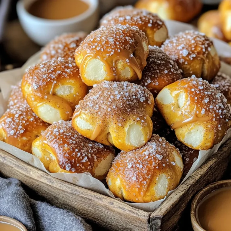 To make these tasty bites, gather the following: - 1 ½ cups warm water (110°F to 115°F) - 1 packet (2 ¼ tsp) active dry yeast - 1 tablespoon granulated sugar - 4 cups all-purpose flour - 1 teaspoon salt - ½ cup baking soda - ¼ cup unsalted butter, melted - 1 cup granulated sugar (for coating) - 2 tablespoons ground cinnamon - Flaky sea salt for sprinkling (optional) These ingredients form the base of our soft pretzel bites. The warm water activates the yeast, while the flour gives the bites their chewy texture. If you need to convert measurements, here are some tips: - 1 cup equals 8 fluid ounces. - 1 tablespoon equals 3 teaspoons. - For flour, spoon it into the measuring cup, then level it off with a knife. - Always measure dry and liquid ingredients separately for best results. These tips help ensure your pretzel bites turn out just right. Accurate measurements matter in baking. To enhance your pretzel bites, consider adding: - 1 teaspoon vanilla extract for sweetness. - ½ cup mini chocolate chips for a sweet twist. - ½ teaspoon nutmeg for a warm spice note. These extra ingredients can add a personal touch. Feel free to experiment! Start by mixing warm water, yeast, and sugar. Use 1 ½ cups of water at a nice warm temperature, around 110°F to 115°F. Add one packet of active dry yeast and one tablespoon of sugar. Stir the mix gently until the sugar and yeast dissolve. Let it sit for about 5 minutes. You want to see bubbles forming. This means your yeast is active and ready to go. In a large bowl, mix 4 cups of all-purpose flour and 1 teaspoon of salt. Once the yeast mixture is ready, pour it into the flour mix. Stir it with a wooden spoon until it forms a soft dough. Transfer the dough to a floured surface. Knead it for about 5 minutes. You want it to feel smooth and elastic. Shape it into a ball and place it in a greased bowl. Cover it with a towel, and let it rise in a warm spot for about 1 hour. It should double in size. When the dough has risen, punch it down gently to release air. Divide it into 12 equal pieces. Roll each piece into a rope about ½ inch thick. Cut each rope into 1-inch segments. You now have your pretzel bites ready to boil. In a large pot, boil 8 cups of water. Add ½ cup of baking soda to the boiling water. Drop a few pretzel bites in at a time. Boil them for about 30 seconds. Then, remove them and place them on a lined baking sheet. After boiling, brush each pretzel bite with melted butter. This adds flavor and helps the sugar stick later. In a bowl, mix 1 cup of granulated sugar with 2 tablespoons of ground cinnamon. Roll each pretzel bite in this sweet mix until fully coated. If you like, sprinkle some flaky sea salt on top for contrast. Preheat your oven to 425°F. Bake the pretzel bites for 12-15 minutes until golden brown and fragrant. Let them cool a bit before serving. Enjoy them warm for the best taste! Many people face issues when making pretzel bites. Here are some mistakes to watch out for: - Not using warm water: The water must be 110°F to 115°F. Too hot can kill the yeast. - Skipping the yeast proofing step: Letting the yeast sit is key. It should get frothy. - Over-kneading the dough: Knead just until smooth. Too much can make it tough. - Not boiling long enough: Boil for 30 seconds to get that classic pretzel taste. To get a soft and chewy pretzel bite, follow these tips: - Knead gently but thoroughly: Aim for a smooth, elastic dough. This helps with texture. - Let the dough rise properly: It should double in size. This makes them fluffy. - Use baking soda in the boiling water: This gives the bites their color and taste. Want to spice things up? Here are some fun ideas: - Add different spices: Try nutmeg or allspice in the sugar mix for a twist. - Use flavored butter: Infuse the melted butter with garlic or herbs for extra zest. - Dip in sauces: Serve with chocolate or caramel for a sweet treat. Cheese sauce works too! {{image_4}} For a sweet twist, try chocolate-covered cinnamon sugar pretzel bites. After baking, dip each bite in melted chocolate. You can use dark, milk, or white chocolate. Let the chocolate harden on a wire rack. This adds a rich layer of flavor to the sweet cinnamon sugar. Kids and adults alike will love this treat! If you want something cheesy, make savory cheese pretzel bites. Add shredded cheese to the dough while mixing. Cheddar or mozzarella works great. You can also sprinkle cheese on top before baking. These bites are perfect for cheese lovers. Serve them with mustard or ranch for extra flavor! For a gluten-free option, use gluten-free all-purpose flour. Make sure it has xanthan gum. Follow the same steps as the original recipe. The texture may be a bit different, but they will still taste amazing. You can enjoy these bites without worry. Pair them with your favorite dips for a fun snack! Once you enjoy your cinnamon sugar soft pretzel bites, store any leftovers in an airtight container. This keeps them fresh and soft. Let them cool completely before sealing. Store them at room temperature for 1 to 2 days. If you want them to last longer, consider freezing. To enjoy your pretzel bites again, you can reheat them easily. Preheat your oven to 350°F (175°C). Place the pretzel bites on a baking sheet. Heat them for about 5 to 10 minutes. This will restore their soft texture and warm flavor. You can also use a microwave, but they may lose some crunch. If you want to save some for later, freezing is a great option. First, let the pretzel bites cool completely. Then, place them in a single layer on a baking sheet. Freeze them for about 1 hour. After they are firm, transfer them to a freezer bag or container. Label it with the date. These can stay in the freezer for up to 3 months. When ready to eat, thaw them overnight in the fridge before reheating. Serve your pretzel bites warm for the best taste. I like to put them in a basket. You can line the basket with a pretty cloth. Add small bowls of melted chocolate or caramel for dipping. This makes for a fun snack at parties or family gatherings. To check your yeast, mix it with warm water and sugar. Let it sit for about 5 minutes. If it gets foamy and bubbly, your yeast is active. If it does not foam, the yeast may be too old or the water too hot. Yes, you can make the dough ahead of time. After kneading, cover it and store it in the fridge. You can keep it there for up to 24 hours. When ready, let it warm up and rise before boiling and baking. You can find ready-made pretzel bites at many grocery stores. Look in the frozen section or the snack aisle. Some bakeries also sell fresh pretzel bites. Check local shops for the best options. Making cinnamon sugar soft pretzel bites is fun and easy. You learned essential ingredients and how to measure them. The steps—mixing, kneading, shaping, and baking—bring your pretzels to life. I shared tips to avoid mistakes and enhance flavor. You can even explore fun variations like chocolate or savory cheese options. Store leftovers properly and reheating ensures the best taste. Now, it’s time to gather your ingredients and get baking! Enjoy your warm, tasty pretzels with friends and family.