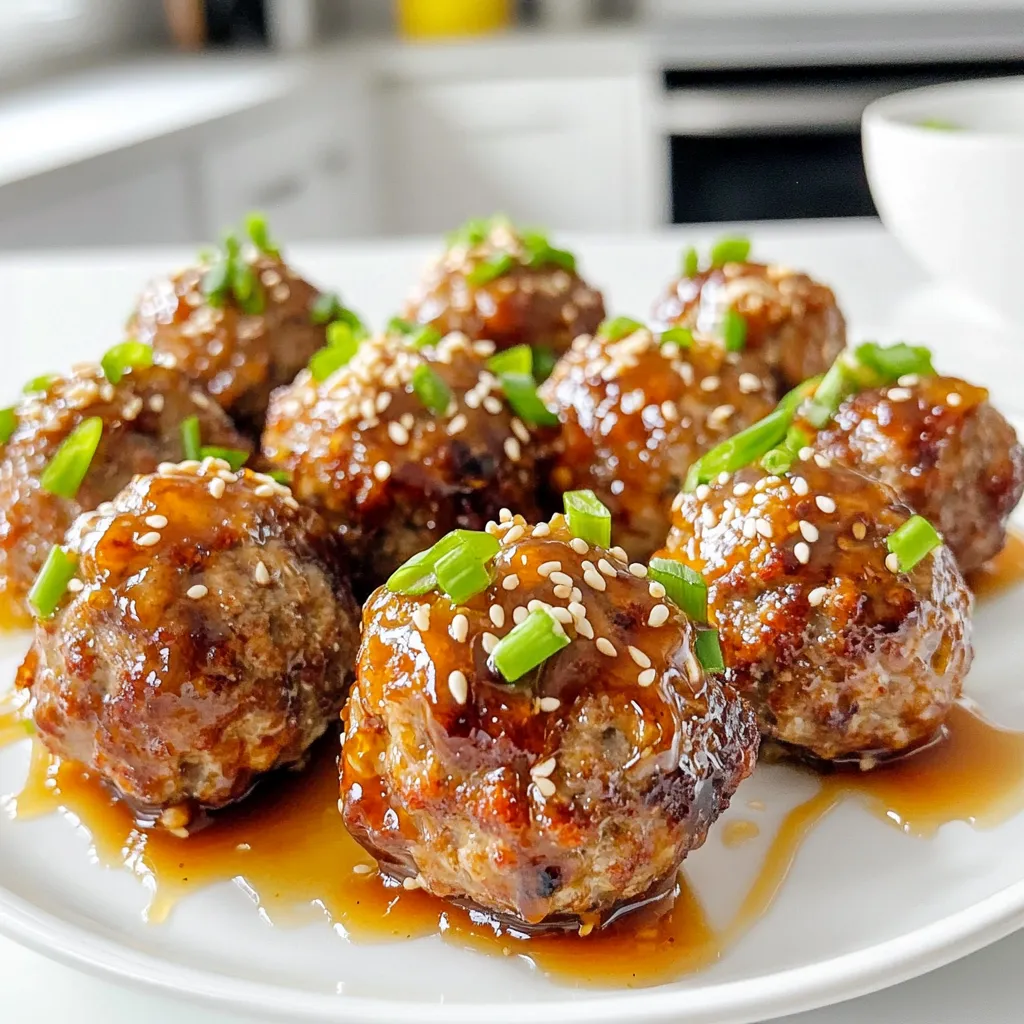To make Air Fryer Honey Garlic Meatballs, you need a few simple ingredients that blend well together. Here’s what you’ll need: - 1 lb ground chicken or turkey - 1/2 cup breadcrumbs (preferably panko for added crispiness) - 1/4 cup grated Parmesan cheese - 1/4 cup chopped fresh parsley - 1 large egg - 2 cloves garlic, minced - 1 teaspoon salt - 1/2 teaspoon freshly cracked black pepper - 1/2 teaspoon garlic powder - 1 tablespoon soy sauce - 1/4 cup honey - 1 tablespoon rice vinegar - 1 teaspoon sesame oil - Sesame seeds and sliced green onions for garnish Each ingredient plays a role in bringing flavor and texture to the dish. For example, the breadcrumbs help bind the meatballs. They add a nice crunch, especially when using panko. The honey gives a sweet touch, while soy sauce adds depth. Don’t skip the garlic; it brings a savory note that makes these meatballs irresistible. Using fresh parsley not only adds color but also a fresh taste. The egg binds everything together, ensuring your meatballs hold their shape. Feel free to adjust the seasonings to match your taste. This recipe is versatile and can easily adapt to what you have on hand. Start by gathering all your ingredients. In a large bowl, mix the ground chicken or turkey with breadcrumbs, Parmesan cheese, chopped parsley, egg, minced garlic, salt, black pepper, and garlic powder. Use your hands to blend everything well until it forms a smooth mixture. Now, shape the mixture into meatballs. Aim for about 1 inch in size. Place them on a clean plate or tray. Make sure they are not touching each other. This helps them cook evenly later. Next, preheat your air fryer to 375°F (190°C). Preheating is key. It helps the meatballs cook right away and get that nice golden crust. Once preheated, arrange the meatballs in the air fryer basket. Lay them in a single layer. For a crispy finish, lightly spray them with cooking spray. Cook for about 12-15 minutes. Halfway through, shake the basket gently. This turns the meatballs and helps them brown nicely. To check for doneness, use a meat thermometer. The internal temperature should hit 165°F (75°C) for safe eating. While the meatballs cook, it’s time to make the honey garlic sauce. In a small saucepan on medium heat, whisk together honey, soy sauce, rice vinegar, and sesame oil. Let this simmer for 3-5 minutes. Keep stirring until it thickens slightly and bubbles form. You want the sauce to be sticky but not too thick. It should coat the meatballs perfectly when you drizzle it on later. To keep your meatballs juicy, use fresh ingredients. Choose ground chicken or turkey with some fat. Fat helps maintain moisture during cooking. Mix in breadcrumbs, Parmesan, and parsley for extra flavor. The egg binds everything together. Don't overmix; this keeps the meatballs tender. A light spray of cooking oil helps create a crispy outer layer. Make sure to space out the meatballs in the air fryer. This allows hot air to circulate, cooking them evenly. Flip the basket halfway through cooking for even browning. You can add more flavor with simple seasonings. Try adding chili flakes for heat or ginger for a twist. Marinating the meatball mixture overnight can deepen the taste. Just cover and refrigerate the mixture to let the flavors blend. {{image_4}} You can switch up the ground meat for your honey garlic meatballs. Ground beef or pork works well. If you want a leaner option, try ground chicken or turkey. Each choice gives a different taste and texture. If you need a gluten-free option for breadcrumbs, use crushed gluten-free crackers. You can also use ground oats. Both alternatives hold the meatballs together nicely while keeping them tasty. To boost flavor, add spices like ginger or chili flakes. Ginger adds a warm, zesty kick, while chili flakes give some heat. You can adjust the amount based on your taste. You might also try different sauces. Instead of the honey garlic sauce, use teriyaki or sweet chili sauce. Each sauce brings a unique flavor to the meatballs, letting you explore new tastes. Pair your meatballs with sides for a complete meal. Steamed rice, quinoa, or roasted veggies work great. These sides complement the sweet and savory flavors of the meatballs. For a fun presentation at parties, serve the meatballs on a colorful platter. Use fresh parsley or greens as a base. You can also put toothpicks in each meatball for easy serving. This makes them perfect for gatherings or game days. To store leftover meatballs, let them cool first. Place them in an airtight container. This keeps them fresh and tasty. You can refrigerate them for up to three days. When ready to eat, simply reheat them in the air fryer or microwave. If you want to save meatballs for later, freezing is a great option. First, let them cool completely. Then, place them in a single layer on a baking sheet. Freeze them for about an hour. Once they are firm, transfer them to a freezer bag. Remove as much air as possible to prevent freezer burn. You can freeze them for up to three months. When you're ready to eat, take out the meatballs and reheat them. You can air fry them at 375°F (190°C) for about 10-12 minutes. They will heat through and regain their crispy texture. Properly stored, these meatballs will last in the fridge for three days. If frozen, they can last for up to three months. Always check for any signs of spoilage before eating. If they smell off or look strange, it's best to throw them away. Enjoy your delicious honey garlic meatballs while they are fresh! Yes, you can use other meats. Ground beef or pork works well too. If you want a healthier option, try ground lamb or even plant-based meat. Each will bring its own unique flavor. You can also mix meats for a fun twist. Check the internal temperature of the meatballs. They should reach 165°F (75°C) for safety. Use a meat thermometer for the best results. This temperature ensures they are cooked all the way through. If you don’t have a thermometer, cut one open and check for no pink inside. These meatballs pair great with many sides. Try serving them over rice or noodles for a filling meal. You can also add steamed vegetables for a colorful plate. For a lighter option, serve them with a fresh salad. They also make a great appetizer with toothpicks! Absolutely! You can prepare the meatball mixture the night before. Just cover it and store it in the fridge. When you're ready to cook, form the meatballs and air fry them. You can also cook them and store leftovers in the fridge for quick meals later. Reheat in the air fryer for the best results. In this post, we explored making delicious honey garlic meatballs. We covered essential ingredients, step-by-step instructions, and tips for juicy, crispy meatballs. You learned about variations and storage to keep them fresh. With these details, you can impress family and friends in the kitchen. Don't hesitate to experiment with flavors and sides to make this dish your own. Enjoy your cooking journey and happy eating!