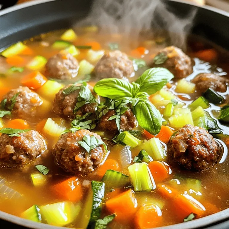 - 1 pound ground beef - 1/2 pound ground pork - 1/2 cup breadcrumbs - 1/4 cup grated Parmesan cheese - 1 large egg - 2 cloves garlic, minced - 1 teaspoon dried oregano - 1 teaspoon dried basil - 1 teaspoon salt - 1/2 teaspoon black pepper - 4 cups beef broth - 1 can (14 oz) diced tomatoes with juices - 1 cup carrots, diced - 1 cup celery, diced - 1 cup zucchini, diced - 1 cup fresh spinach or kale, roughly chopped In my experience, the combination of ground beef and pork creates the best flavor. The beef gives richness, while the pork adds tenderness. Fresh vegetables like carrots, celery, and zucchini bring color and nutrients. I love to add spinach or kale for a healthy boost. Aromatics like garlic, oregano, and basil make the soup smell amazing and taste authentic. - Fresh basil leaves for garnish - Crusty Italian bread for serving - Extra grated Parmesan cheese For garnish, fresh basil leaves add a pop of color and flavor. I often serve this soup with crusty Italian bread, which is perfect for dipping. A sprinkle of extra grated Parmesan on top makes it even better. These small touches elevate the dish and make it feel special. To start, gather your ingredients. In a large mixing bowl, combine the ground beef and ground pork. The mix of meats gives a rich flavor. Add the breadcrumbs, grated Parmesan cheese, egg, minced garlic, dried oregano, dried basil, salt, and black pepper. Mix everything well until it's all combined. This is the base for your meatballs, so take your time. Next, it's time to shape the meatballs. Use your hands to form small balls, about 1 inch in diameter. This size helps them cook evenly. Place the rolled meatballs on a plate and set them aside for later. Now, let’s cook the meatballs. In a large pot, heat a drizzle of olive oil over medium heat. Once the oil is hot, add the meatballs in batches. Do not overcrowd the pot. If you add too many at once, they won’t brown nicely. Cook them for about 5-7 minutes, turning occasionally. They should be golden brown all over. Once browned, remove them from the pot and set them aside. With the meatballs done, let’s build the soup. In the same pot, add diced carrots, diced celery, and diced zucchini. Sauté these vegetables for about 5-7 minutes. Stir them often until they soften and smell great. Next, pour in the beef broth. Then, add the can of diced tomatoes, juices included. Stir to combine everything and bring the mix to a gentle simmer. Now, return the browned meatballs to the pot. Cover with a lid and let it simmer for about 20 minutes. This lets the flavors blend beautifully. After 20 minutes, add the chopped spinach or kale. Cook for an additional 5 minutes until the greens are tender. This step adds color and nutrition to your soup. Now, your soup is almost ready. Taste it and adjust the seasoning with more salt and black pepper if needed. Enjoy the delicious aroma filling your kitchen! To make the best meatballs, mix ground beef and pork. This blend gives a rich taste. Add breadcrumbs to bind the meat. Grated Parmesan cheese adds flavor. Use one large egg to hold everything together. Keep your meatballs moist by not overmixing. Overmixing makes them tough. Shape the meatballs into one-inch balls. This size cooks evenly and stays juicy. Adjust seasoning to match your taste. If you like it spicy, add red pepper flakes. Start with a pinch and taste as you go. This way, you can control the heat. Fresh herbs can also boost flavor. Try adding chopped parsley or basil. They brighten the soup and make it fragrant. For a beautiful presentation, use rustic bowls. Ladle the soup in and top it with fresh basil leaves. This makes the dish look appetizing. Pair the soup with crusty Italian bread. Dip the bread into the soup for extra flavor. A sprinkle of extra Parmesan cheese on top adds a nice touch. Enjoy the warmth and comfort of your meal! {{image_4}} You can easily switch the meat in this soup. Try using turkey or chicken instead of beef and pork. Ground turkey has a lighter taste. Chicken adds a nice flavor too. Both options keep the soup tasty while cutting fat. For a vegetarian version, use lentils or plant-based meat. Lentils cook fast and add great texture. Plant-based meat can give you that familiar meatball feel without the meat. Feel free to change up the veggies in your soup. For instance, swap zucchini for squash or peas. Squash adds a sweet flavor, while peas give a pop of color. You can also add beans for protein and a hearty texture. Beans can make your soup more filling. They also work well with all the flavors. You can lighten the soup by using vegetable broth. This will keep the flavors bright and fresh. If you want to try something different, use fresh tomatoes instead of canned. Fresh tomatoes can give your soup a garden-fresh taste. Just chop them up and toss them in! To store leftovers properly, let the soup cool first. Then, pour it into an airtight container. This keeps the soup fresh and tasty. You can refrigerate it for up to four days. When you’re ready to eat, reheat it on the stove or in the microwave. Stir often to heat evenly. You can freeze this soup in portions. Use freezer-safe containers or bags. Freeze small amounts for quick meals later. Leave space at the top of containers since the soup expands. To thaw, place it in the fridge overnight. Reheat it on the stove or microwave until hot. The average shelf-life of the soup in the fridge is about four days. After that, check for signs it has gone bad. Look for an off smell or changes in color. If you see any mold, toss it immediately. Fresh ingredients and careful storage keep your soup delicious longer. Italian Meatball Soup lasts about 3 to 4 days in the fridge. Make sure to store it in an airtight container. This keeps it fresh and prevents odors from mixing. Always check for any signs of spoilage before eating. If it smells off or looks strange, it's best to toss it. Yes, you can make Italian Meatball Soup in advance. It’s great for meal prep! You can cook it one or two days before you plan to eat it. Just store it in the fridge. For longer storage, freeze it in portions. This way, you can enjoy it any time. Yes, using frozen vegetables is okay. They can save you time and add nutrition. However, they might lose some crunch. The flavor may change slightly, but the soup will still taste good. Just add them during the last few minutes of cooking to keep them tender. This Italian Meatball Soup combines rich flavors and fresh veggies. You learned about key ingredients, from the meat combo to herbs. The cooking steps guide you in making tasty meatballs and a hearty soup. I shared tips for enhancing flavor and offered fun variations to try. In the end, this soup is versatile and satisfying. Whether you want a quick meal or an easy make-ahead dish, you can enjoy it in many ways. Get creative and make this soup your own!