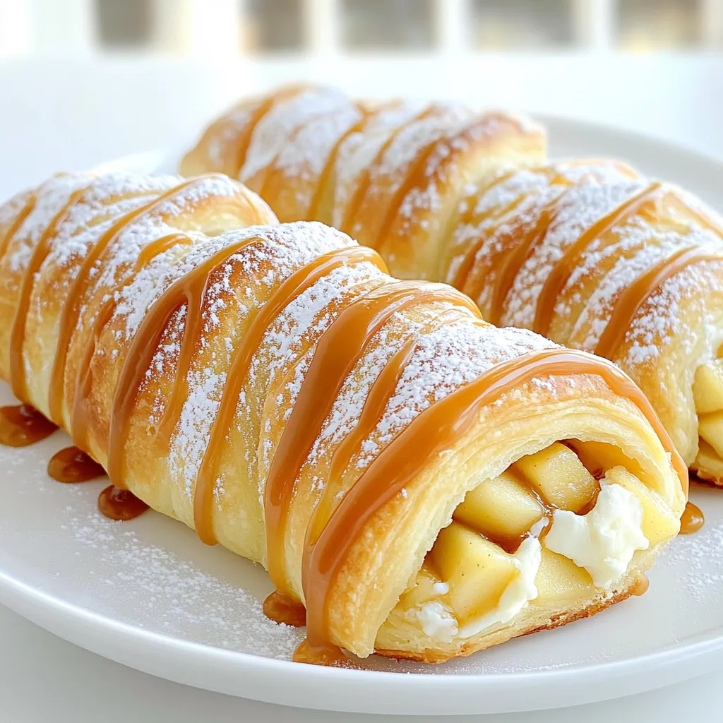 - 1 can of crescent roll dough - 1 package (8 oz) cream cheese, softened to room temperature - 1/2 cup granulated sugar - 1 teaspoon pure vanilla extract - 1 small sweet apple, peeled and diced (such as Honeycrisp or Fuji) - 1/4 cup caramel sauce (plus additional for drizzling on top) - 1/2 teaspoon ground cinnamon - 1/4 teaspoon freshly grated nutmeg - 1 egg, beaten (for egg wash) - 2 tablespoons powdered sugar (for final dusting) These ingredients create a delightful blend of flavors. The crescent roll dough gives a flaky texture, while the cream cheese adds creaminess. Sweet apples bring freshness. The spices, like cinnamon and nutmeg, give warmth. Finally, caramel sauce adds a rich sweetness. Using a good quality cream cheese is key. It ensures a smooth filling. Choose a sweet apple like Honeycrisp for the best taste. The spices should enhance, not overpower. This balance is important for a delicious dessert. 1. Preheating the oven: Start by preheating your oven to 375°F (190°C). This will get your oven ready for baking these tasty rolls. 2. Mixing the cream cheese filling: In a medium bowl, combine 8 ounces of softened cream cheese, 1/2 cup of sugar, and 1 teaspoon of vanilla extract. Mix until smooth. This creamy filling is the star of the dish. 3. Preparing the crescent dough: Open your can of crescent roll dough. Carefully separate it into individual triangles. This is where you will add your delicious filling. 1. Filling and rolling the crescent rolls: Take a generous tablespoon of your cream cheese mixture. Place it at the wide end of each triangle. Roll from the wide end to the tip, sealing the filling inside. Place each roll seam-side down on a lined baking sheet. 2. Applying the egg wash: Brush the tops of each roll with a beaten egg. This gives them a shiny, golden finish when baked. 3. Baking times and temperatures: Bake your rolls in the preheated oven for 12-15 minutes. Keep an eye on them. You want them puffed and golden brown, not burnt. After baking, let them cool slightly, then drizzle with caramel sauce and dust with powdered sugar. Enjoy your creation! - Cream cheese consistency: Start with soft cream cheese. Let it sit at room temperature for about 30 minutes. This makes mixing easy and smooth. You want it creamy, not chunky. Use a mixer or a whisk to blend well. - Flavor balance: Use granulated sugar to sweeten. The vanilla adds depth. Don’t forget the spices! Ground cinnamon and nutmeg bring warmth. The diced apple gives a fresh taste. Make sure each ingredient blends well for a balanced flavor. - Avoiding over-baking: Watch your rolls closely as they bake. They need about 12-15 minutes until golden brown. If they look done, take them out. Over-baked rolls can become dry and less tasty. - Ensuring even browning: Place your baking sheet in the center of the oven. This helps the rolls brown evenly. If you have multiple sheets, rotate them halfway through. This keeps the heat consistent and gives a perfect finish to every roll. {{image_4}} - Alternative sweeteners: You can swap granulated sugar for honey or maple syrup. This change adds a unique flavor. Use the same amount for sweetness. - Different apple varieties: Try using Granny Smith for a tart twist or Gala for extra sweetness. Each apple brings its own taste and texture, making the rolls special. - Additional spices or toppings: Add a pinch of ginger or cloves for extra warmth. You could also sprinkle on some sea salt to enhance the caramel flavor. - Adding nuts or chocolate: Chopped pecans or walnuts can add a nice crunch. For chocolate lovers, mini chocolate chips mixed into the filling will bring a delightful richness. Store your Caramel Apple Cheesecake Crescent Rolls in an airtight container. This keeps them fresh and tasty. Place a piece of parchment paper between layers to avoid sticking. You can keep them in the fridge for up to three days. To reheat, use the oven for the best texture. Set it to 350°F (175°C). Place the rolls on a baking sheet and cover them with foil. Heat for about 10-15 minutes. This helps keep them soft and warm. If you use a microwave, they may get soggy. Heat them on a plate for about 20-30 seconds. Check often to avoid overcooking. Enjoy your treats warm for the best flavor! Can I use puff pastry instead of crescent rolls? Yes, you can use puff pastry. Puff pastry gives a flaky texture. Cut the pastry into triangles. Fill and roll them like crescent rolls. Bake as directed. This will change the taste a bit, but it will still be tasty. How can I make this recipe gluten-free? To make it gluten-free, use gluten-free crescent roll dough. Many brands offer good options. Check labels to ensure they are safe. You can also use gluten-free puff pastry dough. The filling remains the same, so it will still taste great. Best accompaniments for the dessert Serve these rolls warm. They pair well with whipped cream or cinnamon. You can also add sliced apples for a fresh touch. A sprinkle of extra cinnamon on top looks nice too. Pairing with drinks or ice cream For drinks, hot apple cider is a great choice. You can also serve them with coffee or tea. If you want ice cream, vanilla or caramel flavors work best. They add a creamy element that complements the rolls. This recipe guides you through making delicious apple cheesecake crescent rolls. We discussed the key ingredients, easy steps for preparation, and helpful tips for a perfect bake. Remember to experiment with flavors and variations for a unique twist. Storing and reheating are simple, ensuring you enjoy every last bite. Happy baking! Your kitchen will smell amazing, and you’ll impress friends and family alike. Enjoy these tasty treats and make them your own!