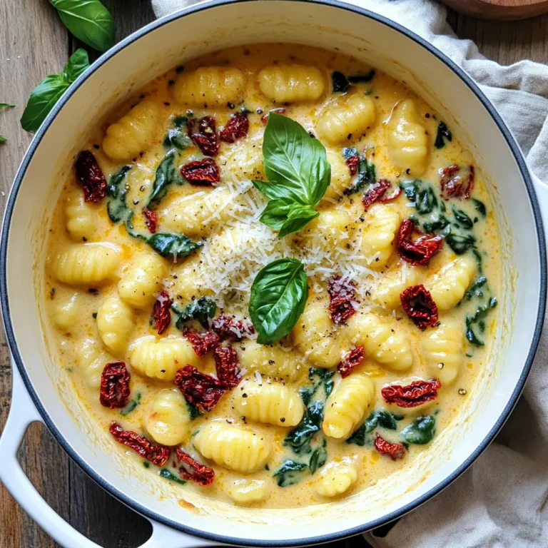 - 1 package (16 oz) potato gnocchi - 1 cup sun-dried tomatoes in oil, drained and finely chopped - 1 cup heavy cream - 1 cup vegetable broth - 1 cup fresh spinach, roughly chopped - 1/2 cup grated Parmesan cheese - 2 cloves garlic, minced - 1 teaspoon dried oregano - 1 teaspoon red pepper flakes (optional, adjust for heat preference) - Salt and freshly cracked pepper to taste - Fresh basil leaves for garnish Gather these ingredients to create a creamy sun-dried tomato gnocchi dish. The potato gnocchi serves as the base, giving the meal a fluffy texture. Sun-dried tomatoes add a burst of flavor. Heavy cream enriches the sauce, while vegetable broth provides depth. Fresh spinach adds color and nutrients, making the dish healthier. Parmesan cheese melts into the sauce, creating a rich finish. Garlic and oregano bring warmth and aroma. Red pepper flakes can add heat, but adjust this to your taste. Finally, salt and pepper enhance all the flavors. Don’t forget fresh basil leaves for the perfect garnish! First, heat a large pot over medium heat. Add the finely chopped sun-dried tomatoes and minced garlic. Cook them for about 2-3 minutes. You want the garlic to become fragrant. This step builds a tasty base for your dish. Next, pour in 1 cup of vegetable broth. Increase the heat to bring the mix to a gentle simmer. Once bubbling, it’s time to add the potato gnocchi. Cook for about 3-4 minutes. Stir gently until the gnocchi float to the top. This means they are done cooking. Now, lower the heat to medium-low. Gradually stir in 1 cup of heavy cream. Make sure it mixes well into the broth. This creates a creamy sauce. After that, add 1 cup of roughly chopped fresh spinach, along with 1 teaspoon of dried oregano and red pepper flakes if you like some heat. Cook for another 3-4 minutes. Stir often until the spinach wilts down. Lastly, stir in 1/2 cup of grated Parmesan cheese. This adds an extra layer of creaminess to the dish. Season with salt and freshly cracked pepper. Taste your dish and adjust the seasoning as needed. Let it rest for a few minutes. This helps the sauce thicken for a richer texture. To get that velvety texture, start with the right heat. Use medium-low heat when adding cream. This keeps it from curdling. Stir it well to blend it into the broth. Keep mixing until the sauce feels rich and smooth. Allow the sauce to thicken by letting it sit off the heat for a few minutes before serving. This helps all the flavors come together nicely. For a beautiful look, serve the gnocchi in deep bowls. This makes it easier to scoop up every bit. Add a fresh basil leaf on top of each bowl. It brightens the dish and adds color. A sprinkle of extra grated Parmesan cheese also enhances the visual appeal. The contrast of the creamy sauce with green basil and white cheese makes it inviting. Gnocchi types can vary, so adjust cooking times accordingly. If you use fresh gnocchi, it cooks faster than dried. Cook it only until it floats to the surface. This shows it's done. Stir gently to promote even cooking. This way, every gnocchi piece gets coated in that creamy sauce, ensuring a delicious bite every time. {{image_4}} You can easily change up the flavors in this dish. Adding proteins like chicken or shrimp boosts the taste and makes it heartier. Simply cook the protein first, then follow the recipe. For a veggie twist, add colorful vegetables like bell peppers, zucchini, or mushrooms. This not only enhances the flavor but also adds nutrition. Want to make it vegetarian or vegan? Swap heavy cream with coconut cream and use nutritional yeast instead of cheese. For gluten-free options, choose gluten-free gnocchi. Many brands offer great alternatives that taste just as good. You can mix it up with sauce choices as well. Try using different cheese types like mozzarella or goat cheese for unique tastes. If you want a lighter sauce, adjust the cream to milk ratios. Using half milk and half cream gives you a rich flavor without being too heavy. To keep your creamy sun-dried tomato gnocchi fresh, store it in the fridge. Place the leftover gnocchi in an airtight container. This helps prevent moisture build-up and keeps it tasty. Use a glass or plastic container with a tight lid. Avoid metal containers, as they can alter flavors. When you’re ready to enjoy leftovers, reheating is key. Heat the gnocchi in a pan over low heat. Add a splash of cream or broth to keep it creamy. Stir often to ensure even heating. You can also use a microwave, but cover the dish to trap steam. This helps retain moisture and flavor. If you want to save some for later, freezing works well. Portion the gnocchi into smaller containers. Leave some space for expansion as it freezes. To thaw, move it to the fridge overnight. You can reheat it directly from the freezer, but expect a bit longer cooking time. This dish takes about 20 minutes to make. You spend 10 minutes prepping the ingredients. Cooking the gnocchi and sauce takes another 10 minutes. It’s quick and easy! Yes, you can make it ahead. Store it in the fridge for up to three days. Use an airtight container to keep it fresh. To reheat, warm it on the stove over low heat. Add a splash of cream to keep it creamy. If you don’t have gnocchi, try other pasta types. Small shapes like penne or fusilli work well. Cook them according to the package. They will soak up the creamy sauce nicely. Yes, this recipe is great for meal prep. The dish lasts in the fridge for three days. You can also freeze it for up to a month. Just reheat slowly to maintain the creamy texture. This post guides you through making creamy sun-dried tomato gnocchi. You learned about key ingredients like gnocchi, cream, and spinach. I shared step-by-step instructions so you can create a rich, tasty dish. Plus, I included tips for perfecting your sauce and variations to suit diets. Remember, cooking is about exploring flavors. Don’t hesitate to make it your own. Enjoy the cooking process and share your delicious results!
