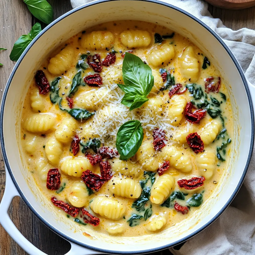 - 1 package (16 oz) potato gnocchi - 1 cup sun-dried tomatoes in oil, drained and finely chopped - 1 cup heavy cream - 1 cup vegetable broth - 1 cup fresh spinach, roughly chopped - 1/2 cup grated Parmesan cheese - 2 cloves garlic, minced - 1 teaspoon dried oregano - 1 teaspoon red pepper flakes (optional, adjust for heat preference) - Salt and freshly cracked pepper to taste - Fresh basil leaves for garnish Gather these ingredients to create a creamy sun-dried tomato gnocchi dish. The potato gnocchi serves as the base, giving the meal a fluffy texture. Sun-dried tomatoes add a burst of flavor. Heavy cream enriches the sauce, while vegetable broth provides depth. Fresh spinach adds color and nutrients, making the dish healthier. Parmesan cheese melts into the sauce, creating a rich finish. Garlic and oregano bring warmth and aroma. Red pepper flakes can add heat, but adjust this to your taste. Finally, salt and pepper enhance all the flavors. Don’t forget fresh basil leaves for the perfect garnish! First, heat a large pot over medium heat. Add the finely chopped sun-dried tomatoes and minced garlic. Cook them for about 2-3 minutes. You want the garlic to become fragrant. This step builds a tasty base for your dish. Next, pour in 1 cup of vegetable broth. Increase the heat to bring the mix to a gentle simmer. Once bubbling, it’s time to add the potato gnocchi. Cook for about 3-4 minutes. Stir gently until the gnocchi float to the top. This means they are done cooking. Now, lower the heat to medium-low. Gradually stir in 1 cup of heavy cream. Make sure it mixes well into the broth. This creates a creamy sauce. After that, add 1 cup of roughly chopped fresh spinach, along with 1 teaspoon of dried oregano and red pepper flakes if you like some heat. Cook for another 3-4 minutes. Stir often until the spinach wilts down. Lastly, stir in 1/2 cup of grated Parmesan cheese. This adds an extra layer of creaminess to the dish. Season with salt and freshly cracked pepper. Taste your dish and adjust the seasoning as needed. Let it rest for a few minutes. This helps the sauce thicken for a richer texture. To get that velvety texture, start with the right heat. Use medium-low heat when adding cream. This keeps it from curdling. Stir it well to blend it into the broth. Keep mixing until the sauce feels rich and smooth. Allow the sauce to thicken by letting it sit off the heat for a few minutes before serving. This helps all the flavors come together nicely. For a beautiful look, serve the gnocchi in deep bowls. This makes it easier to scoop up every bit. Add a fresh basil leaf on top of each bowl. It brightens the dish and adds color. A sprinkle of extra grated Parmesan cheese also enhances the visual appeal. The contrast of the creamy sauce with green basil and white cheese makes it inviting. Gnocchi types can vary, so adjust cooking times accordingly. If you use fresh gnocchi, it cooks faster than dried. Cook it only until it floats to the surface. This shows it's done. Stir gently to promote even cooking. This way, every gnocchi piece gets coated in that creamy sauce, ensuring a delicious bite every time. {{image_4}} You can easily change up the flavors in this dish. Adding proteins like chicken or shrimp boosts the taste and makes it heartier. Simply cook the protein first, then follow the recipe. For a veggie twist, add colorful vegetables like bell peppers, zucchini, or mushrooms. This not only enhances the flavor but also adds nutrition. Want to make it vegetarian or vegan? Swap heavy cream with coconut cream and use nutritional yeast instead of cheese. For gluten-free options, choose gluten-free gnocchi. Many brands offer great alternatives that taste just as good. You can mix it up with sauce choices as well. Try using different cheese types like mozzarella or goat cheese for unique tastes. If you want a lighter sauce, adjust the cream to milk ratios. Using half milk and half cream gives you a rich flavor without being too heavy. To keep your creamy sun-dried tomato gnocchi fresh, store it in the fridge. Place the leftover gnocchi in an airtight container. This helps prevent moisture build-up and keeps it tasty. Use a glass or plastic container with a tight lid. Avoid metal containers, as they can alter flavors. When you’re ready to enjoy leftovers, reheating is key. Heat the gnocchi in a pan over low heat. Add a splash of cream or broth to keep it creamy. Stir often to ensure even heating. You can also use a microwave, but cover the dish to trap steam. This helps retain moisture and flavor. If you want to save some for later, freezing works well. Portion the gnocchi into smaller containers. Leave some space for expansion as it freezes. To thaw, move it to the fridge overnight. You can reheat it directly from the freezer, but expect a bit longer cooking time. This dish takes about 20 minutes to make. You spend 10 minutes prepping the ingredients. Cooking the gnocchi and sauce takes another 10 minutes. It’s quick and easy! Yes, you can make it ahead. Store it in the fridge for up to three days. Use an airtight container to keep it fresh. To reheat, warm it on the stove over low heat. Add a splash of cream to keep it creamy. If you don’t have gnocchi, try other pasta types. Small shapes like penne or fusilli work well. Cook them according to the package. They will soak up the creamy sauce nicely. Yes, this recipe is great for meal prep. The dish lasts in the fridge for three days. You can also freeze it for up to a month. Just reheat slowly to maintain the creamy texture. This post guides you through making creamy sun-dried tomato gnocchi. You learned about key ingredients like gnocchi, cream, and spinach. I shared step-by-step instructions so you can create a rich, tasty dish. Plus, I included tips for perfecting your sauce and variations to suit diets. Remember, cooking is about exploring flavors. Don’t hesitate to make it your own. Enjoy the cooking process and share your delicious results!