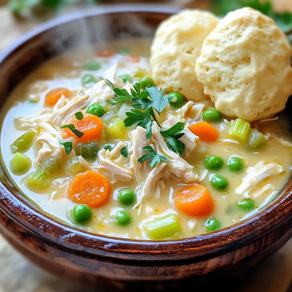 - 1 lb boneless, skinless chicken breasts - 4 cups low-sodium chicken broth - 1 cup diced carrots (approximately 2 medium carrots) - 1 cup diced celery (approximately 2 stalks) - 1 cup frozen peas - 1 medium onion, finely chopped - 3 cloves garlic, minced The main ingredients form the base of the soup. I choose boneless, skinless chicken breasts for easy shredding. The low-sodium chicken broth keeps it healthy yet flavorful. Diced carrots and celery add a nice crunch, while frozen peas bring a pop of color. The onion and garlic lend depth to the dish. - 1 teaspoon dried thyme - 1 teaspoon dried rosemary - 1 bay leaf - Salt and pepper, to taste I love adding herbs for that comforting taste. Dried thyme and rosemary give the soup a warm, earthy flavor. The bay leaf adds a subtle aroma. Adjust salt and pepper to suit your taste. Fresh herbs can also be used if you have them on hand. - 1 cup heavy cream - 1/4 cup all-purpose flour - 1 tablespoon olive oil For creaminess, I use heavy cream. It makes the soup rich and velvety. The flour thickens the soup, making it hearty. A tablespoon of olive oil helps when searing the chicken. You can easily swap heavy cream with a lighter option like half-and-half if you prefer. First, heat olive oil in a large skillet over medium heat. Season the chicken breasts with salt and pepper. Add them to the skillet and sear for about 3-4 minutes on each side until golden brown. This step locks in flavor. Once browned, remove the chicken from heat and let it cool slightly. In the same skillet, add the finely chopped onion, diced carrots, diced celery, and minced garlic. Sauté these vegetables for about 5 minutes. Stir occasionally until they soften and the onion turns translucent. This mix adds depth to your soup. Transfer the sautéed vegetables to the slow cooker. You can cut the chicken into bite-sized pieces or leave them whole, whichever you prefer. Add the chicken broth, dried thyme, dried rosemary, bay leaf, and fresh salt and pepper. Stir all the ingredients well to combine. Once the cooking time is up, carefully take out the chicken breasts. Use two forks to shred the chicken into bite-sized pieces. Then, return the shredded chicken back to the soup. To thicken the soup, whisk together the heavy cream and flour in a separate bowl until smooth. Gradually stir this mix into the soup. Cook on high for an additional 30 minutes to achieve a creamy texture. During the last 10 minutes of cooking, stir in the frozen peas. Taste the soup and adjust the seasoning with more salt and pepper if needed. Don’t forget to remove the bay leaf before serving. Ladle the warm soup into individual bowls. Garnish each bowl with fresh chopped parsley for a pop of color. If you want, serve it with warm biscuit dough or puff pastry on the side for dipping. Enjoy your cozy creation! Choosing the right chicken cuts is key. I prefer boneless, skinless chicken breasts. They cook evenly and stay moist. You can also use thighs for more flavor. Adjusting cooking times is important. If your slow cooker runs hot, check your soup after 5 hours on low. If it cooks slowly, it may need the full 7 hours. For a creamy soup, whisk the heavy cream and flour well. This helps avoid lumps. Start with a small bowl, mix until smooth, then add it to the soup. Timing matters, too. Add the thickening mixture in the last 30 minutes of cooking. This lets the soup get rich and creamy without burning. Herbs and spices can make a big difference. Try adding fresh thyme or sage for a bright taste. A splash of soy sauce can boost umami flavor too. Don’t be shy with seasoning! Taste as you go and adjust salt and pepper to your liking. {{image_4}} You can easily make this soup vegetarian or vegan. For a plant-based twist, substitute the chicken with tofu or tempeh. These options absorb the soup's flavors well. Use vegetable broth instead of chicken broth for a rich base. To replace heavy cream, try coconut milk or cashew cream. Both add creaminess without dairy. Feel free to swap out the vegetables in this soup. For example, you could use green beans or zucchini instead of peas. If you want more texture, add potatoes or corn. Diced potatoes can make the soup heartier. Corn adds a sweet pop of flavor. You can even mix in some quinoa for added nutrition. Want a bit of heat? Add cayenne pepper or red pepper flakes. Start with a pinch and add more to taste. You can balance the heat with sweet corn or a touch of honey. This helps create a well-rounded flavor in your soup. Don't be afraid to experiment with your favorite spices! To keep your soup fresh, store any leftovers in the fridge. Use airtight containers. Glass or plastic containers work well. Make sure to cool the soup first before sealing. This helps keep it from getting soggy. If you want to freeze the soup, let it cool completely. Pour it into freezer-safe containers. Leave some space at the top for expansion. Seal the containers tightly. When you’re ready to eat, thaw in the fridge overnight. Reheat on the stove or microwave. Stir gently to keep the texture nice. In the fridge, your soup will last about 3 to 4 days. In the freezer, it can last up to 3 months. Always check for signs of spoilage. If it smells off or has an odd color, throw it away. Yes, you can use frozen chicken breasts. Just keep in mind that cooking time will change. If you start with frozen chicken, it may take longer to cook. Set your slow cooker to high for 4-5 hours instead of the usual 3-4 hours. Always check that the chicken reaches 165°F before serving. This ensures it's safe to eat. To make this soup gluten-free, swap the all-purpose flour for a gluten-free flour blend. You can also use cornstarch or arrowroot powder as a thickener. Mix it with the heavy cream just like the original recipe. This way, you still get that creamy texture without gluten. You can serve this soup in bowls and top each with fresh parsley. For extra comfort, add warm biscuit dough or puff pastry on the side. These options are perfect for dipping. This makes the meal even more enjoyable and cozy. This recipe for chicken pot pie soup is both simple and fun. You start with fresh ingredients like chicken, veggies, and herbs. Then, you combine these in a slow cooker for rich flavors. Don’t forget the cream for that creamy goodness! You can also try variations, like plant-based options or extra spices. Cooking should be enjoyable and easy. With this guide, you can make a cozy meal that warms the heart. Grab your ingredients, follow the steps, and enjoy every spoonful. This soup is sure to become a family favorite!