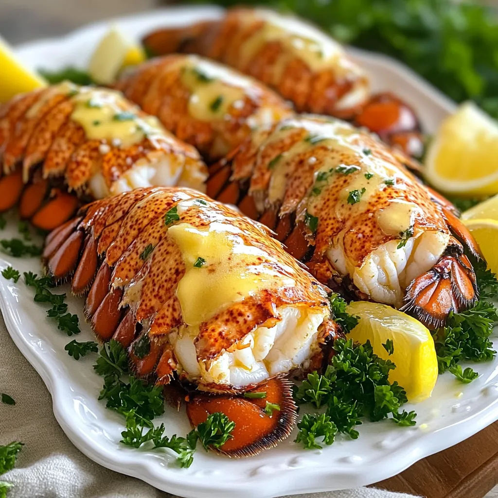 - 4 lobster tails - 1/2 cup unsalted butter, melted - 4 cloves garlic, finely minced - 2 tablespoons fresh parsley, finely chopped - 1 tablespoon freshly squeezed lemon juice - 1 teaspoon smoked paprika - Salt and freshly cracked black pepper to taste - Lemon wedges for serving Using fresh ingredients makes a big difference in taste. Fresh lobster tails will have a sweet, tender flavor. Fresh garlic adds a strong aroma and depth to the dish. Fresh parsley gives a bright pop of color and taste. The lemon juice should always be freshly squeezed for the best zing. Overall, fresh ingredients help create a rich and enjoyable meal that makes you feel good. If you cannot find lobster tails, consider these options: - Shrimp: They cook quickly and have a sweet taste. - Crab: Fresh crab meat can offer a nice alternative. - Fish: Firm fish like cod or halibut can work well in this recipe. Each substitute can provide a different flavor while still keeping the dish delightful. Adjust cooking times based on the substitute you choose. First, I set my oven to 425°F (220°C). This high heat helps cook the lobster tails evenly. Next, I take my kitchen shears and cut the top shell of each lobster tail. I start at the base and move toward the tail fin. I am careful not to cut all the way through. I gently pry open the shell to show off the juicy lobster meat. In a small bowl, I mix 1/2 cup of melted unsalted butter with four finely minced garlic cloves. I add two tablespoons of chopped fresh parsley and one tablespoon of lemon juice. Then, I sprinkle in one teaspoon of smoked paprika and a pinch of salt and pepper. I whisk it all together until I get a fragrant garlic butter blend. I place the lobster tails on a baking sheet, shell side down. This allows the meat to rest above the shell. I brush the garlic butter mixture generously over the exposed meat. I save a little butter for basting later. I put the baking sheet in the oven and bake for 12 to 15 minutes. The lobster meat turns opaque and tender. Halfway through, I baste the lobster tails with the reserved butter. When done, I take the baking sheet out and let the tails rest for a minute. This helps the juices settle. When cooking lobster tails, a few tips can make your dish shine. Always start with fresh lobster tails. This ensures the best flavor and texture. If you choose frozen, thaw them fully before cooking. To make cutting easier, use sharp kitchen shears. Cut down the top shell gently, stopping before the tail fin. This helps keep the meat intact and allows for even cooking. To check if lobster is ready, look for color and texture. The meat should turn opaque and firm. You can also use a meat thermometer. The internal temperature should reach 140°F (60°C). If you see any translucent areas, give it more time. Remember, overcooked lobster can become tough, so check often. Serving lobster tails is a fun part of the meal. Place them on a large platter for a stunning display. Drizzle any leftover garlic butter over the tails for extra flavor. Garnish with fresh parsley and lemon wedges. This adds color and a bright taste. Pair the dish with a light salad or crusty bread to soak up the butter. Enjoy your meal with a chilled glass of white wine for a perfect finish! {{image_4}} You can easily add heat to your garlic butter lobster tails. Just mix in some red pepper flakes or a dash of hot sauce. The spice complements the garlic and enhances the flavor of the lobster. I love using a teaspoon of sriracha in the garlic butter. It makes each bite exciting and full of flavor. Adjust the spice level to your taste. For a fresh twist, try herb butter. Simply mix fresh herbs like dill, thyme, or basil into the melted butter. This adds a lovely aroma and taste. I recommend a tablespoon of each herb for a fragrant touch. Brush the herb butter on the lobster meat before baking. The herbs bring a garden-fresh flavor that pairs well with the lobster's sweetness. You don't have to bake lobster tails if you want a different taste. Grilling adds a smoky flavor. Just preheat your grill and place the lobster tails shell side down. Brush them with garlic butter. Grill for about 6-8 minutes. Basting occasionally keeps them moist. Broiling is another option. Set your oven broiler to high and place the tails on a baking sheet. Broil for 8-10 minutes, watching closely. Both methods give you delicious, juicy lobster tails in no time! To keep leftover lobster tails fresh, place them in an airtight container. Make sure the tails are cool before sealing the container. Store them in the fridge. They should last for 2-3 days. If you plan to eat them later, keep the garlic butter separate. This will help maintain the flavor. When you're ready to enjoy the leftovers, reheating is easy. Preheat your oven to 350°F (175°C). Place the lobster tails in a baking dish. Brush them lightly with the reserved garlic butter for added flavor. Cover the dish with foil to keep moisture in. Heat for about 10 minutes or until warm. Avoid microwaving, as this can make the lobster tough. If you want to save lobster tails for later, freezing is a great option. First, ensure they are cooked and cooled. Wrap each tail tightly in plastic wrap, then place in a freezer bag. Remove as much air as possible before sealing. Frozen lobster tails can last for up to 3 months. When you’re ready to use them, thaw in the fridge overnight before reheating. You can tell lobster tails are cooked when the meat turns opaque. The flesh should be firm to the touch. If it feels soft or jelly-like, it needs more time. Aim for a bright white color, with some hints of pink. Cooking times may vary, but 12-15 minutes at 425°F usually works well. Yes, you can use frozen lobster tails! Just thaw them in the fridge overnight before cooking. If you're short on time, you can run them under cold water for about 30 minutes. Ensure they are fully thawed for even cooking. This way, you still get that lovely, fresh taste. Garlic butter lobster tails pair well with many sides. Here are some great options: - Steamed asparagus - Garlic mashed potatoes - Fresh garden salad - Rice pilaf - Grilled corn on the cob These sides will enhance the lovely flavors of the lobster tails and make your meal feel extra special. This blog post covered the key ingredients and steps to make tasty lobster tails. We explored using fresh ingredients and possible substitutions. I shared tips to ensure perfect cooking and delicious serving ideas. You also learned about fun variations and proper storage methods for leftovers. For the best results, enjoy experimenting with flavors and methods. Cooking lobster tails can be simple and rewarding, so don’t hesitate to try it! Advanced techniques can impress your guests, so have fun in the kitchen.
