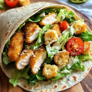 - 2 large chicken breasts - 4 large whole wheat tortillas - 1 cup romaine lettuce - ½ cup creamy Caesar dressing - 1 tablespoon extra virgin olive oil - 1 teaspoon garlic powder - 1 teaspoon smoked paprika - Salt and freshly ground black pepper - ½ cup freshly grated Parmesan cheese - ¼ cup cherry tomatoes - Croutons for garnish For these wraps, start with the main ingredients. You need two large chicken breasts. Cut them into one-inch strips for even cooking. Next, grab four large whole wheat tortillas. These are healthy and tasty. You will also need one cup of chopped romaine lettuce. It adds crunch and freshness. The creamy Caesar dressing brings all the flavors together, so don't skip it! Now, let’s talk about the seasonings. You will use one tablespoon of extra virgin olive oil. This helps the chicken stay moist and adds flavor. Add one teaspoon of garlic powder for a nice kick. Smoked paprika gives a warm, smoky taste, so include one teaspoon of that too. Lastly, season with salt and freshly ground black pepper to your liking. If you want to add some fun toppings, consider freshly grated Parmesan cheese. About half a cup will do. Cherry tomatoes, halved, also add color and taste. Croutons are a great garnish for extra crunch. First, set your air fryer to 400°F (200°C). This helps the chicken cook evenly. Let it preheat for about five minutes. A hot air fryer cooks food faster and gives it a nice crunch. Take two large chicken breasts and cut them into 1-inch strips. In a bowl, add the chicken strips. Drizzle one tablespoon of olive oil over them. Next, sprinkle in one teaspoon of garlic powder, one teaspoon of smoked paprika, salt, and black pepper. Mix well to coat each strip. This adds great flavor to the chicken. Carefully arrange the seasoned chicken in the air fryer basket. It’s best to lay them in a single layer. This helps them cook evenly without steaming. Cook the chicken for 12 to 15 minutes. Halfway through, shake the basket. This ensures the chicken cooks and browns evenly. When done, the chicken should be golden brown and cooked through. While the chicken cooks, prepare your wraps. In a bowl, mix one cup of chopped romaine lettuce with half a cup of creamy Caesar dressing. Add in half a cup of freshly grated Parmesan cheese and a quarter cup of halved cherry tomatoes. Toss everything to coat the lettuce well. After the chicken is done, let it cool for 2-3 minutes. Lay out four large whole wheat tortillas on a clean surface. Divide the lettuce mixture evenly among the tortillas. Spread it out to make a bed for the chicken. Top each wrap with the warm chicken strips. If you want, add more Parmesan cheese on top for extra flavor. For a crispy finish, you can air fry the assembled wraps. Return them to the air fryer and cook for an extra 2-3 minutes. This warms them up and adds a delightful crunch on the outside. Finally, slice each wrap in half diagonally. Sprinkle with croutons for added texture, and then serve right away. Enjoy your tasty and healthy wraps! To cook chicken well, set your air fryer to 400°F (200°C). This heat helps the chicken get crispy. Cook the chicken strips for 12-15 minutes. Halfway through, shake the basket for even cooking. To check if your chicken is done, cut a piece open. The inside should be white and juices should run clear. If not, return it to the air fryer for a few more minutes. Rolling your wraps right is key. Start with a flat tortilla. Place your filling in the center, leaving space on the sides. Fold the bottom up over the filling. Then fold in the sides and roll tightly. Tuck in the sides as you roll to keep everything inside. This way, you avoid spills and keep your wrap neat. You can give your wraps a tasty twist! Try adding spices like cumin or chili powder for a kick. Fresh herbs, like basil or cilantro, can add great flavor too. You might also mix in some diced avocado for creaminess. If you love crunch, toss in some sliced bell peppers or cucumbers. Experiment with flavors to find your favorite mix! {{image_4}} You can change the protein in your wraps. Instead of chicken, try shrimp or tofu. Both options add unique flavors and textures. Shrimp cooks quickly and adds a nice, sweet taste. Tofu is great for a plant-based option. It soaks up flavors well. You can also mix different cuts of chicken. Chicken thighs will give you a juicier bite, while chicken breasts are leaner. Both work well in this recipe. If you need gluten-free options, choose gluten-free tortillas. Many brands offer good choices that taste great. For those who follow a vegan diet, swap the Caesar dressing for a plant-based version. Use a vegan cheese or skip the cheese altogether. This way, you keep the wraps tasty and suitable for everyone. Want to change up the flavor? Add slices of avocado for creaminess. Avocado pairs well with the Caesar dressing. You can also add crispy bacon for a savory kick. This twist gives a smoky flavor that many enjoy. Experiment with different dressings too. Try ranch, blue cheese, or even spicy salsa for new tastes. Each dressing will create a unique experience. To store your Air Fryer Chicken Caesar Wraps in the fridge, use an airtight container. This keeps them fresh. Place the wraps in the container, and cover them well. They stay good for up to three days. You can separate layers with parchment paper to avoid sticking. For long-term storage, consider freezing the wraps. Wrap each one tightly in plastic wrap, then place them in a freezer-safe bag. This method helps prevent freezer burn. You can freeze the wraps for up to three months. When you're ready to eat, just thaw in the fridge overnight before reheating. To reheat without losing crispness, use your air fryer again. Set it to 350°F (175°C) and cook for about 5 minutes. This warms the wraps and keeps them crunchy. You can also use a skillet on low heat. Just flip the wraps often to avoid burning. Enjoy your tasty wraps, even after storage! Yes, you can use frozen chicken breasts. However, they will need extra time to cook. I suggest you thaw them first, if possible. If you choose to cook them frozen, add about 5-10 more minutes to the cooking time. Make sure the chicken is cooked through. The internal temperature should reach 165°F (75°C). You can use various dressings in this wrap. Ranch dressing adds a creamy touch. Greek yogurt dressing gives a tangy flavor. For a lighter option, try vinaigrette. You can even mix yogurt with lemon juice and garlic for a fresh twist. To meal prep these wraps, cook the chicken and let it cool. Store it in an airtight container in the fridge. You can also mix the lettuce and dressing ahead of time. Keep the tortillas separate to prevent sogginess. Assemble the wraps when ready to eat for the best taste. Yes, these wraps are healthy! They pack lean protein from chicken and fiber from whole wheat tortillas. The romaine lettuce adds vitamins, and you can control the amount of dressing. If you want to make it even healthier, use less cheese or skip the croutons. You learned how to make Air Fryer Chicken Caesar Wraps easily. We covered the main ingredients, such as chicken and tortillas, and discussed seasoning and optional toppings. I provided step-by-step instructions, tips for perfect chicken, and storage info too. Feel free to change up proteins and flavors to suit your taste. Whether for a quick lunch or dinner, these wraps are tasty and simple. Enjoy making and sharing them with others!