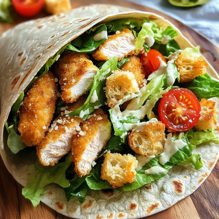 - 2 large chicken breasts - 4 large whole wheat tortillas - 1 cup romaine lettuce - ½ cup creamy Caesar dressing - 1 tablespoon extra virgin olive oil - 1 teaspoon garlic powder - 1 teaspoon smoked paprika - Salt and freshly ground black pepper - ½ cup freshly grated Parmesan cheese - ¼ cup cherry tomatoes - Croutons for garnish For these wraps, start with the main ingredients. You need two large chicken breasts. Cut them into one-inch strips for even cooking. Next, grab four large whole wheat tortillas. These are healthy and tasty. You will also need one cup of chopped romaine lettuce. It adds crunch and freshness. The creamy Caesar dressing brings all the flavors together, so don't skip it! Now, let’s talk about the seasonings. You will use one tablespoon of extra virgin olive oil. This helps the chicken stay moist and adds flavor. Add one teaspoon of garlic powder for a nice kick. Smoked paprika gives a warm, smoky taste, so include one teaspoon of that too. Lastly, season with salt and freshly ground black pepper to your liking. If you want to add some fun toppings, consider freshly grated Parmesan cheese. About half a cup will do. Cherry tomatoes, halved, also add color and taste. Croutons are a great garnish for extra crunch. First, set your air fryer to 400°F (200°C). This helps the chicken cook evenly. Let it preheat for about five minutes. A hot air fryer cooks food faster and gives it a nice crunch. Take two large chicken breasts and cut them into 1-inch strips. In a bowl, add the chicken strips. Drizzle one tablespoon of olive oil over them. Next, sprinkle in one teaspoon of garlic powder, one teaspoon of smoked paprika, salt, and black pepper. Mix well to coat each strip. This adds great flavor to the chicken. Carefully arrange the seasoned chicken in the air fryer basket. It’s best to lay them in a single layer. This helps them cook evenly without steaming. Cook the chicken for 12 to 15 minutes. Halfway through, shake the basket. This ensures the chicken cooks and browns evenly. When done, the chicken should be golden brown and cooked through. While the chicken cooks, prepare your wraps. In a bowl, mix one cup of chopped romaine lettuce with half a cup of creamy Caesar dressing. Add in half a cup of freshly grated Parmesan cheese and a quarter cup of halved cherry tomatoes. Toss everything to coat the lettuce well. After the chicken is done, let it cool for 2-3 minutes. Lay out four large whole wheat tortillas on a clean surface. Divide the lettuce mixture evenly among the tortillas. Spread it out to make a bed for the chicken. Top each wrap with the warm chicken strips. If you want, add more Parmesan cheese on top for extra flavor. For a crispy finish, you can air fry the assembled wraps. Return them to the air fryer and cook for an extra 2-3 minutes. This warms them up and adds a delightful crunch on the outside. Finally, slice each wrap in half diagonally. Sprinkle with croutons for added texture, and then serve right away. Enjoy your tasty and healthy wraps! To cook chicken well, set your air fryer to 400°F (200°C). This heat helps the chicken get crispy. Cook the chicken strips for 12-15 minutes. Halfway through, shake the basket for even cooking. To check if your chicken is done, cut a piece open. The inside should be white and juices should run clear. If not, return it to the air fryer for a few more minutes. Rolling your wraps right is key. Start with a flat tortilla. Place your filling in the center, leaving space on the sides. Fold the bottom up over the filling. Then fold in the sides and roll tightly. Tuck in the sides as you roll to keep everything inside. This way, you avoid spills and keep your wrap neat. You can give your wraps a tasty twist! Try adding spices like cumin or chili powder for a kick. Fresh herbs, like basil or cilantro, can add great flavor too. You might also mix in some diced avocado for creaminess. If you love crunch, toss in some sliced bell peppers or cucumbers. Experiment with flavors to find your favorite mix! {{image_4}} You can change the protein in your wraps. Instead of chicken, try shrimp or tofu. Both options add unique flavors and textures. Shrimp cooks quickly and adds a nice, sweet taste. Tofu is great for a plant-based option. It soaks up flavors well. You can also mix different cuts of chicken. Chicken thighs will give you a juicier bite, while chicken breasts are leaner. Both work well in this recipe. If you need gluten-free options, choose gluten-free tortillas. Many brands offer good choices that taste great. For those who follow a vegan diet, swap the Caesar dressing for a plant-based version. Use a vegan cheese or skip the cheese altogether. This way, you keep the wraps tasty and suitable for everyone. Want to change up the flavor? Add slices of avocado for creaminess. Avocado pairs well with the Caesar dressing. You can also add crispy bacon for a savory kick. This twist gives a smoky flavor that many enjoy. Experiment with different dressings too. Try ranch, blue cheese, or even spicy salsa for new tastes. Each dressing will create a unique experience. To store your Air Fryer Chicken Caesar Wraps in the fridge, use an airtight container. This keeps them fresh. Place the wraps in the container, and cover them well. They stay good for up to three days. You can separate layers with parchment paper to avoid sticking. For long-term storage, consider freezing the wraps. Wrap each one tightly in plastic wrap, then place them in a freezer-safe bag. This method helps prevent freezer burn. You can freeze the wraps for up to three months. When you're ready to eat, just thaw in the fridge overnight before reheating. To reheat without losing crispness, use your air fryer again. Set it to 350°F (175°C) and cook for about 5 minutes. This warms the wraps and keeps them crunchy. You can also use a skillet on low heat. Just flip the wraps often to avoid burning. Enjoy your tasty wraps, even after storage! Yes, you can use frozen chicken breasts. However, they will need extra time to cook. I suggest you thaw them first, if possible. If you choose to cook them frozen, add about 5-10 more minutes to the cooking time. Make sure the chicken is cooked through. The internal temperature should reach 165°F (75°C). You can use various dressings in this wrap. Ranch dressing adds a creamy touch. Greek yogurt dressing gives a tangy flavor. For a lighter option, try vinaigrette. You can even mix yogurt with lemon juice and garlic for a fresh twist. To meal prep these wraps, cook the chicken and let it cool. Store it in an airtight container in the fridge. You can also mix the lettuce and dressing ahead of time. Keep the tortillas separate to prevent sogginess. Assemble the wraps when ready to eat for the best taste. Yes, these wraps are healthy! They pack lean protein from chicken and fiber from whole wheat tortillas. The romaine lettuce adds vitamins, and you can control the amount of dressing. If you want to make it even healthier, use less cheese or skip the croutons. You learned how to make Air Fryer Chicken Caesar Wraps easily. We covered the main ingredients, such as chicken and tortillas, and discussed seasoning and optional toppings. I provided step-by-step instructions, tips for perfect chicken, and storage info too. Feel free to change up proteins and flavors to suit your taste. Whether for a quick lunch or dinner, these wraps are tasty and simple. Enjoy making and sharing them with others!