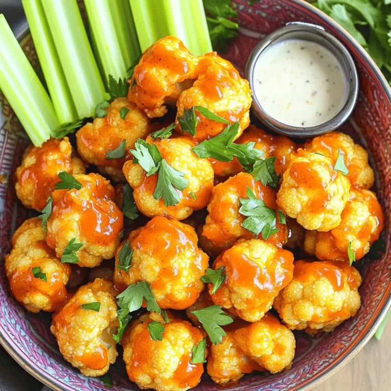 For your Air Fryer Buffalo Cauliflower Bites, you will need: - 1 large head of cauliflower, cut into bite-sized florets - 1 cup all-purpose flour (or gluten-free flour for a gluten-free option) - 1 cup water or plant-based milk (like almond or oat milk) - 1 teaspoon garlic powder - 1 teaspoon onion powder - ¾ teaspoon smoked paprika - Salt and pepper, to taste - ½ cup buffalo sauce (pick your favorite brand or make your own) - 1 tablespoon olive oil If you want to make this dish gluten-free, just swap regular flour for gluten-free flour. It works great and tastes just as good! To elevate your bites, consider these garnishes: - Fresh parsley, finely chopped - You can add some sliced green onions for extra flavor. - A sprinkle of sesame seeds can add a nice crunch. These garnishes not only look pretty but also add fresh flavors to your dish. Enjoy experimenting with them! Start with a large head of cauliflower. First, remove the leaves and stem. Rinse it under cool water to clean it well. After washing, cut the cauliflower into bite-sized florets. Make sure they are roughly the same size. This helps them cook evenly in the air fryer. Set the florets aside while you prepare the batter. In a big mixing bowl, add 1 cup of all-purpose flour. You can use gluten-free flour if you want a gluten-free option. Next, pour in 1 cup of water or plant-based milk, like almond milk. Add 1 teaspoon of garlic powder and 1 teaspoon of onion powder for flavor. Then, mix in ¾ teaspoon of smoked paprika, along with salt and pepper to taste. Whisk everything together until it becomes a smooth batter without lumps. Now, take each cauliflower floret and dip it into the batter. Make sure every piece is coated well. Allow any extra batter to drip back into the bowl. Before you cook, preheat your air fryer to 400°F (200°C) for about 5 minutes. While it heats, spray the air fryer basket lightly with cooking spray. This step stops the cauliflower from sticking. Place the battered florets in a single layer in the basket. Avoid overcrowding; this helps them crisp up nicely. Air fry the cauliflower bites for 12 to 15 minutes. Halfway through cooking, shake the basket. This helps the bites brown evenly. When they look golden and crispy, they are ready! In a separate bowl, combine the cooked cauliflower with ½ cup of buffalo sauce and 1 tablespoon of olive oil. Toss gently to ensure every floret is coated in the spicy sauce. Return the sauced cauliflower to the air fryer. Cook for another 2 to 3 minutes at 400°F (200°C). This step allows the sauce to set and become even crispier. Once cooked, take the cauliflower bites out of the air fryer. For a pop of color and flavor, sprinkle fresh parsley on top before serving. Enjoy your delicious Air Fryer Buffalo Cauliflower Bites! To get the crispiest buffalo cauliflower bites, start with a good batter. Mix flour, water, garlic powder, onion powder, smoked paprika, salt, and pepper in a bowl. You want a smooth batter, so whisk well. When you dip the florets, make sure they are fully coated. Let any extra batter drip off. This helps them crisp up better in the air fryer. Preheat your air fryer to 400°F (200°C) for about five minutes. Spray the basket lightly with cooking spray. Place the battered florets in a single layer. Avoid overcrowding; this is key to getting them crispy. Shake the basket halfway through cooking. This ensures they cook evenly and turn golden brown. To boost flavor, try adding more spices. A pinch of cayenne pepper adds heat. You can also mix in some cumin or chili powder for a smoky touch. If you like it cheesy, add nutritional yeast to the batter. This gives the bites a nice cheesy flavor without the dairy. Feel free to experiment with other spices to find your perfect blend. These buffalo cauliflower bites pair well with many foods. Serve them with crunchy celery sticks for a fresh crunch. Creamy ranch or tangy blue cheese dressing makes a great dip. You can also add a side of carrot sticks for color. For a fun twist, serve the bites in a taco shell with toppings like shredded lettuce and diced tomatoes. Enjoy your meal! {{image_4}} You can mix things up with different sauces. Buffalo sauce is a classic, but BBQ sauce works well too. Honey mustard adds a sweet twist. If you like it spicy, try sriracha or even a spicy ranch. Each sauce gives a new flavor, so feel free to experiment. Want to add some extra zing? You can mix cheese into the batter. Parmesan or cheddar can make it richer. You can also sprinkle in some extra spices. Try cayenne pepper for heat or Italian herbs for a fresh touch. These small changes can make your bites even more special. Air frying is great, but you can bake or fry these bites too. For baking, preheat your oven to 425°F (220°C). Spread the cauliflower on a baking sheet and bake for about 25 minutes. Flip them halfway for even cooking. Frying is another option. Just heat oil in a pan and fry until golden brown. Each method gives a different texture and taste, so pick what you like best! To keep your buffalo cauliflower bites fresh, first let them cool completely. Then, place the bites in an airtight container. You can store them in the fridge for up to three days. If you want to save them for longer, freeze them. Lay the bites flat on a baking sheet and freeze until solid. This prevents them from sticking together. After freezing, transfer them to a freezer-safe bag. They can last up to three months in the freezer. To reheat and keep the bites crispy, use your air fryer. Preheat it to 350°F (175°C). Spread the bites in a single layer and heat for about 5-7 minutes. You can also use an oven. Preheat your oven to 375°F (190°C) and place the bites on a baking sheet. Bake for about 10-12 minutes. Avoid using the microwave, as it can make them soggy. Enjoy your crispy bites once more! The best buffalo sauce often comes down to personal taste. I suggest trying Frank's RedHot for a classic flavor. It has a good balance of heat and tang. If you want to make your own, mix hot sauce with melted butter. You can adjust the heat by adding more or less hot sauce. Homemade sauce lets you control the flavor and spice level. Yes, you can easily make this recipe vegan! Use plant-based milk like almond or oat milk. For the buffalo sauce, choose a vegan brand or make your own. Just mix your favorite hot sauce with olive oil instead of butter. This way, you keep the same great taste while staying plant-based. You can store leftover cauliflower bites in the fridge for about 3-4 days. Keep them in an airtight container to keep them fresh. For longer storage, freeze them for up to 2 months. To reheat, place them in the air fryer again for a few minutes to regain their crispiness. Avoid microwaving, as it may make them soggy. You now know how to make delicious Air Fryer Buffalo Cauliflower Bites. We covered essential ingredients, handy tips for crispy results, and even serving ideas. Whether you choose to air fry, bake, or adapt the recipe, you have options. Don't forget to customize your bites with different sauces or add-ons. Store leftovers well, and enjoy them later. Use this guide to impress friends and family with a tasty treat that fits many diets. Get cooking, and enjoy every bite!