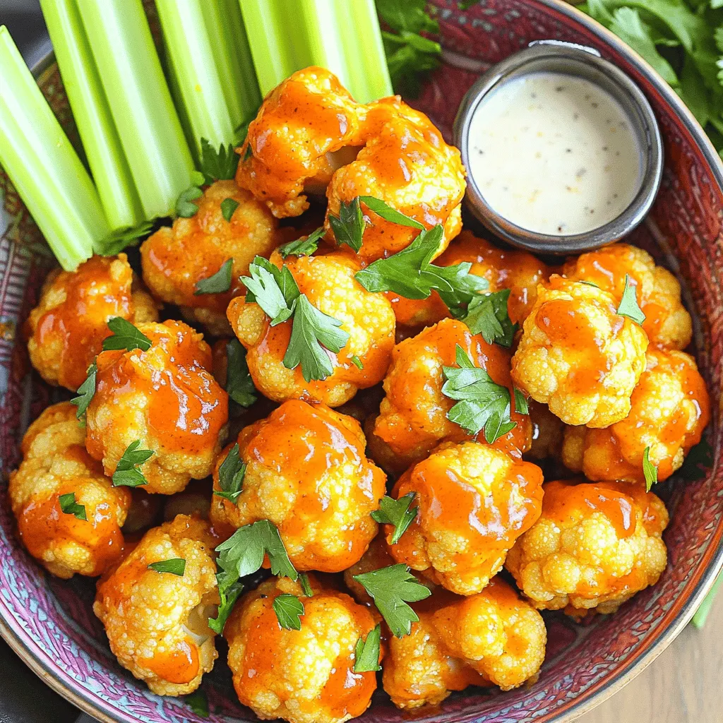 For your Air Fryer Buffalo Cauliflower Bites, you will need: - 1 large head of cauliflower, cut into bite-sized florets - 1 cup all-purpose flour (or gluten-free flour for a gluten-free option) - 1 cup water or plant-based milk (like almond or oat milk) - 1 teaspoon garlic powder - 1 teaspoon onion powder - ¾ teaspoon smoked paprika - Salt and pepper, to taste - ½ cup buffalo sauce (pick your favorite brand or make your own) - 1 tablespoon olive oil If you want to make this dish gluten-free, just swap regular flour for gluten-free flour. It works great and tastes just as good! To elevate your bites, consider these garnishes: - Fresh parsley, finely chopped - You can add some sliced green onions for extra flavor. - A sprinkle of sesame seeds can add a nice crunch. These garnishes not only look pretty but also add fresh flavors to your dish. Enjoy experimenting with them! Start with a large head of cauliflower. First, remove the leaves and stem. Rinse it under cool water to clean it well. After washing, cut the cauliflower into bite-sized florets. Make sure they are roughly the same size. This helps them cook evenly in the air fryer. Set the florets aside while you prepare the batter. In a big mixing bowl, add 1 cup of all-purpose flour. You can use gluten-free flour if you want a gluten-free option. Next, pour in 1 cup of water or plant-based milk, like almond milk. Add 1 teaspoon of garlic powder and 1 teaspoon of onion powder for flavor. Then, mix in ¾ teaspoon of smoked paprika, along with salt and pepper to taste. Whisk everything together until it becomes a smooth batter without lumps. Now, take each cauliflower floret and dip it into the batter. Make sure every piece is coated well. Allow any extra batter to drip back into the bowl. Before you cook, preheat your air fryer to 400°F (200°C) for about 5 minutes. While it heats, spray the air fryer basket lightly with cooking spray. This step stops the cauliflower from sticking. Place the battered florets in a single layer in the basket. Avoid overcrowding; this helps them crisp up nicely. Air fry the cauliflower bites for 12 to 15 minutes. Halfway through cooking, shake the basket. This helps the bites brown evenly. When they look golden and crispy, they are ready! In a separate bowl, combine the cooked cauliflower with ½ cup of buffalo sauce and 1 tablespoon of olive oil. Toss gently to ensure every floret is coated in the spicy sauce. Return the sauced cauliflower to the air fryer. Cook for another 2 to 3 minutes at 400°F (200°C). This step allows the sauce to set and become even crispier. Once cooked, take the cauliflower bites out of the air fryer. For a pop of color and flavor, sprinkle fresh parsley on top before serving. Enjoy your delicious Air Fryer Buffalo Cauliflower Bites! To get the crispiest buffalo cauliflower bites, start with a good batter. Mix flour, water, garlic powder, onion powder, smoked paprika, salt, and pepper in a bowl. You want a smooth batter, so whisk well. When you dip the florets, make sure they are fully coated. Let any extra batter drip off. This helps them crisp up better in the air fryer. Preheat your air fryer to 400°F (200°C) for about five minutes. Spray the basket lightly with cooking spray. Place the battered florets in a single layer. Avoid overcrowding; this is key to getting them crispy. Shake the basket halfway through cooking. This ensures they cook evenly and turn golden brown. To boost flavor, try adding more spices. A pinch of cayenne pepper adds heat. You can also mix in some cumin or chili powder for a smoky touch. If you like it cheesy, add nutritional yeast to the batter. This gives the bites a nice cheesy flavor without the dairy. Feel free to experiment with other spices to find your perfect blend. These buffalo cauliflower bites pair well with many foods. Serve them with crunchy celery sticks for a fresh crunch. Creamy ranch or tangy blue cheese dressing makes a great dip. You can also add a side of carrot sticks for color. For a fun twist, serve the bites in a taco shell with toppings like shredded lettuce and diced tomatoes. Enjoy your meal! {{image_4}} You can mix things up with different sauces. Buffalo sauce is a classic, but BBQ sauce works well too. Honey mustard adds a sweet twist. If you like it spicy, try sriracha or even a spicy ranch. Each sauce gives a new flavor, so feel free to experiment. Want to add some extra zing? You can mix cheese into the batter. Parmesan or cheddar can make it richer. You can also sprinkle in some extra spices. Try cayenne pepper for heat or Italian herbs for a fresh touch. These small changes can make your bites even more special. Air frying is great, but you can bake or fry these bites too. For baking, preheat your oven to 425°F (220°C). Spread the cauliflower on a baking sheet and bake for about 25 minutes. Flip them halfway for even cooking. Frying is another option. Just heat oil in a pan and fry until golden brown. Each method gives a different texture and taste, so pick what you like best! To keep your buffalo cauliflower bites fresh, first let them cool completely. Then, place the bites in an airtight container. You can store them in the fridge for up to three days. If you want to save them for longer, freeze them. Lay the bites flat on a baking sheet and freeze until solid. This prevents them from sticking together. After freezing, transfer them to a freezer-safe bag. They can last up to three months in the freezer. To reheat and keep the bites crispy, use your air fryer. Preheat it to 350°F (175°C). Spread the bites in a single layer and heat for about 5-7 minutes. You can also use an oven. Preheat your oven to 375°F (190°C) and place the bites on a baking sheet. Bake for about 10-12 minutes. Avoid using the microwave, as it can make them soggy. Enjoy your crispy bites once more! The best buffalo sauce often comes down to personal taste. I suggest trying Frank's RedHot for a classic flavor. It has a good balance of heat and tang. If you want to make your own, mix hot sauce with melted butter. You can adjust the heat by adding more or less hot sauce. Homemade sauce lets you control the flavor and spice level. Yes, you can easily make this recipe vegan! Use plant-based milk like almond or oat milk. For the buffalo sauce, choose a vegan brand or make your own. Just mix your favorite hot sauce with olive oil instead of butter. This way, you keep the same great taste while staying plant-based. You can store leftover cauliflower bites in the fridge for about 3-4 days. Keep them in an airtight container to keep them fresh. For longer storage, freeze them for up to 2 months. To reheat, place them in the air fryer again for a few minutes to regain their crispiness. Avoid microwaving, as it may make them soggy. You now know how to make delicious Air Fryer Buffalo Cauliflower Bites. We covered essential ingredients, handy tips for crispy results, and even serving ideas. Whether you choose to air fry, bake, or adapt the recipe, you have options. Don't forget to customize your bites with different sauces or add-ons. Store leftovers well, and enjoy them later. Use this guide to impress friends and family with a tasty treat that fits many diets. Get cooking, and enjoy every bite!