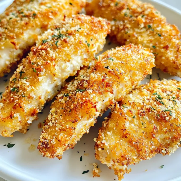 - 1 lb chicken tenderloins - 1 cup breadcrumbs (panko recommended for crunch) - 1/2 cup freshly grated Parmesan cheese - 2 teaspoons garlic powder - 1 teaspoon onion powder - 1 teaspoon dried Italian herbs - Salt and pepper to taste - 1 large egg, beaten - Cooking spray or olive oil The stars of this dish are the chicken tenderloins. They cook quickly and stay juicy. I love using panko breadcrumbs. They give a great crunch that regular breadcrumbs can't match. Freshly grated Parmesan cheese adds a rich and savory flavor. It melts and forms a nice crust. For seasoning, garlic powder and onion powder bring depth. They work together to create a strong flavor base. Dried Italian herbs, like oregano and basil, add an aromatic touch. Salt and pepper make everything shine. Adjust these to your taste. You’ll need one large egg, beaten, to help the breading stick. It acts as glue for the breadcrumbs. Lastly, cooking spray or olive oil helps achieve that crunchy finish. A light coating makes all the difference in the air fryer. With these ingredients, you are set for success in making crispy and juicy chicken tenders. {{ingredient_image_2}} Start by patting the chicken tenderloins dry with paper towels. This step is key for crispiness. Next, season both sides with salt and pepper. This simple seasoning adds a lot of flavor. In a shallow dish, mix together the breadcrumbs, grated Parmesan, garlic powder, onion powder, and Italian herbs. Stir well to combine. This mixture gives the chicken a tasty crust. Set up a dipping station. In one bowl, pour the beaten egg. Dip a chicken tender into the egg, letting the excess drip off. Then roll it in the breadcrumb mix, pressing gently to make it stick. Repeat this for all the chicken pieces. Preheat your air fryer to 400°F (200°C) for about five minutes. Preheating is important. It helps the chicken get that perfect crispy texture. Lightly spray the air fryer basket with cooking spray. Arrange the breaded chicken tenders in a single layer. Don’t let them overlap; this keeps them crispy. Lightly spray the tops of the chicken with more cooking spray. Cook for 10-12 minutes. Flip halfway through for even browning. The chicken is done when golden brown and reaches 165°F (75°C) inside. Carefully take the chicken tenders from the air fryer and let them cool for one minute. Serve them hot with your favorite dipping sauces. Some great options are marinara, honey mustard, or creamy ranch. For a nice touch, arrange them on a platter with parchment paper and garnish with fresh parsley. To get that perfect crunch, use cooking spray generously on the chicken. This helps it brown and crisp. Panko breadcrumbs are your best friend here. They are light and airy, making your tenders crunchier than regular breadcrumbs. If you want a crispier bite, choose panko for your breading. Want to spice things up? You can add a variety of herbs or spices to the breading mix. Try paprika for a smoky taste or cayenne for heat. Fresh herbs like parsley or basil can also add a burst of flavor. Mix and match to find your favorite combo! If you have more tenders than your air fryer can handle, cook them in batches. Lay the chicken in a single layer to ensure even cooking. Avoid crowding the basket; this will help each piece get crispy. After the first batch, keep the cooked tenders warm in an oven set to low heat while you finish the rest. Pro Tips Dry the Chicken: Patting the chicken dry before breading helps the coating stick better and achieve that desired crispy texture. Use Panko Breadcrumbs: For an extra crunch, opt for panko breadcrumbs instead of regular ones, as they provide a lighter and crispier coating. Don’t Overcrowd the Basket: Arrange the tenders in a single layer without overlapping to ensure even cooking and maximum crispiness. Check for Doneness: Use a meat thermometer to ensure the chicken reaches an internal temperature of 165°F (75°C) for safe consumption. {{image_4}} You can easily switch up the cheese in this recipe. Try adding mozzarella for extra stretchiness. Cheddar gives a sharp flavor, while gouda adds a creamy taste. Mixing cheeses can create a delightful blend. Simply replace half of the Parmesan with your favorite cheese. This makes each bite unique and even more delicious. If you want a lighter option, consider using whole wheat breadcrumbs. They add fiber and nutrients. You can also use ground oats as a substitute. For egg replacements, try unsweetened applesauce or a flax egg. These options help keep the tenders moist without the extra fat. If you prefer to bake these tenders, preheat your oven to 425°F (220°C). Place the coated chicken on a baking sheet lined with parchment paper. Bake for 15-20 minutes, flipping halfway through. This method still gives you a crispy finish but requires more cooking time. After enjoying your delicious air fryer Parmesan chicken tenders, let them cool down. Place them in an airtight container. This helps keep them fresh. You can store them in the fridge for up to three days. If you want to keep them longer, consider freezing them. To reheat, use your air fryer if possible. Preheat it to 350°F (175°C). Place the tenders in a single layer. Heat for about 5-7 minutes. This keeps them crispy. You can also use an oven. Set it to the same temperature and heat for 10-12 minutes. Avoid using a microwave, as it can make them soggy. For freezing, make sure the chicken tenders are fully cooled. Place them in a single layer on a baking sheet. Freeze until solid, about 1-2 hours. Then, transfer them to a freezer bag or container. This prevents them from sticking together. They can last in the freezer for up to two months. To defrost, place them in the fridge overnight before reheating. To check if chicken tenders are done, use a meat thermometer. The safe internal temperature is 165°F (75°C). You can also look for visual cues. The tenders should be golden brown and juices should run clear. If you see pink meat or pink juices, the chicken needs more time. Always trust your thermometer for the best results. Yes, you can prepare chicken tenders in advance. Season and bread them, then store in the fridge for up to 24 hours. For longer storage, freeze them after breading. When ready to cook, no need to thaw. Just place them in the air fryer as usual. If stored properly, they will taste fresh. Many sauces go well with Parmesan chicken tenders. Here are some popular choices: - Marinara sauce for a classic Italian touch - Honey mustard for a sweet and tangy flavor - Creamy ranch for a cool complement - BBQ sauce adds a smoky twist Try different sauces to find your favorite! In this post, we explored making crispy, flavorful Parmesan chicken tenders using simple ingredients. We covered how to prepare, coat, and cook the chicken for perfect texture. I shared tips for enhancing flavor and offered variations to suit your taste. Remember, you can store leftovers and reheat them without losing crunch. With these easy steps, you can enjoy homemade chicken tenders anytime. Your kitchen will smell great, and your tastebuds will thank you! Happy cooking!