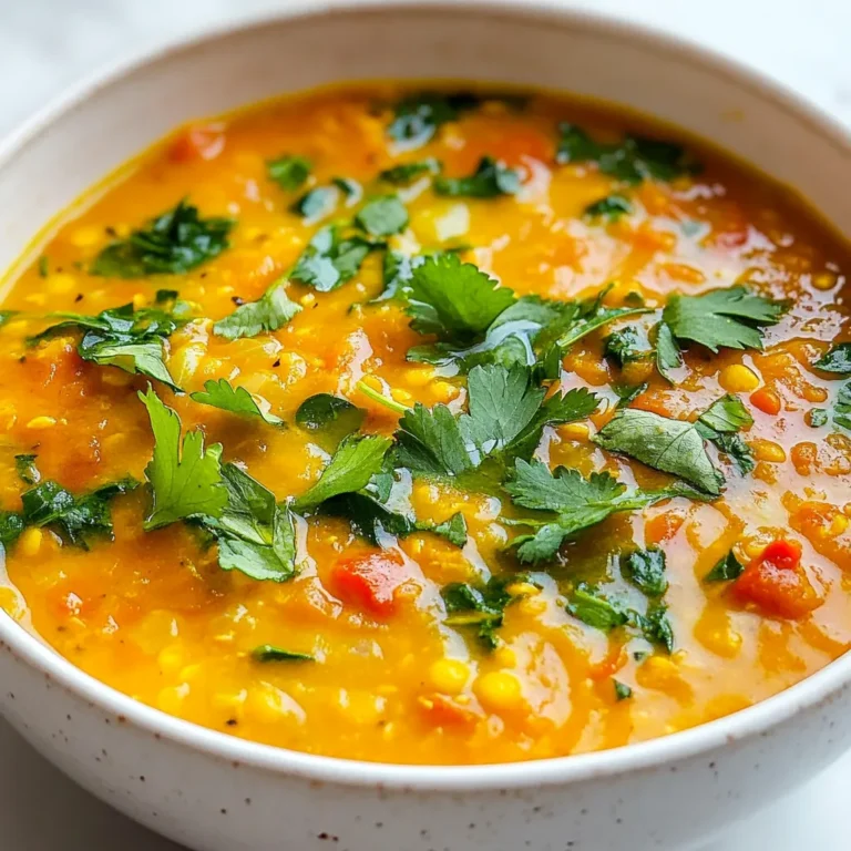 - 1 cup red lentils, thoroughly rinsed and drained - 1 medium onion, finely chopped - 3 cloves garlic, minced - 1 medium carrot, diced into small cubes - 1 stalk celery, diced - 1 teaspoon ground cumin - 1 teaspoon ground turmeric - 1/2 teaspoon smoked paprika - 6 cups vegetable broth (preferably low-sodium) - 1 can (14 oz) diced tomatoes, with juices - 2 cups fresh spinach, roughly chopped - Salt and black pepper, to taste - 2 tablespoons extra virgin olive oil - Fresh lemon juice, to garnish - Chopped fresh cilantro, for garnish - Red Lentils: These are full of protein and fiber. They help keep you full and support strong muscles. - Onion: Onions have antioxidants and can help fight inflammation. They may also support heart health. - Garlic: Garlic boosts your immune system. It can help lower blood pressure and cholesterol. - Carrot: Carrots are rich in beta-carotene. This turns into vitamin A, which is good for your eyes. - Celery: Celery is low in calories and high in water. It helps with hydration and digestion. - Cumin: Cumin aids digestion and has anti-inflammatory properties. It may also improve blood sugar levels. - Turmeric: Turmeric has curcumin, which can reduce inflammation and may boost brain health. - Smoked Paprika: This spice adds flavor and contains antioxidants. It can help improve circulation. - Vegetable Broth: A low-sodium broth adds flavor without too much salt. It keeps the soup light. - Diced Tomatoes: These provide vitamins C and K and add a rich taste to the soup. - Spinach: Spinach is packed with iron and vitamins. It supports blood health and boosts energy. - Olive Oil: Extra virgin olive oil is healthy fat. It supports heart health and adds richness. - Lemon Juice: Fresh lemon juice brightens the soup and adds vitamin C. - Cilantro: This herb adds a fresh taste and has antioxidants. It may help with digestion. - Red Lentils: You can use green lentils or split peas if needed. - Onion: Shallots or leeks work well in place of onions. - Garlic: Garlic powder can be a quick substitute. Use 1/4 teaspoon for each clove. - Carrot: You can swap carrots for sweet potatoes or parsnips. - Celery: Fennel or bell peppers can replace celery for a different taste. - Cumin: Ground coriander can provide a similar flavor. - Turmeric: You can use curry powder if you don't have turmeric. - Smoked Paprika: Regular paprika can work, but it won’t be as smoky. - Vegetable Broth: Water can be a backup, but the soup will be less flavorful. - Diced Tomatoes: Fresh tomatoes or tomato puree can also be used. - Spinach: Kale or Swiss chard are great leafy green alternatives. - Olive Oil: Avocado oil or grapeseed oil can replace olive oil. - Lemon Juice: Lime juice can add a different tangy taste. - Cilantro: Parsley can be used if you dislike cilantro. {{ingredient_image_2}} First, gather all your ingredients. This step makes cooking easier and fun. You need red lentils, veggies, spices, and broth. Make sure to rinse the lentils well. This helps remove any dirt or dust. 1. Heat the Oil: Start by adding olive oil to a large pot. Heat it over medium heat. 2. Sauté the Veggies: Add the chopped onion, diced carrot, and diced celery. Cook them for 5-7 minutes. Stir until the veggies are soft and the onion looks clear. 3. Add Garlic and Spices: Toss in the minced garlic, ground cumin, ground turmeric, and smoked paprika. Stir for one minute. This step lets the spices release their tasty smells. 4. Mix in Lentils and Broth: Now, add the rinsed red lentils, vegetable broth, and canned diced tomatoes. Bring the mix to a boil. 5. Simmer the Soup: Once it boils, lower the heat. Cover the pot and let it simmer for 25 minutes. The lentils should be soft at this point. 6. Add Spinach: After 25 minutes, stir in the chopped spinach. Let it cook for another 5 minutes. The spinach should wilt nicely. 7. Season and Serve: Taste the soup. Add salt and black pepper as you like. Serve hot with fresh lemon juice and cilantro on top. - Prep Ahead: Chop your veggies in advance. This saves time when you cook. - Watch the Heat: Keep an eye on the heat. You want a gentle simmer, not a wild boil. - Taste as You Go: Always taste the soup. Adjust the seasoning to fit your taste. - Presentation: For a nice look, drizzle olive oil on top and add lemon wedges. This makes the soup bright and appealing. To boost the taste of your red lentil detox soup, use fresh spices. Fresh spices add vibrant flavor. You can also sauté the garlic slowly to make it sweet. Try adding a splash of balsamic vinegar for depth. This small addition lifts the soup's flavor. Finish with fresh lemon juice before serving. The bright taste of lemon makes every bite lively. Store any leftover soup in an airtight container. Allow it to cool first. Keep it in the fridge for up to three days. If you want to keep it longer, freeze it. Pour the soup into freezer-safe bags and remove air before sealing. Label the bags with the date for easy tracking. To reheat the soup, pour it into a pot. Warm it over low heat, stirring often. If it seems thick, add a little water or broth. You can also use the microwave. Heat it in a bowl, covered, for about two minutes. Stir halfway through to ensure even heating. Add a squeeze of fresh lemon juice before serving. This brightens the flavors wonderfully. Pro Tips Enhance Flavor: To deepen the flavor of your soup, try toasting the spices in the olive oil for an additional minute before adding the vegetables. This will release their essential oils and enhance the overall taste. Add Heat: If you enjoy a bit of spice, consider adding a pinch of cayenne pepper or red pepper flakes to the soup while it's simmering for an extra kick. Make It Creamy: For a creamier texture, blend a portion of the soup with an immersion blender before adding the spinach. This will give it a smooth consistency while keeping some lentils whole for texture. Store and Reheat: This soup can be made ahead of time and stored in the fridge for up to 5 days. When reheating, add a splash of vegetable broth to loosen it up if it thickens too much. {{image_4}} This red lentil detox soup is naturally vegetarian and vegan. It contains no meat or animal products. You can easily enjoy this soup while following a plant-based diet. Adding more veggies can enhance the taste and texture. Try adding bell peppers, zucchini, or kale for extra flavor and nutrients. To boost the soup’s nutrition, consider adding these tasty ingredients: - Quinoa: This adds protein and a nice crunch. - Kale: Packed with vitamins, it adds color and health benefits. - Sweet potatoes: They add sweetness and fiber. - Chickpeas: These add protein and make the soup hearty. You can mix and match these ingredients based on what you like or have on hand. If you enjoy spicy food, add a kick to your soup. You can try adding: - Cayenne pepper: Just a pinch for heat. - Chili flakes: They add a nice warmth to the flavor. - Fresh jalapeños: For a fresh, spicy twist. Start with a little and increase it to your taste. Balancing the spice will keep your soup delicious and enjoyable. To keep your Red Lentil Detox Soup fresh, let it cool down first. Use an airtight container for storage. Pour the soup into the container and seal it tight. You can store it in the fridge for up to five days. If you plan to eat it later, ensure you label the container with the date. This soup freezes well, making it a great meal prep option. To freeze, divide the soup into portions. Use freezer-safe bags or containers. Leave some room at the top since the soup will expand when frozen. It can last in the freezer for about three months. When ready to eat, thaw it overnight in the fridge before reheating. In the fridge, this soup lasts about five days. If properly frozen, it keeps its taste and texture for three months. Always check for signs of spoilage, like off smells or changes in texture. If in doubt, throw it out! Enjoy your healthy soup without worry. Red lentils are packed with protein. They help build strong muscles and keep you full. They are also high in fiber, which aids digestion. This helps control blood sugar levels. Red lentils are rich in iron, which supports healthy blood. They contain antioxidants that fight free radicals. This supports your body's overall health. Plus, they are low in calories, making them great for weight loss. Yes, you can use either method. For a slow cooker, sauté the veggies first. Then add them to the slow cooker with the rest of the ingredients. Cook on low for about 6 hours. For an instant pot, sauté the veggies using the sauté function. Then add all ingredients and seal the lid. Cook on high pressure for 10 minutes. Let it release naturally for 10 minutes, then quick release the rest. You can easily change the recipe! Add different veggies like bell peppers or zucchini. Change the spices to add more heat or flavor. Try adding fresh herbs like basil or parsley. For extra creaminess, blend a portion of the soup. You can also add your favorite protein, like chicken or tofu, for a heartier meal. This article covered the key elements of making Red Lentil Detox Soup. We looked at the ingredients and their health benefits, along with helpful substitutions. The step-by-step instructions and cooking tips ensure a great result. We also shared ways to store, reheat, and enhance the soup's flavor. In closing, you now have the tools to make this flavorful soup your own. Enjoy your cooking journey!