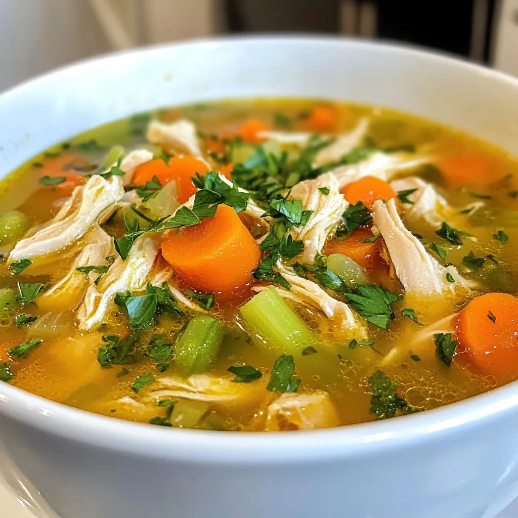 To make a hearty chicken soup, gather these key items: - 1 whole chicken (3-4 pounds), cleaned and cut into quarters - 8 cups chicken broth or stock - 2 medium carrots, diced - 2 celery stalks, diced - 1 large onion, chopped - 4 cloves garlic, minced - 1 cup green beans, trimmed and cut - 1 cup potatoes, diced - 1 teaspoon dried thyme - 1 teaspoon dried rosemary - 2 bay leaves - Salt and black pepper to taste - 2 tablespoons extra virgin olive oil - Fresh parsley, chopped for garnish This list will help you create a rich and warming soup. You can make your soup even better with some add-ins like: - Fresh lemon juice for a zesty kick - Corn for sweetness and texture - Spinach or kale for extra greens - Noodles or rice for added heartiness - Red pepper flakes for a hint of heat These options can take your soup to the next level. Each ingredient in this soup brings its own health perks: - Chicken provides protein and essential vitamins. - Carrots are rich in beta-carotene, good for your eyes. - Celery contains fiber and helps with hydration. - Garlic has immune-boosting properties. - Green beans and potatoes add fiber and nutrients. - Olive oil offers healthy fats that keep your heart happy. Together, these ingredients create a dish that not only warms you up but also nourishes your body. {{ingredient_image_2}} First, gather your ingredients. You need a whole chicken, carrots, celery, onion, garlic, green beans, and potatoes. Cut your vegetables into small pieces. Dice the carrots and celery. Chop the onion finely. Mince the garlic. This prep makes your soup tasty and colorful. Next, heat two tablespoons of olive oil in a large pot over medium heat. Add the chopped onion and minced garlic. Sauté them for about three to four minutes. You want them soft and see-through. This step builds a flavorful base for your soup. Now, add the quartered chicken to the pot. Sear it on all sides until it turns golden brown. This should take about five to seven minutes. The browning adds a rich taste to the broth. Once the chicken is browned, pour in eight cups of chicken broth. Bring the pot to a gentle simmer. Use a spoon to skim off any foam that rises to the surface. This keeps your soup clear and clean. Next, add the diced carrots, celery, green beans, and potatoes to the pot. Toss in one teaspoon each of dried thyme and rosemary. Add two bay leaves for extra depth. Season your mixture with salt and freshly cracked black pepper. Stir everything well. Cover the pot with a lid. Let the soup simmer for about 45 minutes. This allows the chicken to cook fully and become tender. You will know it's ready when the chicken pulls away from the bone easily. After 45 minutes, carefully remove the chicken from the pot. Set it on a plate to cool. Discard the bay leaves. When the chicken is cool enough to touch, shred the meat with two forks. Return the shredded chicken to the pot. Taste your soup now. Adjust the seasoning if needed. Add more salt or pepper according to your preference. This final step ensures your soup is just right. Serve the hot soup in bowls. Garnish with freshly chopped parsley for a bright touch. Enjoy the warm, soothing flavors that make homemade chicken soup special! To boost the flavor, use fresh herbs. Fresh thyme and rosemary add bright notes. You can also add a squeeze of lemon juice for a zesty touch. Another tip is to use homemade chicken broth. It gives a rich taste that store-bought broth can’t match. One mistake is not sautéing the onions and garlic first. This step builds a great base flavor. Another mistake is adding too much salt at once. Taste as you go to find the right balance. Also, don’t rush the simmering time. Letting the soup cook slowly helps deepen the flavors. Serve the soup hot in deep bowls. This keeps it warm longer. Garnish with fresh parsley for a pop of color. Pair it with crusty bread or a simple salad for a complete meal. If you have leftovers, store them in airtight containers in the fridge. This makes for an easy lunch or dinner later. Pro Tips Use Quality Broth: For the best flavor, use homemade or high-quality store-bought chicken broth. It significantly enhances the taste of the soup. Shred Chicken Efficiently: Allow the chicken to cool slightly before shredding. Use two forks to easily pull apart the meat, ensuring it remains tender and juicy. Customize Vegetables: Feel free to add or substitute your favorite vegetables like peas, corn, or spinach to tailor the soup to your taste. Make It Ahead: This soup can be made in advance and stored in the refrigerator for up to 3 days. It also freezes well, making it perfect for meal prep! {{image_4}} For a gluten-free chicken soup, use gluten-free chicken broth. Check the label to ensure it has no added gluten. You can still use the same ingredients from the main recipe. Just avoid any gluten-containing add-ins, like noodles or bread. This soup is hearty and safe for those with gluten issues. To make a low-sodium version, use low-sodium chicken broth. You can also leave out added salt. Instead, focus on herbs and spices to boost flavor. Fresh herbs like parsley and thyme add taste without salt. This way, you can enjoy a tasty soup while watching your sodium intake. If you prefer a vegetarian option, you can swap the chicken with chickpeas or lentils. Use vegetable broth instead of chicken broth. The veggies you choose can include carrots, celery, and potatoes. Add spices like thyme and rosemary for that comforting flavor. This version keeps the warmth of chicken soup while being meat-free. To store your homemade chicken soup, let it cool first. Place it in an airtight container. You can keep it in the fridge for about 3 to 4 days. Make sure to label the container with the date. This way, you know when to eat it by. If you want to freeze the soup, use freezer-safe containers. Leave some space at the top for expansion. You can freeze it for up to 3 months. When ready to use, thaw it in the fridge overnight. This keeps the flavor fresh and tasty. To reheat your chicken soup, pour it into a pot. Heat it over medium heat, stirring often. If the soup is too thick, add a bit of water or broth. You can also use the microwave. Heat in a microwave-safe bowl, stirring every minute. This helps it heat evenly. Homemade chicken soup can last in the fridge for about 3 to 4 days. Make sure to store it in a sealed container. If you want to keep it longer, freeze it. Frozen chicken soup stays good for 2 to 3 months. Just remember to let it cool before you freeze it. Yes, you can use leftover chicken! It’s a great way to save time. Just shred the cooked chicken and add it to the soup base. You can skip the step of cooking the chicken from scratch. This makes the soup quick and easy. If you don’t have chicken broth, you can use vegetable broth. Water is another option, but it may lack flavor. You can enhance it by adding spices or herbs. Another great choice is homemade stock, which adds depth to the soup. To make chicken soup in a slow cooker, start by adding your ingredients. Place the chicken, veggies, and broth in the pot. Set it on low for 6 to 8 hours or high for 3 to 4 hours. Once done, shred the chicken and mix it back in. Enjoy your warm soup! You now know how to make delicious homemade chicken soup. We covered essential ingredients and tips to enhance flavor. You also learned how to avoid common mistakes and store your soup properly. Remember, you can adapt the recipe for gluten-free or vegetarian options. Enjoy your soup-making journey. Each bowl is a chance to create warmth and comfort. You will impress your family and friends with your skills. Happy cooking!