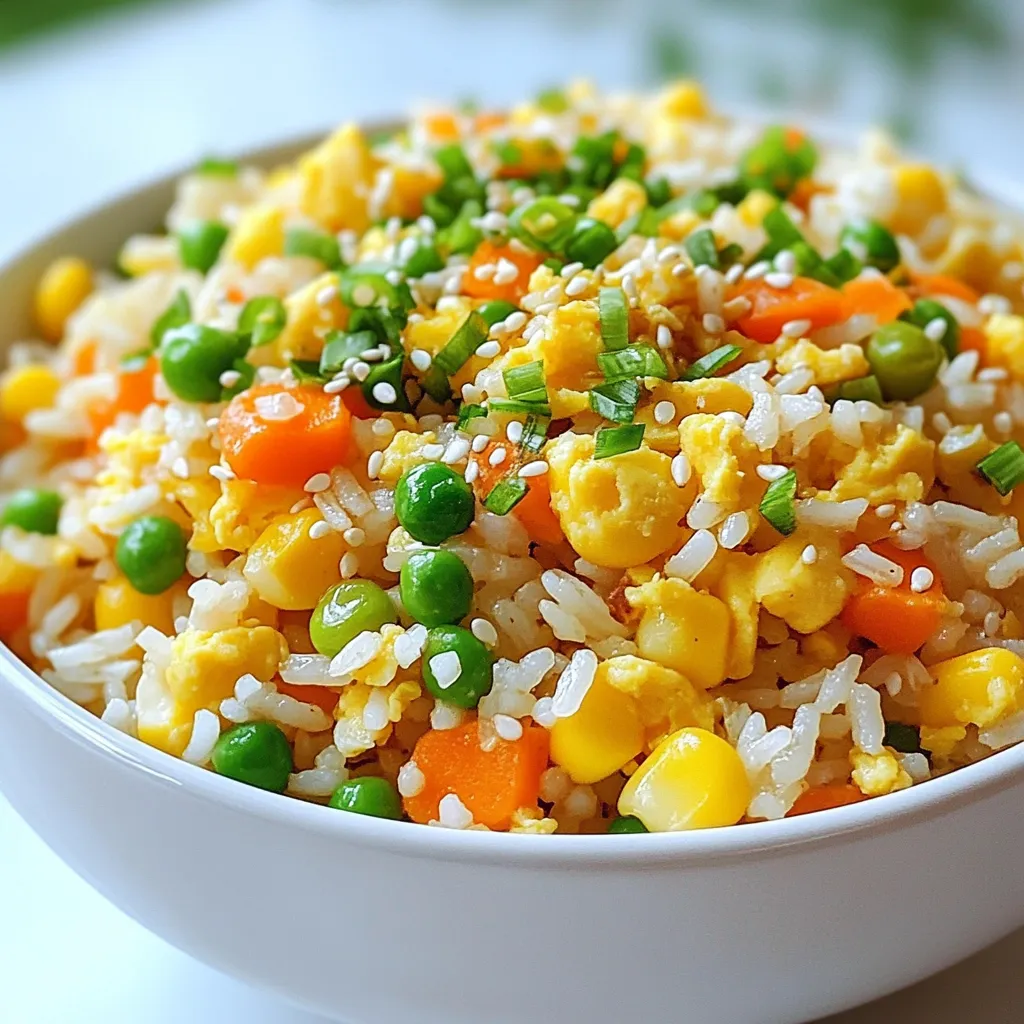 To make Ten Minute Egg Fried Rice, gather these simple ingredients: - 2 cups cooked jasmine rice - 2 large eggs - 1 cup mixed vegetables (like diced carrots, peas, and sweet corn) - 3 green onions, finely chopped (whites and greens separated) - 2 tablespoons soy sauce - 1 tablespoon sesame oil - 1 tablespoon vegetable oil - Salt and pepper to taste - Optional garnishes: toasted sesame seeds and fresh cilantro Each ingredient plays a key role in flavor and texture. Using day-old jasmine rice is best. It’s drier and fries better. Fresh vegetables add color and crunch. The soy sauce gives depth, while the oils bring a nice finish. Green onions are great for freshness. You can even add sesame seeds and cilantro for a special touch. Feel free to personalize this recipe. You can swap in your favorite veggies or add protein. The choice is yours! {{ingredient_image_2}} Start by heating vegetable oil in a large non-stick skillet. A non-stick skillet helps prevent sticking and makes cooking easier. Heat the oil over medium-high heat until it’s hot but not smoking. This is key for getting that nice fried texture on your rice. Crack the two large eggs into a medium bowl. Use a fork to whisk the eggs together until fully combined. Pour the eggs into the hot skillet. Scramble them gently for about 1-2 minutes. You want them to be softly set. Once done, remove them from the skillet and set them aside. Next, add sesame oil to the same skillet. Wait until it shimmers before adding your mixed vegetables. You can use diced carrots, frozen peas, or sweet corn. Stir-fry these veggies for about 2-3 minutes. The goal is tender vegetables that still have a bit of crunch. Now, it's time for the rice! Use 2 cups of cooked jasmine rice, preferably day-old rice. Day-old rice is drier and fries better. Add the rice to the skillet, breaking up any clumps with a spatula. Stir-fry the rice for about 2 minutes. Make sure it’s heated through and slightly fried. Return the scrambled eggs to the skillet now. Mix them thoroughly with the rice and vegetables. This step helps ensure that each bite has a good mix of flavors. Drizzle 2 tablespoons of soy sauce over the rice mixture. Stir well to coat the rice evenly. Taste and adjust with salt and pepper to your liking. Just before serving, add the chopped green onion whites. This keeps their fresh taste. You can reserve the green tops for garnish later. Jasmine rice is my favorite for fried rice. It has a nice aroma and a fluffy texture. The grains stay separate when you fry them. Day-old rice is even better. It dries out in the fridge, so it fries perfectly. Fresh rice can be too sticky and clump together. Stir-frying is key for great egg fried rice. Use a hot non-stick skillet to avoid sticking. Keep the heat high but not too high. If it’s too low, the rice will get soggy. You want a crispy texture. Stir quickly to cook everything evenly and keep that crunch. Want to spice it up? Add some chopped chili or hot sauce. You can also mix in garlic or ginger for a kick. For a sweet touch, toss in some pineapple chunks. Don't forget about the soy sauce; it brings a deep flavor. Adjust to your taste, and enjoy! Pro Tips Use Day-Old Rice: Using day-old jasmine rice is key for achieving the best texture. It’s drier and less sticky, making it ideal for frying. High Heat is Essential: Ensure your pan is hot enough before adding the rice. This helps to achieve that desirable fried texture and prevents sticking. Customize Your Vegetables: Feel free to mix and match your favorite vegetables. Bell peppers, broccoli, or even spinach can add more flavor and nutrition. Garnish for Extra Flavor: Adding toasted sesame seeds and fresh cilantro not only boosts presentation but also adds a layer of flavor that enhances the dish. {{image_4}} For a vegetarian twist on this dish, you can skip the eggs. Use silken tofu instead. Silken tofu adds creaminess and protein. You can also try chickpeas or lentils for a hearty option. Both provide good protein and texture. If you want to keep it light, use tofu and add more vegetables. If you love protein, consider adding chicken, shrimp, or tofu. For chicken, use cooked, diced chicken breast. It warms up quickly and adds flavor. Shrimp can be added raw; just cook until pink and firm. For tofu, use firm tofu. Press it to remove water, then cut it into cubes. Stir-fry it until golden for extra crunch. You can customize your fried rice with seasonal vegetables. In spring, use peas and asparagus. In summer, add bell peppers and zucchini for color. Autumn brings squash and broccoli, while winter is perfect for carrots and kale. This way, your dish stays fresh and vibrant all year round. To store leftover egg fried rice, first let it cool. Place it in an airtight container. Make sure to seal it well. This keeps the rice fresh and prevents bad smells. You can keep it in the fridge for up to three days. When ready to eat, just take it out. For reheating, use a skillet or a microwave. If using a skillet, heat a little oil over low heat. Add the rice and stir often. This helps keep the texture nice. If using a microwave, place the rice in a bowl. Add a splash of water to keep it moist. Heat for about one to two minutes. Stir halfway through to warm it evenly. To freeze egg fried rice, let it cool completely first. Then, scoop it into freezer bags. Flatten the bags to save space. Label them with the date. You can freeze it for up to three months. To thaw, place it in the fridge overnight. When ready to eat, reheat it as mentioned above. This way, your meal stays tasty and fresh. Yes, you can use frozen rice. Just make sure to thaw it first. You can microwave it or let it sit in the fridge overnight. Frozen rice works well, but be sure to break up clumps before frying. This helps it fry better and avoids sogginess. If you don’t have sesame oil, use a different oil. Vegetable oil or olive oil works great. You can also add a bit of flavor with a splash of soy sauce. This keeps the dish tasty while still being simple. You can add many types of vegetables to this dish. Some great choices are bell peppers, broccoli, or zucchini. Peas, carrots, and corn work well too. Use what you have on hand for a quick meal and to add color. To spice up your egg fried rice, add chili paste or crushed red pepper flakes. You can also mix in fresh chopped chili peppers. Start with a little and taste as you go. Adjust the spice level to your liking for a flavorful kick. Absolutely! You can easily double this recipe. Just make sure your pan is big enough to hold all the ingredients. You may need to stir a bit longer for even cooking. This way, you can serve more people without much hassle. Egg fried rice is simple and fun to make. You learned the basic ingredients and step-by-step instructions, ensuring each bite is tasty. Remember to use day-old jasmine rice for the best texture. You can customize your dish with proteins or veggies you love. Store leftovers well to enjoy later. Use these tips to impress friends or family with your cooking skills. Now, go ahead and make your own delicious egg fried rice!