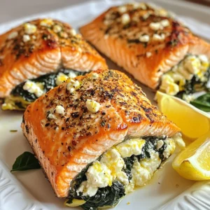 For this stuffed salmon with spinach feta delight, gather the following ingredients: - 4 salmon fillets (approximately 6 oz each) - 2 cups fresh spinach, roughly chopped - 1 cup feta cheese, crumbled into small pieces - 1/4 cup cream cheese, softened at room temperature - 2 cloves garlic, finely minced - 1 tablespoon freshly squeezed lemon juice - 1 teaspoon dried oregano - Salt and freshly ground black pepper to taste - 2 tablespoons extra virgin olive oil - Lemon wedges, for garnish This mix of flavors brings out the best in salmon. Fresh spinach adds color and nutrients. Feta cheese gives it a creamy, tangy twist. Cream cheese helps bind the filling and keeps it moist. Garlic and lemon juice add bright flavors. Dried oregano rounds out the taste. Use good quality salmon for the best results. Fresh ingredients make a big difference in taste. If you can find wild-caught salmon, it is often more flavorful. Prepare your ingredients ahead of time for a smooth cooking process. {{ingredient_image_2}} - Preheat oven to 375°F (190°C). - Heat 2 tablespoons of olive oil in a skillet. Add 2 cloves of minced garlic and sauté for 1 minute. - Add 2 cups of fresh spinach to the skillet. Stir and cook for 2-3 minutes until it wilts. - Remove the skillet from heat and set the spinach mixture aside. - In a mixing bowl, combine the wilted spinach with 1 cup of crumbled feta cheese, 1/4 cup of softened cream cheese, 1 tablespoon of lemon juice, 1 teaspoon of dried oregano, and a pinch of salt and pepper. - Mix all ingredients until well combined. - Take 4 salmon fillets and place them skin-side down on a cutting board. - Using a sharp knife, cut a pocket into the side of each fillet. Be careful not to cut through. - Generously fill each pocket with the spinach and feta mixture. - Heat the remaining tablespoon of olive oil in a large oven-safe skillet over medium-high heat. - Gently add the stuffed salmon fillets, cooking for 3-4 minutes on each side until golden brown. - Transfer the skillet to the preheated oven and bake for 10-12 minutes. The salmon is done when it flakes easily with a fork. - Let the salmon rest for 2 minutes before serving to keep it moist. To sear salmon well, start with a hot skillet. Heat the oil until it shimmers. Place the salmon skin-side down and cook for 3-4 minutes. This creates a nice crust. Flip it gently and cook for another 3-4 minutes. Make sure the salmon is golden brown. Resting is key too. Let the salmon rest for 2 minutes after cooking. This keeps it moist and tasty. Seasonings can truly elevate your dish. I suggest adding fresh dill or parsley for a pop of flavor. You can also try adding a pinch of smoked paprika for some warmth. If feta is not your favorite, swap it for goat cheese or ricotta. Both will work well with spinach. They add creaminess and richness to your stuffing. For a beautiful plate, serve the salmon on a bed of sautéed veggies. Bright colors make your dish eye-catching. You can also use fluffy rice for a heartier option. Drizzle olive oil over the top for shine. Add lemon wedges for a fresh look. These small touches make your meal feel special and inviting. Pro Tips Fresh Ingredients: Always use fresh spinach and high-quality feta cheese for enhanced flavor and texture in your stuffed salmon. Knife Skills: When cutting pockets in the salmon fillets, make sure to use a very sharp knife to avoid tearing the fish. Don’t Overcook: Keep an eye on the salmon while it bakes; it’s done when it flakes easily with a fork to prevent dryness. Resting Time: Allow the stuffed salmon to rest for a couple of minutes after baking to help keep it moist and flavorful. {{image_4}} You can change up the stuffing to suit your taste. Consider using other greens like kale or Swiss chard. Fresh herbs, such as dill or parsley, can add a nice touch. For a pop of flavor, try adding sun-dried tomatoes or artichokes. These ingredients mix well with the feta and spinach, creating a unique taste. You can even mix in some cooked quinoa for added texture. If salmon isn’t your favorite, other fish fillets work great too. Try this stuffing with tilapia or cod for a lighter dish. You can also adapt this recipe for shrimp. Just butterfly the shrimp and fill them with the spinach and feta mix. Bake them in the same way, adjusting the cooking time for the shrimp. For gluten-free options, this recipe is already a winner! Just make sure your feta is gluten-free. If you want a dairy-free version, swap the cream cheese for a nut-based cream cheese. You can also skip the feta and use a dairy-free cheese alternative. This way, everyone can enjoy a delicious meal! To keep your stuffed salmon fresh, follow these steps: - Place leftovers in an airtight container. - Refrigerate within two hours of cooking. - Consume within three days for the best taste. If you want to freeze your salmon, do this: - Wrap each piece tightly in plastic wrap. - Place the wrapped salmon in a freezer bag. - Label the bag with the date. Store for up to three months. When you're ready to enjoy leftovers, reheating is key. Here’s how to do it right: - Oven Method: Preheat your oven to 350°F (175°C). Place salmon in a baking dish, cover with foil, and heat for about 15 minutes. - Microwave Method: Use a microwave-safe plate. Heat at medium power for 1-2 minutes, checking frequently. These methods help keep your salmon moist. Avoid high heat, as it can dry out the fish. Enjoy your meal! Yes, you can use frozen salmon. Just thaw it in the fridge overnight. This helps it cook evenly. Make sure to pat it dry before cooking. Stuffed salmon pairs well with many sides. Here are a few ideas: - Roasted vegetables - Steamed asparagus - Fluffy rice - Quinoa salad - Garlic mashed potatoes These sides add color and flavor to your meal. To check if salmon is done, look for a few signs: - The flesh should be opaque. - It should flake easily with a fork. - Use a food thermometer; it should reach 145°F (63°C). These tips help ensure perfectly cooked salmon every time. Yes, you can prepare the stuffing ahead of time. Mix the spinach and cheeses, then store it in the fridge. This makes it easy to stuff the salmon later. Use it within 24 hours for the best taste. If you overcooked the salmon, here are some tips: - Serve it with a sauce. A squeeze of lemon or a creamy sauce can help. - Flake the salmon and mix it into a salad or pasta dish. - Add moisture with a drizzle of olive oil or broth. These ideas can turn a mistake into a tasty dish! This blog post covers making a delicious stuffed salmon dish. We explored the key ingredients, detailed step-by-step instructions, and shared helpful tips. I provided variations to suit different tastes and storage tips for leftovers. You now have the tools to create a tasty meal. Remember, practice makes perfect in cooking. Enjoy experimenting with flavors and impressing others with your culinary skills!