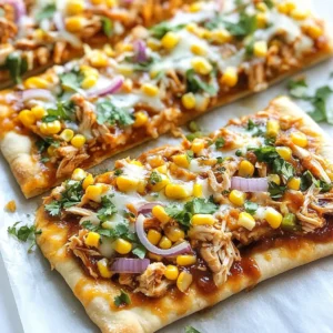 To make BBQ Chicken Flatbread Pizza, you need a few key ingredients. These will create a tasty and fun meal for everyone. Here’s what you will need: - Large flatbreads or naan - Cooked shredded chicken - BBQ sauce - Shredded mozzarella cheese - Red onion - Corn kernels - Jalapeños (optional) - Olive oil, salt, and pepper Each ingredient plays a part in making this dish delicious. The flatbread serves as a crisp base. The shredded chicken adds protein and flavor. BBQ sauce brings sweetness and tang. Mozzarella cheese melts beautifully and creates that gooey texture we love. Red onion adds a nice crunch and sharp taste. Corn kernels give a sweet pop with every bite. If you like heat, jalapeños are a great choice. Lastly, olive oil, salt, and pepper enhance all the flavors. Feel free to mix and match based on your taste. This pizza is easy to customize. Enjoy the process of creating your BBQ Chicken Flatbread Pizza! {{ingredient_image_2}} 1. Preheating the oven and preparing the chicken Start by preheating your oven to 400°F (200°C). Place a rack in the center. This helps the heat spread evenly. Next, take your cooked chicken and shred it into small pieces. In a bowl, mix the chicken with 1/4 cup of your BBQ sauce. Make sure the chicken is well-coated. Set this aside so the flavors combine. 2. Assembling the flatbreads with BBQ sauce and toppings Grab your flatbreads or naan and lay them on a baking sheet lined with parchment paper. This prevents sticking. Use a pastry brush to lightly coat each flatbread with olive oil. This adds flavor and helps them crisp up. Next, take the remaining BBQ sauce and spread it evenly over the flatbreads. Use a spoon for a nice layer. Now, add the BBQ chicken mixture on top, making sure each flatbread gets a good amount. Then, sprinkle a cup of shredded mozzarella cheese over the chicken. Add thinly sliced red onions and cooked corn kernels for crunch. If you like heat, toss on some jalapeños. 3. Baking the pizza and achieving the perfect melt Carefully place your baking sheet in the hot oven. Bake for 12-15 minutes. You want the cheese to be melted and bubbly, with golden edges. Once done, take the flatbreads out of the oven. Let them cool for a minute. This makes slicing easier. Now you have a delicious BBQ chicken flatbread pizza ready to enjoy! - Ensuring even cooking and crispiness: To get a crispy flatbread, use a baking sheet lined with parchment paper. Brush the flatbreads lightly with olive oil before adding toppings. This step helps them crisp up nicely in the oven. Bake at 400°F (200°C) for 12-15 minutes. Check for a golden brown edge to know when they’re ready. - How to reheat leftovers properly: To reheat flatbread pizza, place it in an oven at 350°F (175°C) for about 10 minutes. This keeps the crust crispy. You can also use an air fryer for 5 minutes. Avoid microwaving, as it can make the flatbread soggy. - Choosing the right BBQ sauce for flavor: The BBQ sauce is key to great taste. Choose one that you love. Sweet sauces add a nice flavor with a little tang. If you like heat, try a spicy BBQ sauce. Experiment with different brands to find your favorite. Pro Tips Use Fresh Ingredients: Fresh ingredients, especially herbs like cilantro, elevate the flavor of your flatbread pizza and make it more appealing. Customize Your Toppings: Feel free to experiment with different toppings such as bell peppers, mushrooms, or even pineapple for a unique flavor twist. Monitor Baking Time: Keep an eye on the flatbreads while baking, as oven temperatures can vary. You want the cheese to be bubbly and golden without burning. Serve with Dipping Sauce: Accompany your flatbreads with extra BBQ sauce or a ranch dressing for dipping to enhance the overall eating experience. {{image_4}} You can change up your BBQ chicken flatbread pizza in many ways. Here are some ideas to inspire you: - Different types of flatbreads or bases: Try using pita, tortilla, or even polenta. Each base gives a new twist. If you like a thicker crust, use a pre-made pizza dough. - Optional toppings for added flavor: Add some avocado slices for creaminess, or sprinkle some feta cheese for a tangy bite. You could also try roasted bell peppers or fresh spinach for extra color and taste. - Vegetarian and gluten-free adaptations: For a vegetarian version, skip the chicken and use grilled veggies instead. Zucchini, mushrooms, and eggplant work great. If you need a gluten-free option, look for gluten-free flatbreads or make your own with almond flour. Feel free to mix and match these ideas. Cooking should be fun and creative! To keep your BBQ chicken flatbread pizza fresh, use proper storage methods. First, let the pizza cool down to room temperature. Avoid putting hot food straight into the fridge. - Refrigeration: Place any leftover slices in an airtight container. You can also wrap them in plastic wrap. Store them in the fridge for up to three days. This keeps the flavors and texture nice. - Freezing Options: If you want to save the pizza longer, freezing is a great choice. Wrap each slice tightly in plastic wrap, then place them in a freezer-safe bag. Label the bag with the date. The flatbread can stay good for up to two months in the freezer. - Reheating Tips: To reheat, you can use the oven or the microwave. For the oven, preheat it to 375°F (190°C). Place the pizza on a baking sheet and bake for about 10 minutes. This will help keep the crust crispy. If you use the microwave, heat it for about 30 seconds to 1 minute. The crust may get a bit soft, but it will still taste great. Enjoy your leftovers! You can use cooked turkey or canned chicken as a substitute. You can also try shredded pork or beef. If you prefer plant-based options, use shredded jackfruit or tofu. These options add different flavors and textures. Check for golden brown edges and melted cheese. The cheese should be bubbly and slightly browned. If the flatbread feels firm to the touch, it is ready to enjoy. Keep an eye on it to avoid burning. Yes, you can make flatbread dough at home. Combine flour, water, salt, and olive oil. Knead the dough and let it rest. Then roll it out and cook it on a skillet or bake it. Homemade dough adds a special touch to your pizza. This blog post covers how to make delicious flatbread pizza. We explored the key ingredients, like chicken, BBQ sauce, and cheese. I shared simple steps to assemble and bake your pizza. You also learned tips for cooking and storing leftovers. Plus, I gave ideas for variations to suit your taste. Try this easy recipe. It’s tasty, fun, and perfect for any meal. Enjoy cooking and share it with friends!