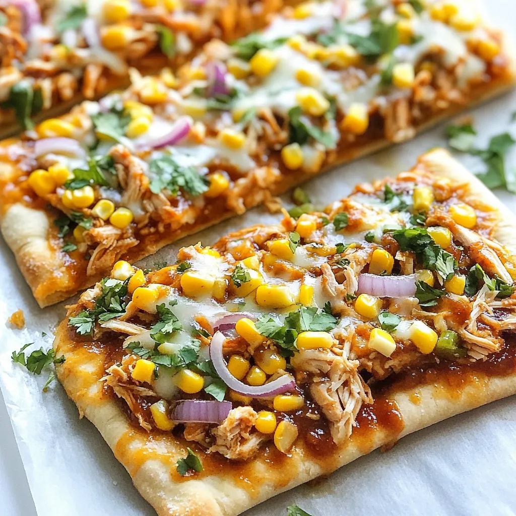 To make BBQ Chicken Flatbread Pizza, you need a few key ingredients. These will create a tasty and fun meal for everyone. Here’s what you will need: - Large flatbreads or naan - Cooked shredded chicken - BBQ sauce - Shredded mozzarella cheese - Red onion - Corn kernels - Jalapeños (optional) - Olive oil, salt, and pepper Each ingredient plays a part in making this dish delicious. The flatbread serves as a crisp base. The shredded chicken adds protein and flavor. BBQ sauce brings sweetness and tang. Mozzarella cheese melts beautifully and creates that gooey texture we love. Red onion adds a nice crunch and sharp taste. Corn kernels give a sweet pop with every bite. If you like heat, jalapeños are a great choice. Lastly, olive oil, salt, and pepper enhance all the flavors. Feel free to mix and match based on your taste. This pizza is easy to customize. Enjoy the process of creating your BBQ Chicken Flatbread Pizza! {{ingredient_image_2}} 1. Preheating the oven and preparing the chicken Start by preheating your oven to 400°F (200°C). Place a rack in the center. This helps the heat spread evenly. Next, take your cooked chicken and shred it into small pieces. In a bowl, mix the chicken with 1/4 cup of your BBQ sauce. Make sure the chicken is well-coated. Set this aside so the flavors combine. 2. Assembling the flatbreads with BBQ sauce and toppings Grab your flatbreads or naan and lay them on a baking sheet lined with parchment paper. This prevents sticking. Use a pastry brush to lightly coat each flatbread with olive oil. This adds flavor and helps them crisp up. Next, take the remaining BBQ sauce and spread it evenly over the flatbreads. Use a spoon for a nice layer. Now, add the BBQ chicken mixture on top, making sure each flatbread gets a good amount. Then, sprinkle a cup of shredded mozzarella cheese over the chicken. Add thinly sliced red onions and cooked corn kernels for crunch. If you like heat, toss on some jalapeños. 3. Baking the pizza and achieving the perfect melt Carefully place your baking sheet in the hot oven. Bake for 12-15 minutes. You want the cheese to be melted and bubbly, with golden edges. Once done, take the flatbreads out of the oven. Let them cool for a minute. This makes slicing easier. Now you have a delicious BBQ chicken flatbread pizza ready to enjoy! - Ensuring even cooking and crispiness: To get a crispy flatbread, use a baking sheet lined with parchment paper. Brush the flatbreads lightly with olive oil before adding toppings. This step helps them crisp up nicely in the oven. Bake at 400°F (200°C) for 12-15 minutes. Check for a golden brown edge to know when they’re ready. - How to reheat leftovers properly: To reheat flatbread pizza, place it in an oven at 350°F (175°C) for about 10 minutes. This keeps the crust crispy. You can also use an air fryer for 5 minutes. Avoid microwaving, as it can make the flatbread soggy. - Choosing the right BBQ sauce for flavor: The BBQ sauce is key to great taste. Choose one that you love. Sweet sauces add a nice flavor with a little tang. If you like heat, try a spicy BBQ sauce. Experiment with different brands to find your favorite. Pro Tips Use Fresh Ingredients: Fresh ingredients, especially herbs like cilantro, elevate the flavor of your flatbread pizza and make it more appealing. Customize Your Toppings: Feel free to experiment with different toppings such as bell peppers, mushrooms, or even pineapple for a unique flavor twist. Monitor Baking Time: Keep an eye on the flatbreads while baking, as oven temperatures can vary. You want the cheese to be bubbly and golden without burning. Serve with Dipping Sauce: Accompany your flatbreads with extra BBQ sauce or a ranch dressing for dipping to enhance the overall eating experience. {{image_4}} You can change up your BBQ chicken flatbread pizza in many ways. Here are some ideas to inspire you: - Different types of flatbreads or bases: Try using pita, tortilla, or even polenta. Each base gives a new twist. If you like a thicker crust, use a pre-made pizza dough. - Optional toppings for added flavor: Add some avocado slices for creaminess, or sprinkle some feta cheese for a tangy bite. You could also try roasted bell peppers or fresh spinach for extra color and taste. - Vegetarian and gluten-free adaptations: For a vegetarian version, skip the chicken and use grilled veggies instead. Zucchini, mushrooms, and eggplant work great. If you need a gluten-free option, look for gluten-free flatbreads or make your own with almond flour. Feel free to mix and match these ideas. Cooking should be fun and creative! To keep your BBQ chicken flatbread pizza fresh, use proper storage methods. First, let the pizza cool down to room temperature. Avoid putting hot food straight into the fridge. - Refrigeration: Place any leftover slices in an airtight container. You can also wrap them in plastic wrap. Store them in the fridge for up to three days. This keeps the flavors and texture nice. - Freezing Options: If you want to save the pizza longer, freezing is a great choice. Wrap each slice tightly in plastic wrap, then place them in a freezer-safe bag. Label the bag with the date. The flatbread can stay good for up to two months in the freezer. - Reheating Tips: To reheat, you can use the oven or the microwave. For the oven, preheat it to 375°F (190°C). Place the pizza on a baking sheet and bake for about 10 minutes. This will help keep the crust crispy. If you use the microwave, heat it for about 30 seconds to 1 minute. The crust may get a bit soft, but it will still taste great. Enjoy your leftovers! You can use cooked turkey or canned chicken as a substitute. You can also try shredded pork or beef. If you prefer plant-based options, use shredded jackfruit or tofu. These options add different flavors and textures. Check for golden brown edges and melted cheese. The cheese should be bubbly and slightly browned. If the flatbread feels firm to the touch, it is ready to enjoy. Keep an eye on it to avoid burning. Yes, you can make flatbread dough at home. Combine flour, water, salt, and olive oil. Knead the dough and let it rest. Then roll it out and cook it on a skillet or bake it. Homemade dough adds a special touch to your pizza. This blog post covers how to make delicious flatbread pizza. We explored the key ingredients, like chicken, BBQ sauce, and cheese. I shared simple steps to assemble and bake your pizza. You also learned tips for cooking and storing leftovers. Plus, I gave ideas for variations to suit your taste. Try this easy recipe. It’s tasty, fun, and perfect for any meal. Enjoy cooking and share it with friends!