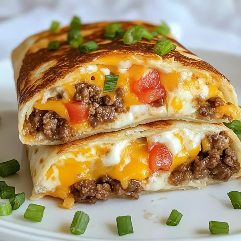 - 2 large flour tortillas - 1 cup shredded sharp cheddar cheese - 1 cup shredded Monterey Jack cheese - 1/2 cup cream cheese, softened - 1/2 cup cooked ground beef or black beans - 1/4 cup diced tomatoes - 1/4 cup finely chopped green onions - 1/2 teaspoon garlic powder - 1/2 teaspoon onion powder - Salt and freshly ground black pepper - Cooking spray or butter Gathering fresh ingredients is key to making this dish shine. I like to use high-quality cheeses for a great melt. Sharp cheddar adds a nice kick, while Monterey Jack makes it creamy. If you want a vegetarian twist, black beans work great instead of beef. Diced tomatoes add a juicy burst. Green onions bring a fresh crunch. Remember to season well, as this makes all the difference in flavor. Cooking spray or butter helps to get that perfect golden crust when grilling. Using these ingredients will help you create a delicious grilled cheese burrito that is simple and tasty. Enjoy the process of mixing and matching flavors. Each bite will be a delight! {{ingredient_image_2}} Start by mixing the cheeses. In a bowl, combine: - 1 cup shredded sharp cheddar cheese - 1 cup shredded Monterey Jack cheese - 1/2 cup softened cream cheese Add your choice of protein. If you want meat, use: - 1/2 cup cooked ground beef For a vegetarian option, swap it with black beans. Next, add: - 1/4 cup diced Roma tomatoes - 1/4 cup finely chopped green onions Finally, sprinkle in: - 1/2 teaspoon garlic powder - 1/2 teaspoon onion powder - Salt and pepper to taste Mix everything until it's well combined. This filling is key to your burrito's flavor. Take a large flour tortilla. Lay it flat on your surface. Spread half of the cheese and filling mixture evenly over one half. Be careful not to reach the edges. This prevents spillage when you fold. Now, gently fold the unfilled half over the cheese mixture. You should form a half-moon shape. Press down lightly along the edges. This seals the filling inside, making sure it stays put when cooking. Heat a large skillet on medium heat. Coat it lightly with cooking spray or butter. This helps achieve a golden crust on the burrito. Place the burrito seam-side down in the skillet. Cook it for 3-4 minutes. You want the bottom to be golden brown and crispy. Flip the burrito gently with a spatula. Cook the other side for another 3-4 minutes. Both sides should be crisp, and the cheese should be melted inside. After cooking, let the burrito cool for a minute. Slice it in half diagonally. This shows off the melty goodness inside. For a perfect crust, keep these tips in mind: - Use medium heat to avoid burning. - Don’t overcrowd the skillet; cook one at a time. - Press down lightly on the burrito with a spatula as it cooks. These steps will help you get that ideal crunch while keeping the filling warm and gooey. Enjoy your cooking! To get that perfect cheese melt, use a mix of cheeses. Sharp cheddar gives a nice tang, while Monterey Jack adds creaminess. When you mix them, the melt will be oozy and rich. Make sure your cheeses are at room temperature before mixing. This helps them melt faster and better during grilling. Keep the filling balanced. If you add too much, it will spill out. Spread the filling over half the tortilla, leaving a small border at the edge. This way, you can fold the tortilla easily without leaks. For a vegetarian option, use black beans instead of beef. This keeps the taste great and the texture satisfying. Grilling is key to a crispy burrito. Heat your skillet over medium heat, and add cooking spray or butter. This creates a nice golden crust. Cook each side for about 3-4 minutes. Flip gently to avoid spills. The key is patience; let it sizzle until golden brown. This will make your burrito crunchy and delicious. Pro Tips Use a Non-Stick Skillet: A non-stick skillet ensures that your burrito won't stick while cooking, allowing for easy flipping and a perfectly crispy exterior. Experiment with Cheeses: Feel free to mix and match different types of cheese, such as pepper jack for a spicy kick or gouda for a smoky flavor. Let it Rest: Allow the burrito to rest for a minute after cooking. This helps the cheese set slightly, making it easier to cut and serve without oozing out. Customize Your Fillings: Get creative with your fillings by adding ingredients like jalapeños, bell peppers, or corn for an extra burst of flavor and texture. {{image_4}} You can easily make this grilled cheese burrito vegetarian. Just swap the ground beef for black beans. Black beans add protein and fiber. They also bring a nice, creamy texture. Use about 1/2 cup of rinsed and drained black beans. Mix them with your cheeses and other fillings. This will keep your burrito tasty and hearty. Feel free to get creative here! Adding veggies boosts flavor and nutrition. Think about adding bell peppers, spinach, or corn. You can also sprinkle in your favorite spices. Cumin or chili powder can give a nice kick. If you're a salsa lover, throw in some fresh salsa for extra zest. It adds both flavor and moisture. If you like it hot, add jalapeños or hot sauce! Slice fresh jalapeños and mix them into your filling. You can also drizzle in hot sauce before sealing your burrito. This will turn your meal into a spicy delight. Just remember to balance the heat with your cheeses. You want a tasty blend that you can enjoy. If you have leftover burritos, wrap them tightly in foil or plastic wrap. This keeps them fresh. You can also place them in an airtight container. Store them in the fridge for up to three days. This way, you can enjoy your grilled cheese burritos later. To reheat, you can use a skillet. Heat it over medium heat. Place the burrito in the skillet for about 3-4 minutes on each side. This will make the outside crispy again. You can also use a microwave. Wrap the burrito in a damp paper towel. Heat it for 30 seconds to 1 minute. The microwave is quick, but it won't give you a crispy texture. If you want to save your burritos for later, freezing is a great option. Wrap each burrito tightly in foil or plastic wrap. Then place them in a freezer-safe bag. These burritos can last for up to three months in the freezer. When you're ready to eat, thaw them in the fridge overnight. Then, reheat as mentioned above for the best results. Yes, you can use different cheeses. Try gouda, mozzarella, or pepper jack. Each cheese adds unique taste and texture. Feel free to mix your favorites for a custom flavor. To stop leaking, don't overfill the burrito. Leave space at the edges. When folding, press the edges down tight. This helps seal in the filling and keep it secure. You can serve these burritos with salsa, guacamole, or sour cream. Fresh cilantro adds a nice touch. A side salad or tortilla chips also pairs well for a fun meal. Yes, you can use an air fryer! Set it to 375°F. Cook for about 6-8 minutes. Flip halfway through for even crispiness. This method makes them lighter and still delicious. To make this recipe gluten-free, use gluten-free tortillas. Check labels for safe ingredients. The rest of the fillings are naturally gluten-free. Enjoy a tasty meal without gluten! This blog showed you how to make Grilled Cheese Burritos step-by-step. We covered key ingredients, from tortillas to cheese, and how to prepare the filling. You learned tips for cooking and variations to fit your taste. Remember, you can store and reheat leftovers for future meals. If you keep these tips in mind, you'll enjoy delicious burritos. Now it's your turn to try this tasty recipe!