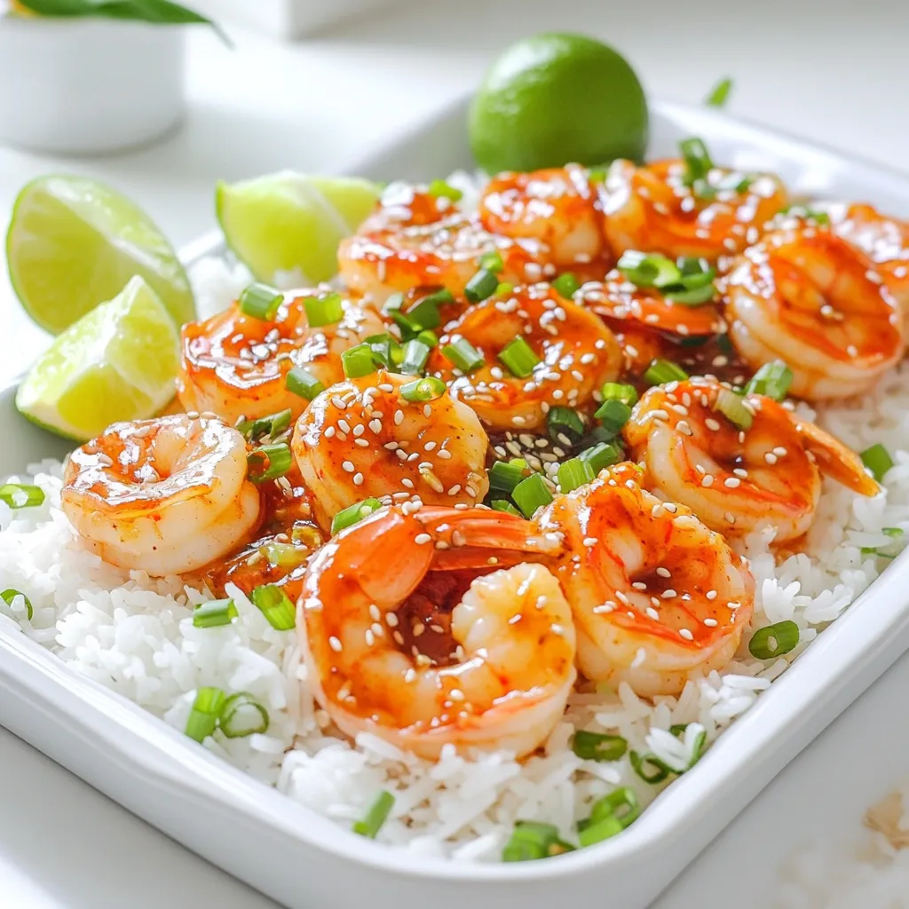 For this quick and tasty dish, you need a few key items. Here’s what you should gather: - 1 lb large shrimp, peeled and deveined - 1/4 cup sweet chili sauce - 2 tablespoons soy sauce - 1 tablespoon fresh lime juice - 1 tablespoon sesame oil - 1 clove garlic, minced - 1 teaspoon grated fresh ginger - 2 green onions, thinly sliced These ingredients work together to create a delightful flavor. The shrimp bring protein and texture, while the sweet chili sauce adds a sweet kick. To boost the taste, consider these extras: - Fresh lime juice gives a zesty touch. - Sesame oil adds a nutty flavor. - Garlic and ginger provide depth and warmth. These flavor enhancers elevate the dish. They make each bite exciting and fresh. To make your dish pop, use these garnishes: - Sesame seeds for a crunchy texture. - Sliced green onions for color and freshness. - Lime wedges for an extra zing. These garnishes not only look good but also add more flavor. They make your Minute Sweet Chili Shrimp a feast for the eyes and the palate. To start, gather your ingredients. You need sweet chili sauce, soy sauce, lime juice, sesame oil, garlic, and ginger. In a medium bowl, whisk these together. Mix until smooth and well combined. This step is key to making your shrimp flavorful. Next, take your shrimp. They should be peeled and deveined. Add them to the bowl with the marinade. Use your hands or a spatula to gently toss the shrimp. Make sure every piece is coated in the sauce. Let them sit in the marinade for about five minutes. This helps the shrimp soak up all the flavors. Now, heat a large skillet or wok on medium-high heat. Once the pan gets hot, add the marinated shrimp. Be sure to discard any extra marinade. You want to sear, not steam the shrimp. Cook them for about two to three minutes on one side. They should turn a nice pink color. Then, flip them over and cook for another two minutes. Be careful not to overcook them. Overcooked shrimp can become rubbery. Once the shrimp are done, remove the pan from heat. Stir in the sliced green onions for a fresh crunch. To serve, place the shrimp over warm jasmine rice. Don’t forget to sprinkle sesame seeds on top. This adds a nice touch and extra crunch. For a final flair, drizzle a little extra sweet chili sauce over the shrimp. Enjoy your delicious meal! To avoid overcooking shrimp, keep an eye on the time. Cook them for just 2-3 minutes on one side. When they turn pink, flip them carefully. Cook for another 2 minutes. The shrimp should be opaque and firm, not rubbery. If you see them curling tightly, they are overcooked. Timing is key! To store leftovers, let the shrimp cool first. Place them in an airtight container. Keep them in the fridge for up to 2 days. If you want to save them longer, freeze them. Make sure they are in a freezer-safe bag. They can last up to 3 months in the freezer. Thaw them in the fridge before reheating. Marinating shrimp boosts their flavor. Use a mix of sweet chili sauce, soy sauce, lime juice, sesame oil, garlic, and ginger. Let them sit in the marinade for at least 5 minutes. For more flavor, marinate for 30 minutes if you have time. This makes the shrimp taste even better. {{image_4}} You can easily swap shrimp for other proteins. Chicken or tofu works great here. If using chicken, cut it into small pieces. For tofu, choose firm tofu and cube it. Marinate these proteins just like you do with shrimp. Cook them until they are golden brown. This way, you enjoy a tasty meal no matter your choice! Adding vegetables boosts flavor and nutrition. You can use bell peppers, snap peas, or broccoli. Chop them into bite-sized pieces for even cooking. Stir-fry the veggies first for a few minutes. Then, add the marinated shrimp or other proteins. This adds color and crunch to your dish! If you love heat, try adding chili flakes or fresh sliced chilies. You can also use a spicier chili sauce. Mix this with your sweet chili sauce for a kick! Adjust the heat to your liking. This spicy twist will make your Minute Sweet Chili Shrimp even more exciting! After you make Minute Sweet Chili Shrimp, let it cool. Place it in an airtight container. You can keep it in the fridge for 2 to 3 days. Make sure to avoid leaving it out for too long. This helps keep the shrimp safe to eat. If you notice any off smells or changes in color, it's best to throw it away. If you want to save the shrimp for later, freezing is a great option. First, let the shrimp cool completely. Then, place them in a freezer-safe bag or container. Press out as much air as you can before sealing. They can stay good in the freezer for up to 2 months. When you're ready to eat, just thaw them in the fridge overnight. To reheat Minute Sweet Chili Shrimp, use a skillet over medium heat. Add a splash of water or broth to keep them moist. Heat for about 3 to 5 minutes. Stir gently to avoid overcooking. You can also use a microwave. Place the shrimp in a microwave-safe dish and cover it. Heat in short bursts of 30 seconds, stirring in between. Enjoy the flavors just as much as when they were fresh! Yes, you can use frozen shrimp. Just make sure to thaw them first. Run cold water over the shrimp until they are soft. This helps them cook evenly. Frozen shrimp can be just as tasty as fresh shrimp. You have many options for sides. Here are some great ideas: - Cooked jasmine rice - Steamed broccoli - Stir-fried vegetables - Rice noodles - A fresh green salad These sides balance the sweet and spicy flavors of the shrimp. Making your sweet chili sauce is easy! Here's a simple way: - Combine 1/2 cup sugar - 1/2 cup water - 1/3 cup rice vinegar - 2 tablespoons soy sauce - 2 cloves minced garlic - 1 teaspoon chili flakes Cook this mix over medium heat. Stir until the sugar melts. Let it simmer for 10 minutes. Cool it before using. You can store it in a jar for later. This sauce adds a fresh touch to your shrimp! This post explored making Minute Sweet Chili Shrimp with easy steps and tips. You learned key ingredients, marinade methods, and how to cook shrimp just right. We also discussed fun ways to change the recipe and how to store leftovers. This dish is simple and tasty, perfect for any meal. Enjoy experimenting with flavors and make it your own!
