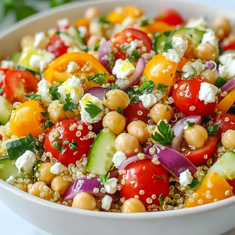 - 1 cup quinoa - 2 cups vegetable broth or water - 1 cup cherry tomatoes, halved - 1 medium cucumber, diced - 1 bell pepper, diced - 1/2 medium red onion, chopped - 1 cup cooked chickpeas - 1/2 cup Kalamata olives, sliced - 1/4 cup feta cheese, optional - 1/4 cup extra virgin olive oil - 2 tablespoons fresh lemon juice - 1 teaspoon dried oregano - Salt, to taste - Black pepper, to taste - Fresh parsley, chopped - Additional Kalamata olives When I make this Mediterranean quinoa salad, I focus on using fresh, high-quality ingredients. Quinoa is the star of this dish. It’s a great base that cooks well in broth or water. The veggies add color and crunch. I love using cherry tomatoes for their sweetness. Cucumbers and bell peppers bring a refreshing touch. Chickpeas add protein and fiber, making the salad filling. Kalamata olives give a salty bite. If you want, you can add feta cheese for creaminess. When it comes to the dressing, I keep it simple yet bright. I use extra virgin olive oil and fresh lemon juice for a zesty kick. Dried oregano ties all the flavors together. I recommend using fresh parsley as a garnish. It adds a vibrant green color and fresh taste. A few extra Kalamata olives on top look great too. This salad not only tastes good, but it also looks beautiful on the plate. {{ingredient_image_2}} How to properly rinse quinoa Rinsing quinoa is key to removing its bitter coating. Put one cup of quinoa in a fine-mesh strainer. Rinse it under cold water for about 30 seconds. Use your hand to stir it gently. This ensures you wash away any saponins. Boiling and simmering technique In a medium pot, bring two cups of vegetable broth or water to a boil. Once it boils, add the rinsed quinoa. Lower the heat to a simmer and cover the pot. Let it cook for about 15 minutes. You'll know it's done when all the liquid is gone. Fluff it with a fork once cooked. Chopping vegetables and mixing them While the quinoa cooks, chop your veggies. Take one cup of cherry tomatoes and halve them. Dice one medium cucumber into small pieces. Choose either a red or yellow bell pepper and dice it. Finely chop half a medium red onion. In a large bowl, mix all these veggies with one cup of cooked chickpeas and half a cup of sliced Kalamata olives. Stir to blend the colors and flavors. Cooling and fluffing quinoa When the quinoa is done, remove it from heat. Let it cool for a few minutes. Fluff it with a fork to separate the grains. This step gives the salad a light texture. Making the dressing and tossing the salad In a small bowl, whisk together a quarter cup of extra virgin olive oil, two tablespoons of lemon juice, and one teaspoon of dried oregano. Add salt and black pepper to taste. Drizzle this dressing over the quinoa and vegetable mix. Toss gently to combine everything. If you're using feta, fold it in at the end along with a quarter cup of chopped parsley. Taste your salad and adjust the seasoning as needed. To cook quinoa well, follow these simple steps. Rinse the quinoa under cold water before cooking. This removes the natural coating that can make it taste bitter. Use two cups of vegetable broth or water for one cup of quinoa. Bring the liquid to a boil, then add the rinsed quinoa. Lower the heat and cover the pot. Let it simmer for about 15 minutes. This method keeps the grains fluffy. To prevent mushy quinoa, do not stir it while it cooks. Stirring can break the grains. Once cooked, let it sit for a few minutes before fluffing with a fork. This allows it to absorb any remaining moisture. You can boost the flavor of your salad easily. Adding fresh herbs like parsley or mint can make a big difference. A pinch of red pepper flakes adds a fun kick. If you want more depth, try adding garlic powder or smoked paprika. These spices bring warmth and excitement. Adjust the seasoning to your taste. After mixing the salad, taste it. You can add more salt or pepper if needed. Everyone has different preferences, so make it yours! Making your dish look appealing is important too. Serve the quinoa salad in a large, colorful bowl. This invites people to dig in. You can also serve it on individual plates for a nice touch. Garnish the salad with fresh parsley sprigs and a few extra Kalamata olives. A light drizzle of olive oil on top enhances both flavor and look. This salad is best when chilled or served at room temperature. Enjoy the fresh, vibrant colors and flavors! Pro Tips Rinse Your Quinoa: Rinsing quinoa before cooking removes its natural coating, called saponin, which can impart a bitter flavor to your dish. Chill For Flavor: Allowing the salad to chill for at least 30 minutes after mixing enhances the flavors, allowing them to meld beautifully. Customize Ingredients: Feel free to add or substitute ingredients like avocado, spinach, or nuts based on your preference or seasonal availability. Perfect Dressing Ratio: For a more balanced flavor, adjust the olive oil and lemon juice to suit your taste; a 2:1 ratio of oil to acid is a classic guideline. {{image_4}} To make this dish vegan, you can easily omit the feta cheese. This keeps the salad light and fresh. For protein, try using extra chickpeas, lentils, or even diced tofu. These options add richness and keep the salad filling. You can make your salad even more exciting with seasonal vegetables. Think about adding zucchini, bell peppers, or even asparagus when in season. For extra crunch, toss in some nuts or seeds. Almonds, walnuts, or sunflower seeds work well. They add texture and a nutty flavor. You can switch up the dressing for a new taste. Try different vinaigrettes like balsamic or red wine vinegar. If you want a creamy dressing, consider yogurt or tahini. These options add creaminess and enhance the overall flavor. To keep your Mediterranean quinoa salad fresh, store it in an airtight container. This will help prevent moisture loss. Make sure to refrigerate any leftovers within two hours of making the salad. If you plan to serve it later, avoid adding the dressing until just before serving. This keeps everything crisp and tasty. Your quinoa salad stays fresh for about three to five days in the fridge. If you want to keep it longer, you can freeze it. However, freezing can change the texture of the vegetables. For best results, freeze only the quinoa and chickpeas. Thaw in the fridge before serving. You can enjoy quinoa salad cold or at room temperature. If you choose to reheat it, do so gently. Use the microwave for about 30 seconds, stirring halfway through. Heat only what you will eat to keep the rest fresh. Avoid heating it too much, as it can turn mushy. Yes, you can make Mediterranean quinoa salad in advance. This dish tastes even better after chilling in the fridge. Prepare it a day before serving. Keep the salad in an airtight container to keep it fresh. You can store the salad for up to three days. To prep in advance: - Cook the quinoa and let it cool. - Chop all vegetables ahead of time. - Mix the dressing separately and store it in a jar. - Combine everything just before serving for the best taste. Mediterranean quinoa salad pairs well with many main dishes. You can serve it alongside grilled chicken or fish for a healthy meal. It also complements roasted vegetables nicely. For a vegetarian option, try it with stuffed peppers or falafel. Here are some great pairing ideas: - Grilled shrimp or fish tacos - Roasted chicken thighs - Lamb skewers - Vegetable kebabs Yes, quinoa salad is gluten-free. Quinoa is a seed, not a grain. It has a high protein content and is rich in fiber. This makes it a great food for many diets. Quinoa is safe for those with gluten intolerance. Here are some benefits of quinoa: - It provides all nine essential amino acids. - It's high in antioxidants. - Quinoa cooks quickly and has a pleasant nutty taste. Enjoy this healthy and tasty salad without worrying about gluten! You now have everything you need to create a tasty Mediterranean quinoa salad. We've covered all the essential ingredients, cooking steps, and helpful tips for the best results. Don't be afraid to experiment with flavors, as there are many ways to customize this dish. With proper storage, your salad stays fresh, making it a great make-ahead option. Enjoy this healthy, filling meal that fits any occasion. Now, go ahead and make your own delicious salad!