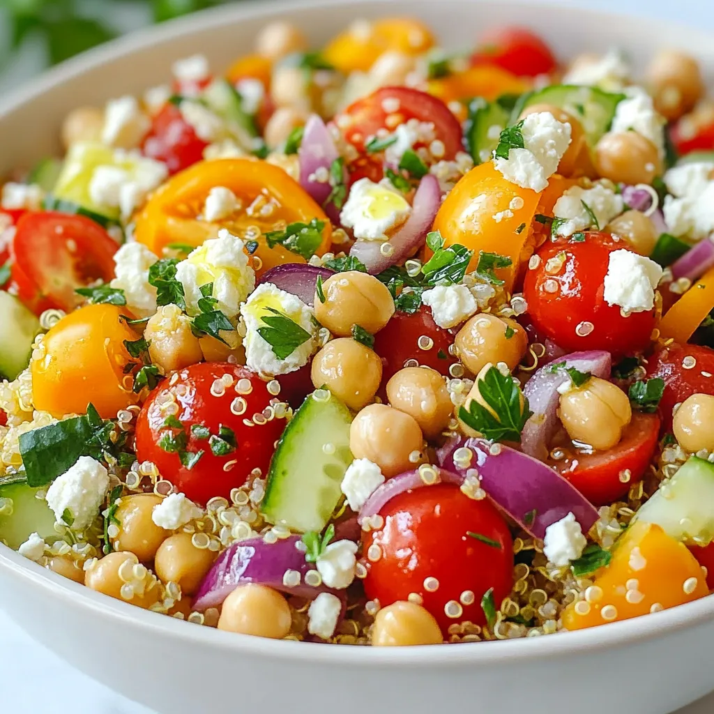 - 1 cup quinoa - 2 cups vegetable broth or water - 1 cup cherry tomatoes, halved - 1 medium cucumber, diced - 1 bell pepper, diced - 1/2 medium red onion, chopped - 1 cup cooked chickpeas - 1/2 cup Kalamata olives, sliced - 1/4 cup feta cheese, optional - 1/4 cup extra virgin olive oil - 2 tablespoons fresh lemon juice - 1 teaspoon dried oregano - Salt, to taste - Black pepper, to taste - Fresh parsley, chopped - Additional Kalamata olives When I make this Mediterranean quinoa salad, I focus on using fresh, high-quality ingredients. Quinoa is the star of this dish. It’s a great base that cooks well in broth or water. The veggies add color and crunch. I love using cherry tomatoes for their sweetness. Cucumbers and bell peppers bring a refreshing touch. Chickpeas add protein and fiber, making the salad filling. Kalamata olives give a salty bite. If you want, you can add feta cheese for creaminess. When it comes to the dressing, I keep it simple yet bright. I use extra virgin olive oil and fresh lemon juice for a zesty kick. Dried oregano ties all the flavors together. I recommend using fresh parsley as a garnish. It adds a vibrant green color and fresh taste. A few extra Kalamata olives on top look great too. This salad not only tastes good, but it also looks beautiful on the plate. {{ingredient_image_2}} How to properly rinse quinoa Rinsing quinoa is key to removing its bitter coating. Put one cup of quinoa in a fine-mesh strainer. Rinse it under cold water for about 30 seconds. Use your hand to stir it gently. This ensures you wash away any saponins. Boiling and simmering technique In a medium pot, bring two cups of vegetable broth or water to a boil. Once it boils, add the rinsed quinoa. Lower the heat to a simmer and cover the pot. Let it cook for about 15 minutes. You'll know it's done when all the liquid is gone. Fluff it with a fork once cooked. Chopping vegetables and mixing them While the quinoa cooks, chop your veggies. Take one cup of cherry tomatoes and halve them. Dice one medium cucumber into small pieces. Choose either a red or yellow bell pepper and dice it. Finely chop half a medium red onion. In a large bowl, mix all these veggies with one cup of cooked chickpeas and half a cup of sliced Kalamata olives. Stir to blend the colors and flavors. Cooling and fluffing quinoa When the quinoa is done, remove it from heat. Let it cool for a few minutes. Fluff it with a fork to separate the grains. This step gives the salad a light texture. Making the dressing and tossing the salad In a small bowl, whisk together a quarter cup of extra virgin olive oil, two tablespoons of lemon juice, and one teaspoon of dried oregano. Add salt and black pepper to taste. Drizzle this dressing over the quinoa and vegetable mix. Toss gently to combine everything. If you're using feta, fold it in at the end along with a quarter cup of chopped parsley. Taste your salad and adjust the seasoning as needed. To cook quinoa well, follow these simple steps. Rinse the quinoa under cold water before cooking. This removes the natural coating that can make it taste bitter. Use two cups of vegetable broth or water for one cup of quinoa. Bring the liquid to a boil, then add the rinsed quinoa. Lower the heat and cover the pot. Let it simmer for about 15 minutes. This method keeps the grains fluffy. To prevent mushy quinoa, do not stir it while it cooks. Stirring can break the grains. Once cooked, let it sit for a few minutes before fluffing with a fork. This allows it to absorb any remaining moisture. You can boost the flavor of your salad easily. Adding fresh herbs like parsley or mint can make a big difference. A pinch of red pepper flakes adds a fun kick. If you want more depth, try adding garlic powder or smoked paprika. These spices bring warmth and excitement. Adjust the seasoning to your taste. After mixing the salad, taste it. You can add more salt or pepper if needed. Everyone has different preferences, so make it yours! Making your dish look appealing is important too. Serve the quinoa salad in a large, colorful bowl. This invites people to dig in. You can also serve it on individual plates for a nice touch. Garnish the salad with fresh parsley sprigs and a few extra Kalamata olives. A light drizzle of olive oil on top enhances both flavor and look. This salad is best when chilled or served at room temperature. Enjoy the fresh, vibrant colors and flavors! Pro Tips Rinse Your Quinoa: Rinsing quinoa before cooking removes its natural coating, called saponin, which can impart a bitter flavor to your dish. Chill For Flavor: Allowing the salad to chill for at least 30 minutes after mixing enhances the flavors, allowing them to meld beautifully. Customize Ingredients: Feel free to add or substitute ingredients like avocado, spinach, or nuts based on your preference or seasonal availability. Perfect Dressing Ratio: For a more balanced flavor, adjust the olive oil and lemon juice to suit your taste; a 2:1 ratio of oil to acid is a classic guideline. {{image_4}} To make this dish vegan, you can easily omit the feta cheese. This keeps the salad light and fresh. For protein, try using extra chickpeas, lentils, or even diced tofu. These options add richness and keep the salad filling. You can make your salad even more exciting with seasonal vegetables. Think about adding zucchini, bell peppers, or even asparagus when in season. For extra crunch, toss in some nuts or seeds. Almonds, walnuts, or sunflower seeds work well. They add texture and a nutty flavor. You can switch up the dressing for a new taste. Try different vinaigrettes like balsamic or red wine vinegar. If you want a creamy dressing, consider yogurt or tahini. These options add creaminess and enhance the overall flavor. To keep your Mediterranean quinoa salad fresh, store it in an airtight container. This will help prevent moisture loss. Make sure to refrigerate any leftovers within two hours of making the salad. If you plan to serve it later, avoid adding the dressing until just before serving. This keeps everything crisp and tasty. Your quinoa salad stays fresh for about three to five days in the fridge. If you want to keep it longer, you can freeze it. However, freezing can change the texture of the vegetables. For best results, freeze only the quinoa and chickpeas. Thaw in the fridge before serving. You can enjoy quinoa salad cold or at room temperature. If you choose to reheat it, do so gently. Use the microwave for about 30 seconds, stirring halfway through. Heat only what you will eat to keep the rest fresh. Avoid heating it too much, as it can turn mushy. Yes, you can make Mediterranean quinoa salad in advance. This dish tastes even better after chilling in the fridge. Prepare it a day before serving. Keep the salad in an airtight container to keep it fresh. You can store the salad for up to three days. To prep in advance: - Cook the quinoa and let it cool. - Chop all vegetables ahead of time. - Mix the dressing separately and store it in a jar. - Combine everything just before serving for the best taste. Mediterranean quinoa salad pairs well with many main dishes. You can serve it alongside grilled chicken or fish for a healthy meal. It also complements roasted vegetables nicely. For a vegetarian option, try it with stuffed peppers or falafel. Here are some great pairing ideas: - Grilled shrimp or fish tacos - Roasted chicken thighs - Lamb skewers - Vegetable kebabs Yes, quinoa salad is gluten-free. Quinoa is a seed, not a grain. It has a high protein content and is rich in fiber. This makes it a great food for many diets. Quinoa is safe for those with gluten intolerance. Here are some benefits of quinoa: - It provides all nine essential amino acids. - It's high in antioxidants. - Quinoa cooks quickly and has a pleasant nutty taste. Enjoy this healthy and tasty salad without worrying about gluten! You now have everything you need to create a tasty Mediterranean quinoa salad. We've covered all the essential ingredients, cooking steps, and helpful tips for the best results. Don't be afraid to experiment with flavors, as there are many ways to customize this dish. With proper storage, your salad stays fresh, making it a great make-ahead option. Enjoy this healthy, filling meal that fits any occasion. Now, go ahead and make your own delicious salad!