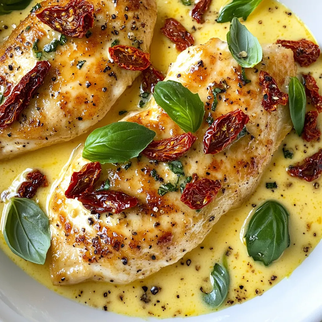 - 4 boneless, skinless chicken breasts - 1 cup heavy cream - 1/2 cup sun dried tomatoes, chopped - 1/2 cup chicken broth - 1/2 cup freshly grated Parmesan cheese - 2 cloves garlic, minced - 1 teaspoon dried basil - 1 teaspoon dried oregano - 1/2 teaspoon red pepper flakes (optional) - Salt and freshly ground black pepper to taste - 2 tablespoons extra virgin olive oil - Fresh basil leaves for garnish Creamy Sun Dried Tomato Chicken starts with simple, fresh ingredients. You need chicken breasts, heavy cream, and sun dried tomatoes. These add flavor and richness to the dish. You’ll also use chicken broth. Chicken broth enhances the taste and adds depth. Freshly grated Parmesan cheese gives a wonderful, cheesy finish. You can’t forget the garlic! It adds a savory touch that brings everything together. For seasoning, I like dried basil and oregano. These herbs add a nice, aromatic flavor. If you want a little heat, add red pepper flakes. Salt and black pepper help balance everything and enhance the taste. Lastly, don’t skip the extra virgin olive oil. It helps cook the chicken perfectly and adds a nice richness. Fresh basil leaves are a great garnish. They add color and freshness to your dish. Gather all these ingredients, and you’ll be ready to create a delicious meal that everyone will love. {{ingredient_image_2}} - Seasoning the chicken breasts: Start by seasoning both sides of the chicken breasts. Use salt and freshly ground black pepper. This step adds great flavor to the meat. - Searing the chicken in the skillet: Heat the extra virgin olive oil in a large skillet over medium heat. Once the oil shimmers, add the chicken breasts. Sear them for about 6-7 minutes on each side. You want them golden brown and cooked through. Once done, take the chicken out and set it aside on a plate. - Sautéing the garlic: In the same skillet, add the minced garlic. Cook it for about 30 seconds. Keep stirring until the garlic smells good and fragrant. - Deglazing the pan with chicken broth: Pour in the chicken broth next. Use a wooden spoon to scrape up any of those tasty bits stuck to the bottom of the pan. This adds extra flavor to your sauce. - Incorporating sun-dried tomatoes and herbs: Now, add the chopped sun-dried tomatoes. Sprinkle in the dried basil and oregano, along with the red pepper flakes if you want some heat. Stir it all together and let it simmer for 2–3 minutes. This lets the flavors mix well. - Crafting the creamy sauce and adding Parmesan: Reduce the heat to low. Gradually pour in the heavy cream while stirring. This will make a smooth sauce. Next, add the freshly grated Parmesan cheese, stirring until the sauce is rich and creamy. - Reintroducing the chicken and final seasoning: Place the seared chicken breasts back into the skillet. Make sure they are well covered in the sauce. Let everything simmer together for another 3–5 minutes. This helps the chicken soak up the sauce. Finally, taste your sauce and adjust the salt and pepper as needed. Best practices for searing chicken Searing chicken gives it a nice crust. Start with dry chicken breasts. Pat them with a paper towel before seasoning. This helps the chicken brown well. Heat olive oil in a hot skillet. Once it shimmers, add the chicken. Cook for 6-7 minutes per side. You want a golden color and cooked through meat. Avoid moving the chicken too much; let it sear. How to achieve a creamy sauce consistency To make a creamy sauce, start with low heat. When you add the heavy cream, stir slowly. This helps mix it well. Gradually add Parmesan cheese while stirring. This keeps the sauce smooth and rich. If it seems too thick, add a little chicken broth. This keeps it creamy without being too heavy. Adding more herbs or spices for depth To boost flavor, try adding fresh herbs. Fresh basil or parsley adds a bright taste. You might also use thyme or rosemary. Experiment with different spices to personalize the dish. A pinch of smoked paprika can add warmth. Suggestions for adjusting spice levels If you want more heat, add red pepper flakes. You can increase or decrease the amount based on your taste. If you need it milder, skip the red pepper flakes. You could use a bit of lemon juice for a fresh kick instead. Plating suggestions with accompaniments Serve the chicken over creamy polenta or steamed spinach. This adds color and texture. Drizzle some of the sauce over the chicken for a beautiful look. Make sure each plate gets a good amount of sauce. Garnishing options to elevate the dish Top your dish with fresh basil leaves. This adds a pop of green and a hint of freshness. You can also sprinkle extra Parmesan cheese for a nice touch. A few cherry tomatoes can add color and flavor as well. Pro Tips Choose Quality Ingredients: Using high-quality sun-dried tomatoes and fresh herbs can significantly enhance the flavor of your dish. Don’t Overcook the Chicken: To keep the chicken juicy, avoid overcooking it during the searing process; it should be golden brown on the outside while remaining tender inside. Adjust Creaminess: For a lighter sauce, substitute half of the heavy cream with low-fat milk or a non-dairy alternative without sacrificing too much flavor. Garnish for Flavor: Fresh basil not only adds a beautiful presentation but also enhances the overall flavor profile of the dish. {{image_4}} You can change some ingredients to fit your taste or diet. - Alternatives for heavy cream: If you want a lighter option, use half-and-half or coconut cream. Both will still give you a creamy texture. - Using different types of cheese: Try mozzarella or feta cheese instead of Parmesan. Each cheese brings a unique flavor that can change the dish. You can swap chicken for other proteins for variety. - Suggestions for substituting chicken with turkey or shrimp: Turkey works well and cooks similarly. Shrimp cooks quickly and adds a sweet flavor to the dish. - Vegetarian alternatives using tofu or mushrooms: Tofu is a great protein that soaks up the sauce. Mushrooms add a nice earthiness and texture. You can modify the recipe to fit dietary needs. - Making it dairy-free: Use coconut cream and dairy-free cheese. This keeps the dish creamy without milk products. - Low-carb variations: Skip the heavy cream and use cauliflower puree. This keeps the creaminess while cutting down on carbs. Experiment with these options to make the dish your own! Store your creamy sun-dried tomato chicken in an airtight container. This keeps the chicken fresh. It can last in the fridge for up to three days. Make sure it cools down to room temperature before sealing. This helps avoid condensation inside the container. If you plan to eat it later, consider storing the sauce and chicken separately. This method helps keep the chicken juicy and the sauce creamy. To reheat without losing creaminess, use the stove. Place the chicken and sauce in a skillet over low heat. Stir gently to avoid burning. Heat for about 5-7 minutes or until warmed through. You can add a splash of chicken broth or cream. This keeps the sauce smooth and rich. Avoid using the microwave, as it can make the sauce separate. If you want to freeze this dish, do it before reheating. Place the chicken and sauce in a freezer-safe container. Leave some space at the top as it may expand. It can last in the freezer for up to three months. When ready to eat, thaw it in the fridge overnight. Reheat it on the stove as mentioned above. This way, you preserve the flavor and texture. To keep chicken tender, brining works well. A simple brine uses water and salt. Soak the chicken for 30 minutes. This adds moisture and flavor. You can also marinate it. Use olive oil, lemon juice, and herbs. Let it sit for at least 30 minutes. This helps to break down tough proteins in the meat. Both methods give you juicy, tender chicken every time. Yes, you can prepare this dish ahead of time. Cook the chicken and sauce as directed. Once done, let it cool down. Store it in an airtight container in the fridge. It stays fresh for up to three days. When ready to eat, reheat gently on the stove. Add a splash of cream if the sauce thickens too much. This keeps the flavor rich and creamy. Several side dishes pair well with this creamy chicken. Here are some ideas: - Creamy polenta - Steamed spinach - Garlic mashed potatoes - Roasted asparagus - Buttered noodles - Quinoa salad These sides complement the rich flavor of the chicken. They also balance the meal nicely. Choose one or mix a few for a delicious spread! This blog post covered how to make Creamy Sun-Dried Tomato Chicken. We discussed key ingredients and step-by-step instructions. You learned tips for perfecting flavor and presentation. Feel free to try variations that suit your taste or dietary needs. Remember to store any leftovers properly. Enjoy making this dish, and share it with friends and family for a tasty meal!