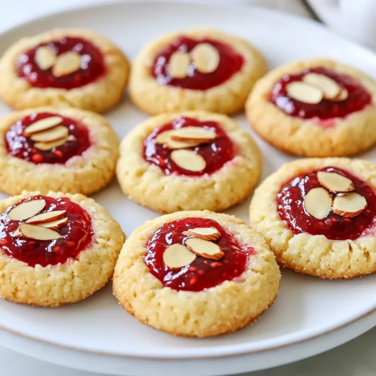 To make Raspberry Almond Thumbprint Cookies, gather these ingredients: - 1 cup unsalted butter, softened to room temperature - 1 cup granulated sugar - 2 teaspoons pure almond extract - 2 cups all-purpose flour - ½ teaspoon fine sea salt - 1 cup ground almonds (or almond flour) - ½ cup raspberry jam (preferably with whole fruit pieces) - Sliced almonds for garnish You will need a few simple tools: - Large mixing bowl - Electric mixer - Baking sheet - Parchment paper - Measuring cups and spoons - Spatula - Wire rack When picking your ingredients, here are some tips: - Butter: Use unsalted butter for better control of salt levels. - Almond Extract: Choose pure almond extract for the best flavor. - Flour: All-purpose flour works best for texture. - Raspberry Jam: Look for jam with pieces of fruit for more texture. - Ground Almonds: Freshly ground almonds provide the best taste. These choices ensure your cookies taste great and have the right texture. Enjoy making these delightful treats! {{ingredient_image_2}} Start by preheating your oven to 350°F (175°C). This step ensures even baking. While it heats, line a baking sheet with parchment paper. This keeps the cookies from sticking and makes cleanup easy. In a large bowl, cream together 1 cup of softened butter and 1 cup of granulated sugar. Use an electric mixer for about 3-4 minutes until it looks light and fluffy. Next, add 2 teaspoons of pure almond extract and mix it in well. Now, sift in 2 cups of all-purpose flour and ½ teaspoon of fine sea salt. Mix on low speed until a soft dough forms. Finally, fold in 1 cup of ground almonds gently. This adds a nice nutty flavor and texture. Grab a tablespoon and scoop out some dough. Roll it into a smooth ball, about 1 inch wide. Place the dough balls on your prepared baking sheet, leaving 2 inches of space between each one. Now, use your thumb to press into the center of each ball, making a deep indentation. Spoon about ½ teaspoon of raspberry jam into each one. The jam will melt and create a sweet surprise inside. Put the baking sheet in the oven and bake for 12-15 minutes. You want them to be lightly golden at the edges but still soft in the center. When they’re done, take them out and let them cool on the baking sheet for 5 minutes. After that, transfer the cookies to a wire rack to cool completely. Enjoy the sweet aroma as they cool! For the best raspberry almond thumbprint cookies, follow these steps: - Use room temperature butter. It mixes better with sugar. - Cream well. Mix butter and sugar until light and fluffy. - Sift the flour. This helps remove lumps and adds air. - Chill the dough. If it feels too soft, chill for 10 minutes. Many bakers make these mistakes: - Overmixing the dough. This can lead to tough cookies. - Skipping the jam. The jam adds flavor and moisture. - Not spacing cookies. They need room to spread while baking. - Baking too long. Pull them out when they are lightly golden. To get that perfect cookie texture, keep these tips in mind: - Soft dough is key. It should be sticky but manageable. - Don’t press too hard. When making the thumbprint, a gentle press works best. - Use a timer. Keep an eye on the cookies to avoid overbaking. - Let them cool. This helps set the shape and texture. Pro Tips Chill the Dough: For even better texture and flavor, chill the dough for about 30 minutes before baking. This helps the cookies maintain their shape and enhances their overall taste. Use Quality Jam: Opt for high-quality raspberry jam with whole fruit pieces for a more robust flavor and texture. This will elevate the taste of your thumbprint cookies. Don’t Overbake: Keep an eye on the cookies while baking. They should be lightly golden around the edges and still soft in the center. Overbaking can lead to dry cookies. Experiment with Fillings: While raspberry jam is delicious, feel free to experiment with other fruit jams or even chocolate ganache for a unique twist on these thumbprint cookies. {{image_4}} You can change the jam for different tastes. Instead of raspberry jam, try strawberry, apricot, or even peach. Each jam gives a unique flavor that makes the cookies fun. You can also mix jams. A raspberry-strawberry blend adds depth and excitement. Experiment with your favorite flavors, and find what brings you joy. If you need gluten-free cookies, switch the all-purpose flour. Use a gluten-free 1:1 baking mix. Make sure the mix contains xanthan gum for the best texture. You can also use almond flour alone. This gives the cookies a nutty taste and a delightful crunch. Always check labels to ensure your ingredients are truly gluten-free. Adding toppings can make your cookies even prettier. Try a chocolate drizzle on top for a rich flavor. Melt dark or white chocolate, then drizzle it over the cooled cookies. You can also sprinkle more sliced almonds on top for extra crunch. These little touches make your cookies stand out and taste amazing. To store your raspberry almond thumbprint cookies, let them cool completely. Place them in an airtight container. You can layer the cookies with parchment paper to prevent sticking. Keep the container in a cool, dry place. Your cookies will stay fresh for about a week this way. If you want to save some cookies for later, freezing is a great option. First, let the cookies cool fully. Next, place them on a baking sheet in a single layer. Freeze them for about an hour until firm. After that, transfer the cookies to a freezer-safe bag or container. They can last up to three months in the freezer. Thaw them at room temperature when you are ready to enjoy them. For the best taste and texture, eat your cookies within a week if stored at room temperature. If you freeze them, they will taste great for months. Check for any signs of freezer burn before eating. If you see any, it’s best to discard those cookies. Enjoying them fresh keeps their flavor and crunch! Yes, you can use other nuts! Try walnuts, pecans, or hazelnuts. Just make sure to chop them finely. The taste will change a bit, but it can still be delicious. Each nut brings its own flavor to the cookies. You can make these cookies vegan! Replace the unsalted butter with vegan butter. Use a plant-based egg substitute, like flaxseed meal mixed with water. This keeps the dough together and adds moisture. The cookies will still taste great! To make thicker cookies, add more flour. Start with an extra quarter cup. For thinner cookies, reduce the flour by a quarter cup. Remember, the dough should be soft but not sticky. Adjust slowly for the perfect shape. You can swap raspberry jam for other fruit jams. Try strawberry, apricot, or even blueberry. Each will give your cookies a new twist. If you love chocolate, use chocolate spread for a richer taste! To make great cookies, start with the right ingredients. Use the best tools and follow the steps to mix, shape, and bake. Avoid common mistakes to ensure perfect results. Try different flavors and toppings for fun variations. Store your cookies properly, and they will last longer. Whether you want chewy or thick cookies, you now have the know-how. Keep experimenting and enjoy tasty treats!