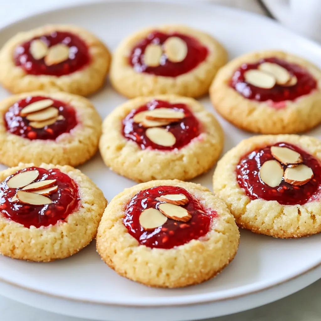 To make Raspberry Almond Thumbprint Cookies, gather these ingredients: - 1 cup unsalted butter, softened to room temperature - 1 cup granulated sugar - 2 teaspoons pure almond extract - 2 cups all-purpose flour - ½ teaspoon fine sea salt - 1 cup ground almonds (or almond flour) - ½ cup raspberry jam (preferably with whole fruit pieces) - Sliced almonds for garnish You will need a few simple tools: - Large mixing bowl - Electric mixer - Baking sheet - Parchment paper - Measuring cups and spoons - Spatula - Wire rack When picking your ingredients, here are some tips: - Butter: Use unsalted butter for better control of salt levels. - Almond Extract: Choose pure almond extract for the best flavor. - Flour: All-purpose flour works best for texture. - Raspberry Jam: Look for jam with pieces of fruit for more texture. - Ground Almonds: Freshly ground almonds provide the best taste. These choices ensure your cookies taste great and have the right texture. Enjoy making these delightful treats! {{ingredient_image_2}} Start by preheating your oven to 350°F (175°C). This step ensures even baking. While it heats, line a baking sheet with parchment paper. This keeps the cookies from sticking and makes cleanup easy. In a large bowl, cream together 1 cup of softened butter and 1 cup of granulated sugar. Use an electric mixer for about 3-4 minutes until it looks light and fluffy. Next, add 2 teaspoons of pure almond extract and mix it in well. Now, sift in 2 cups of all-purpose flour and ½ teaspoon of fine sea salt. Mix on low speed until a soft dough forms. Finally, fold in 1 cup of ground almonds gently. This adds a nice nutty flavor and texture. Grab a tablespoon and scoop out some dough. Roll it into a smooth ball, about 1 inch wide. Place the dough balls on your prepared baking sheet, leaving 2 inches of space between each one. Now, use your thumb to press into the center of each ball, making a deep indentation. Spoon about ½ teaspoon of raspberry jam into each one. The jam will melt and create a sweet surprise inside. Put the baking sheet in the oven and bake for 12-15 minutes. You want them to be lightly golden at the edges but still soft in the center. When they’re done, take them out and let them cool on the baking sheet for 5 minutes. After that, transfer the cookies to a wire rack to cool completely. Enjoy the sweet aroma as they cool! For the best raspberry almond thumbprint cookies, follow these steps: - Use room temperature butter. It mixes better with sugar. - Cream well. Mix butter and sugar until light and fluffy. - Sift the flour. This helps remove lumps and adds air. - Chill the dough. If it feels too soft, chill for 10 minutes. Many bakers make these mistakes: - Overmixing the dough. This can lead to tough cookies. - Skipping the jam. The jam adds flavor and moisture. - Not spacing cookies. They need room to spread while baking. - Baking too long. Pull them out when they are lightly golden. To get that perfect cookie texture, keep these tips in mind: - Soft dough is key. It should be sticky but manageable. - Don’t press too hard. When making the thumbprint, a gentle press works best. - Use a timer. Keep an eye on the cookies to avoid overbaking. - Let them cool. This helps set the shape and texture. Pro Tips Chill the Dough: For even better texture and flavor, chill the dough for about 30 minutes before baking. This helps the cookies maintain their shape and enhances their overall taste. Use Quality Jam: Opt for high-quality raspberry jam with whole fruit pieces for a more robust flavor and texture. This will elevate the taste of your thumbprint cookies. Don’t Overbake: Keep an eye on the cookies while baking. They should be lightly golden around the edges and still soft in the center. Overbaking can lead to dry cookies. Experiment with Fillings: While raspberry jam is delicious, feel free to experiment with other fruit jams or even chocolate ganache for a unique twist on these thumbprint cookies. {{image_4}} You can change the jam for different tastes. Instead of raspberry jam, try strawberry, apricot, or even peach. Each jam gives a unique flavor that makes the cookies fun. You can also mix jams. A raspberry-strawberry blend adds depth and excitement. Experiment with your favorite flavors, and find what brings you joy. If you need gluten-free cookies, switch the all-purpose flour. Use a gluten-free 1:1 baking mix. Make sure the mix contains xanthan gum for the best texture. You can also use almond flour alone. This gives the cookies a nutty taste and a delightful crunch. Always check labels to ensure your ingredients are truly gluten-free. Adding toppings can make your cookies even prettier. Try a chocolate drizzle on top for a rich flavor. Melt dark or white chocolate, then drizzle it over the cooled cookies. You can also sprinkle more sliced almonds on top for extra crunch. These little touches make your cookies stand out and taste amazing. To store your raspberry almond thumbprint cookies, let them cool completely. Place them in an airtight container. You can layer the cookies with parchment paper to prevent sticking. Keep the container in a cool, dry place. Your cookies will stay fresh for about a week this way. If you want to save some cookies for later, freezing is a great option. First, let the cookies cool fully. Next, place them on a baking sheet in a single layer. Freeze them for about an hour until firm. After that, transfer the cookies to a freezer-safe bag or container. They can last up to three months in the freezer. Thaw them at room temperature when you are ready to enjoy them. For the best taste and texture, eat your cookies within a week if stored at room temperature. If you freeze them, they will taste great for months. Check for any signs of freezer burn before eating. If you see any, it’s best to discard those cookies. Enjoying them fresh keeps their flavor and crunch! Yes, you can use other nuts! Try walnuts, pecans, or hazelnuts. Just make sure to chop them finely. The taste will change a bit, but it can still be delicious. Each nut brings its own flavor to the cookies. You can make these cookies vegan! Replace the unsalted butter with vegan butter. Use a plant-based egg substitute, like flaxseed meal mixed with water. This keeps the dough together and adds moisture. The cookies will still taste great! To make thicker cookies, add more flour. Start with an extra quarter cup. For thinner cookies, reduce the flour by a quarter cup. Remember, the dough should be soft but not sticky. Adjust slowly for the perfect shape. You can swap raspberry jam for other fruit jams. Try strawberry, apricot, or even blueberry. Each will give your cookies a new twist. If you love chocolate, use chocolate spread for a richer taste! To make great cookies, start with the right ingredients. Use the best tools and follow the steps to mix, shape, and bake. Avoid common mistakes to ensure perfect results. Try different flavors and toppings for fun variations. Store your cookies properly, and they will last longer. Whether you want chewy or thick cookies, you now have the know-how. Keep experimenting and enjoy tasty treats!