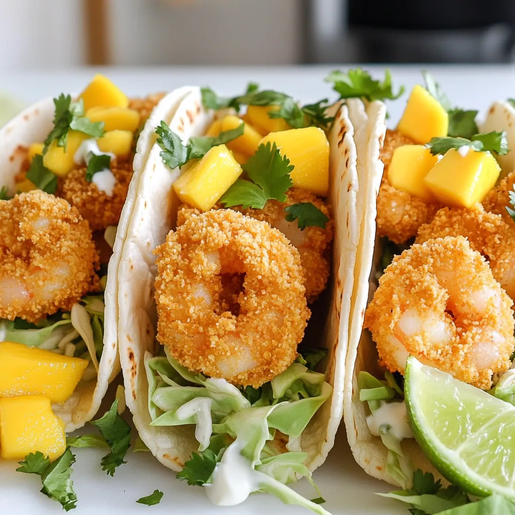 - 1 pound large shrimp, peeled and deveined - 1 cup panko breadcrumbs - 1 tablespoon extra virgin olive oil - 1 teaspoon smoked paprika - 1 teaspoon garlic powder - 1 teaspoon onion powder - ½ teaspoon cayenne pepper - 1 teaspoon fine sea salt - 1 teaspoon freshly ground black pepper - 8 small corn tortillas - 1 cup shredded green cabbage - ½ cup diced ripe mango - ¼ cup fresh cilantro - Optional toppings I love using fresh shrimp for this recipe. The shrimp should be large and deveined. The panko breadcrumbs add a nice crunch. Olive oil helps the crumbs stick. For seasonings, smoked paprika gives a sweet, smoky taste. Garlic and onion powders add depth. Cayenne pepper brings heat, but you can adjust it. Sea salt and black pepper enhance all the flavors. When it comes to taco components, small corn tortillas are perfect. They hold the shrimp and toppings well. Shredded cabbage adds crunch, while ripe mango gives a sweet note. Fresh cilantro adds a burst of flavor. You can add toppings like sour cream or avocado for creaminess. These ingredients come together to create a tasty dish. Each bite is filled with flavor and texture. - Preheat air fryer to 400°F (200°C). Before you start cooking, it’s key to preheat your air fryer. This step helps the shrimp cook evenly and become crispy. Just set it for about 5 minutes. - Mix dry ingredients in a bowl. - Toss shrimp in olive oil. In a medium bowl, combine panko breadcrumbs, smoked paprika, garlic powder, onion powder, cayenne pepper, salt, and black pepper. Stir until mixed well. In a separate bowl, drizzle olive oil over the shrimp. Toss the shrimp gently until every piece is coated. This helps the breadcrumbs stick well. - Dredge shrimp in breadcrumb mix. - Arrange shrimp in air fryer basket. - Air fry for 8-10 minutes. Take each shrimp and dredge it in the breadcrumb mix. Make sure to press lightly so the crumbs stick. Next, place the shrimp in the air fryer in a single layer. Avoid overlapping them for even cooking. Air fry for 8-10 minutes until they turn golden and crispy. Shake the basket halfway through to help with crispiness. - Warm corn tortillas. - Assemble the tacos with shrimp and toppings. While the shrimp cooks, warm your corn tortillas in a skillet over medium heat. Flip them after 30 seconds until they are soft. To build your tacos, add shredded cabbage on each warm tortilla. Then, place a few crispy shrimp on top. Finally, add diced mango and chopped cilantro. You can also add sour cream or avocado if you like. Serve with lime wedges for that perfect zesty touch! To get crispy shrimp, do not overcrowd the air fryer. If the shrimp overlap, they won’t cook evenly. Spread them out in a single layer. This helps the hot air circulate around each shrimp. Shake the basket halfway through cooking. This step flips the shrimp, ensuring all sides get that golden crunch. Serve your shrimp tacos with lime wedges. A squeeze of fresh lime adds a bright flavor. You can also try extra toppings like sour cream or sliced avocado. They add creaminess and balance the spices. Fresh diced mango and chopped cilantro bring a sweet touch to the dish. Want to adjust the heat? You can change the cayenne pepper in the recipe. If you like it mild, use less cayenne. For more heat, add extra cayenne or try a spicy sauce. You can also experiment with other spices like chili powder or hot sauce. This way, you can make the tacos perfect for your taste! {{image_4}} You can switch up the shrimp in this recipe. Chicken works great. Just cut it into small pieces. Tofu is another option for a plant-based twist. Make sure to press the tofu to remove extra moisture. Then, coat it like the shrimp. The cooking time may vary, so check for doneness. Want to try something new? Make shrimp taco bowls instead. Use a bowl and layer with rice or quinoa. Add shrimp, cabbage, and mango on top. You can also use different tortillas. Flour tortillas are soft and chewy. Try lettuce wraps for a low-carb option. Each type gives a unique flavor and texture. Add more zing to your tacos. Fruit salsas are a fun way to go. Mango salsa pairs perfectly with shrimp. Just mix diced mango, onion, and lime juice. You can also add spicy sauces for an extra kick. A drizzle of chipotle sauce will bring heat and flavor. Mix and match flavors to find your favorite combo! To keep your shrimp tacos fresh, store them in an airtight container. Place a paper towel inside to absorb moisture. This helps maintain crispness. Refrigerate the container for up to two days. If you need to store the toppings, keep them in separate containers. This way, your tacos won’t get soggy. To reheat your shrimp tacos, use the air fryer. Preheat it to 350°F (175°C). Place the tacos in the basket for about 5 minutes. This will help them get crispy again. You can also use a skillet. Heat it over medium. Add the tacos and warm them for 2-3 minutes on each side. This keeps the texture nice. You can freeze cooked shrimp, but it's best to do it without the tortillas. Place the shrimp in a single layer on a baking sheet. Freeze until solid, then transfer to a freezer bag. They can last up to three months. When ready to eat, thaw them in the fridge overnight before reheating. This way, you keep the flavor and quality. To make shrimp tacos, start by preheating your air fryer to 400°F. In one bowl, mix panko breadcrumbs with smoked paprika, garlic powder, onion powder, cayenne pepper, salt, and black pepper. In another bowl, coat the shrimp with extra virgin olive oil. Dredge each shrimp in the breadcrumb mix, making sure they are well coated. Place the shrimp in the air fryer basket in a single layer. Cook for 8 to 10 minutes, shaking the basket halfway through. While the shrimp cook, warm the corn tortillas in a skillet. Finally, assemble your tacos with shrimp, cabbage, mango, and cilantro. The best cook time for shrimp in an air fryer is 8 to 10 minutes. Cook them until they turn golden brown and crispy. Remember to shake the basket halfway through cooking. This helps ensure that all shrimp cook evenly. For larger shrimp, you may need to adjust your time slightly. Always check for doneness by cutting one shrimp in half to see if it's opaque. Yes, you can use frozen shrimp for this recipe. Just make sure to thaw them first. You can do this by placing them in cold water for about 15 minutes. Once thawed, peel and devein the shrimp if needed. Using frozen shrimp can save time, but fresh shrimp often have a better texture. Adjust your cooking time if using larger frozen shrimp. You can make delicious air fryer shrimp tacos with ease. We discussed the key ingredients, including shrimp and a tasty mix of spices. I shared the steps for cooking and assembling these tacos, along with tips for getting crispy shrimp. Remember, you can modify the recipe with different proteins and flavors. If you want to enjoy leftovers, I provided storage tips too. Try these shrimp tacos soon. They are a quick and fun meal option!