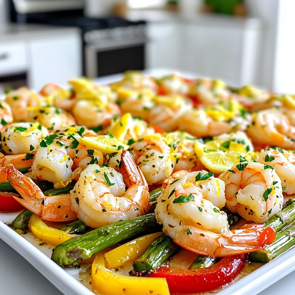 - 1 pound large shrimp, peeled and deveined - 2 cups fresh asparagus, trimmed and cut into 2-inch segments - 1 red bell pepper, thinly sliced - 1 yellow bell pepper, thinly sliced - 4 cloves garlic, finely minced - Zest and juice of 1 large lemon - 3 tablespoons extra-virgin olive oil - 1 teaspoon smoked paprika - 1 teaspoon dried oregano - 1/2 teaspoon red pepper flakes (optional) - Sea salt and freshly ground black pepper, to taste - Fresh parsley, finely chopped, for garnish In this dish, I focus on fresh, simple ingredients that sing with flavor. First, I always use large shrimp. They are juicy and tender, making them the star of the meal. The bright colors of red and yellow bell peppers add crunch and a sweet taste. Asparagus gives a nice green touch and a crisp bite. The marinade is key for flavor. I use garlic, lemon zest, and lemon juice for a fresh zing. Extra-virgin olive oil adds richness. Smoked paprika and oregano bring warmth and depth. If you love spice, add red pepper flakes for a kick. I finish the dish with sea salt and black pepper. These simple seasonings make each bite pop. A sprinkle of fresh parsley adds color and freshness. This blend of ingredients makes the Garlic Lemon Shrimp Sheet Pan both tasty and eye-catching. Enjoy the process of gathering these ingredients. Each one plays a role in creating a meal that is not only simple but also full of flavor! - Preheat the oven to 400°F (200°C). - In a large bowl, mix minced garlic, lemon zest, lemon juice, olive oil, smoked paprika, oregano, red pepper flakes, salt, and pepper. Stir until combined. - Add the shrimp to the marinade. Make sure each piece is coated well. Let it sit for 15 minutes to soak up the flavors. - While the shrimp marinate, prepare a large sheet pan. Line it with parchment paper or lightly grease it with olive oil. - Place the asparagus and sliced bell peppers on the sheet pan. Drizzle with olive oil, then sprinkle with salt and pepper. Toss the veggies until they are well coated. - After the shrimp has marinated, distribute it evenly over the vegetables on the sheet pan. Spread it out so everything cooks evenly. - Bake in the preheated oven for 12 to 15 minutes. The shrimp should turn opaque, and the veggies will be tender-crisp. Enjoy the wonderful aroma as it bakes! - To know when shrimp are perfectly cooked, look for their color. They should turn pink and opaque. - Cook shrimp for 12-15 minutes to keep them juicy. - For seasoning shrimp and veggies, use sea salt and black pepper. Toss them well with olive oil before cooking. - Don't be shy with garlic and lemon. They bring out great flavor! - Serve the dish straight from the sheet pan for a casual feel. It looks great and saves dishes! - Transfer to a large platter for a more formal look. - Squeeze extra lemon juice just before serving. It adds a fresh touch! - Chopped parsley on top gives a pop of color and flavor. - To make cleanup easy, use parchment paper on your sheet pan. It prevents sticking and saves time. - After cooking, let the pan cool, then simply toss the paper away. - If you don’t use parchment, soak the pan in warm soapy water right after serving. This helps lift off any stuck bits. - A good scrub brush works wonders for tough spots! {{image_4}} You can easily change this dish to fit your taste. If you want to swap out the asparagus, try using broccoli or zucchini instead. Both add great flavor and color. If you prefer something different, bell peppers can be replaced with snap peas or green beans. Just remember to cut them into similar sizes for even cooking. For the marinade, feel free to mix in different herbs or spices. Instead of smoked paprika, you can use cumin or curry powder for a new twist. You could also add fresh herbs like basil or cilantro for more aroma. These small changes can make a big difference. This garlic lemon shrimp dish goes well with many sides. I love to serve it with fluffy rice or quinoa. Both soak up the tasty juices from the shrimp and veggies. A fresh salad also pairs nicely, adding crunch and brightness. For side dishes, consider garlic bread or a simple vegetable medley. These options complement the shrimp without stealing the spotlight. You can even create a colorful platter with assorted veggies for a fun touch. If you need to make this dish gluten-free, it’s easy! Just check that your ingredients are gluten-free. Most of them are, but always read labels to be sure. For a low-carb version, skip the rice and focus on the shrimp and veggies. You can add more leafy greens to fill your plate. If you want a vegan option, swap the shrimp for chickpeas or tofu. Marinate them just like the shrimp for a great flavor. This keeps the dish hearty and satisfying while fitting a plant-based diet. To store leftovers, let the dish cool. Place shrimp and veggies in an airtight container. This keeps them fresh. You can store them in the fridge for up to three days. If you want to enjoy them later, proper storage is key. You can freeze this dish for longer storage. First, let it cool completely. Then, pack it into a freezer-safe bag or container. Squeeze out as much air as you can. This helps prevent freezer burn. It can stay frozen for up to three months. When ready to eat, thaw it in the fridge overnight for best taste. To reheat, use the oven for the best results. Preheat it to 350°F (175°C). Spread the shrimp and veggies in an even layer on a baking sheet. Heat for about 10-15 minutes until warmed through. You can also use the microwave, but this may make the shrimp rubbery. If you choose the microwave, heat in short bursts, stirring in between. Enjoy your meal as if it were fresh! How do I ensure my shrimp stay tender? To keep shrimp tender, do not overcook them. Cook shrimp until they turn pink and opaque. This usually takes about 2-3 minutes per side. Marinating them with lemon and oil also helps lock in moisture. Can I use frozen shrimp for this recipe? Yes, you can use frozen shrimp. Just make sure to thaw them first. Place them in cold water for about 10-15 minutes. Pat them dry before marinating to prevent excess water in the dish. How long can I marinate shrimp before cooking? You can marinate shrimp for up to 30 minutes. However, 15 minutes is usually enough to soak up flavors. If you marinate for too long, the shrimp may become mushy due to the acid in the lemon. What’s the best way to cut vegetables for even cooking? Cut vegetables into similar sizes for even cooking. For this dish, aim for 2-inch segments for asparagus and thin slices for bell peppers. This helps all veggies cook at the same rate, giving you a perfect texture. Can I substitute olive oil with another oil? Yes, you can use other oils like avocado oil or canola oil. However, olive oil adds a nice flavor to the dish. Choose an oil with a high smoke point for best results. What other spices can enhance the flavor of this dish? You can add spices like cumin, coriander, or even a touch of lemon pepper. Fresh herbs like thyme or basil can also boost flavor. Experiment to find your preferred mix! This blog post guides you in making a delicious shrimp and vegetable dish. You learned about key ingredients, step-by-step instructions, and clever tips for cooking and serving. Remember, marinating shrimp adds great flavor, and using fresh ingredients makes a difference. Customize this recipe to suit your taste by swapping veggies or using different spices. With the right storage and reheating methods, your leftovers will taste just as good. Enjoy your cooking journey, and have fun creating your perfect dish!