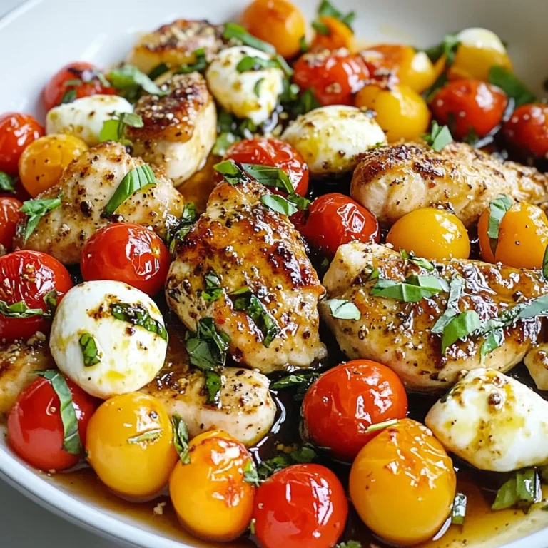 For this Caprese Chicken Skillet, you need: - 4 boneless, skinless chicken breasts - 2 tablespoons olive oil - Salt and freshly ground black pepper to taste - 2 cups cherry tomatoes, halved - 1 cup fresh mozzarella balls, drained and patted dry - 1 cup fresh basil leaves, roughly chopped - 2 tablespoons balsamic glaze - 1 teaspoon garlic powder - 1 teaspoon dried Italian seasoning Using fresh ingredients makes a big difference in flavor. Fresh basil adds a bright taste that dried cannot match. Cherry tomatoes burst with juice and sweetness. Fresh mozzarella becomes creamy when melted. Dried herbs like Italian seasoning work well but may lack the zest of fresh herbs. For this dish, use boneless, skinless chicken breasts. They cook evenly and stay juicy. If you want more flavor, you can use thighs, which are a bit richer. Always check that the chicken reaches 165°F for safety. This ensures it is fully cooked and safe to eat. {{ingredient_image_2}} Start by heating 2 tablespoons of olive oil in a large skillet over medium heat. While the oil heats, season 4 boneless, skinless chicken breasts. Use salt and freshly ground black pepper to coat both sides. Sprinkle garlic powder and dried Italian seasoning on top. This adds flavor and depth to the chicken. Once the oil shimmers, carefully place the seasoned chicken breasts in the skillet. Cook each side for 5-7 minutes. You want a nice golden brown color. Check the chicken's internal temperature. It should reach 165°F (75°C) for safety. After cooking, remove the chicken from the skillet. Place it on a plate and cover it with aluminum foil to keep it warm. In the same skillet, add 2 cups of halved cherry tomatoes. Sauté them for 2-3 minutes. Stir occasionally until they soften and release their juices. This step builds the sauce's base. Next, return the cooked chicken to the skillet. Place it among the sautéed tomatoes. Scatter 1 cup of fresh mozzarella balls on top of the chicken. Cover the skillet with a lid for 2-3 minutes. This helps the cheese melt into creamy goodness. Finally, remove the lid and sprinkle 1 cup of roughly chopped fresh basil over the dish. Drizzle 2 tablespoons of balsamic glaze on top for a flavorful finish. Serve right away, spooning the vibrant tomato mixture over the chicken. Enjoy! To keep your chicken tender, use a meat thermometer. Aim for 165°F (75°C) inside. Cook the chicken for about 5-7 minutes on each side. Watch for a golden brown color on the outside. If you cook it too long, the chicken will dry out. So, check it early and often. Let the chicken rest after cooking. This helps the juices stay inside. For the perfect balsamic glaze, use a store-bought version or make your own. If you want to make it, simmer balsamic vinegar in a pan until it thickens. This takes about 10 minutes. Keep an eye on it to prevent burning. Drizzle the glaze over the chicken just before serving. This adds a sweet and tangy kick. Use a spoon to create a nice pattern on the plate. Serve your Caprese chicken on a colorful platter. This makes the dish look more appealing. Add extra basil leaves on top for color. You can also drizzle more balsamic glaze for added flavor. Pair it with a side of crusty bread or a fresh salad. This makes a complete meal. Enjoy your tasty creation with family and friends! Pro Tips Use Fresh Ingredients: Always opt for the freshest basil and mozzarella you can find. Fresh ingredients enhance the flavor and authenticity of the dish. Perfect Chicken Cooking: Use a meat thermometer to ensure your chicken is cooked to 165°F (75°C). This guarantees it's juicy and safe to eat. Customize Your Glaze: Feel free to add a pinch of crushed red pepper flakes to the balsamic glaze for a spicy kick that complements the sweetness. Serve Immediately: For the best experience, serve the dish hot and immediately after cooking. This keeps the mozzarella creamy and the flavors vibrant. {{image_4}} If you want a meat-free dish, try using eggplant or zucchini. Slice them thick and grill or sauté until soft. These veggies soak up flavors well. You can also use chickpeas for protein. Toss in halved cherry tomatoes and fresh mozzarella for that classic Caprese taste. To make this dish gluten-free, simply skip any bread or pasta sides. The recipe is already gluten-free without any changes. Ensure that your balsamic glaze is gluten-free too. Many brands offer gluten-free options, so check the label. Want to boost nutrition? Add spinach or kale to the skillet. Stir them in with the tomatoes. They wilt down nicely and add color. Bell peppers and mushrooms also work well. Sauté them before adding the chicken for a tasty twist. This way, you have a full meal in one pan. To store your Caprese chicken, let it cool down. Place the chicken and tomatoes in an airtight container. You can keep it in the fridge for up to three days. Make sure the lid is tight to keep the moisture in. This keeps your meal fresh for later. When you're ready to eat, take the chicken out of the fridge. You can reheat it in the microwave for about two to three minutes. If you prefer, heat it on the stove over low heat. Add a splash of water or broth to keep it moist. Be sure to check that it’s hot all the way through. If you want to save some for later, you can freeze it. Cut the chicken into smaller pieces for easier thawing. Place the chicken and sauce in a freezer-safe bag. Squeeze out the air and seal it tight. It can last in the freezer for about two months. When ready to eat, thaw it in the fridge overnight before reheating. Yes, you can use different cheese. If you want a stronger flavor, try feta cheese. Goat cheese also works well for a tangy twist. You can even use shredded cheese like provolone for a different texture. Just remember, cheese adds creaminess and flavor, so choose what you enjoy most! To make your Caprese Chicken Skillet spicy, add crushed red pepper flakes. Sprinkle them on the chicken before cooking. You can also mix in some sliced jalapeños with the tomatoes. If you want more heat, use pepper jack cheese instead of mozzarella. Adjust the spice to fit your taste! Caprese Chicken goes well with many sides. A simple green salad is always a hit. Garlic bread or crusty rolls can soak up the juices. You can also serve it with roasted veggies for a healthy option. For something hearty, pasta tossed in olive oil and herbs works great too! This article explored the key ingredients and steps to create a delicious Caprese Chicken Skillet. You learned about the best chicken types, fresh versus dried ingredients, and clever cooking tips. I shared tasty variations for vegetarian and gluten-free options, along with storage advice. Remember, cooking is all about trying new things. Use this guide to make your dish great. Enjoy the flavors and fun of your kitchen!