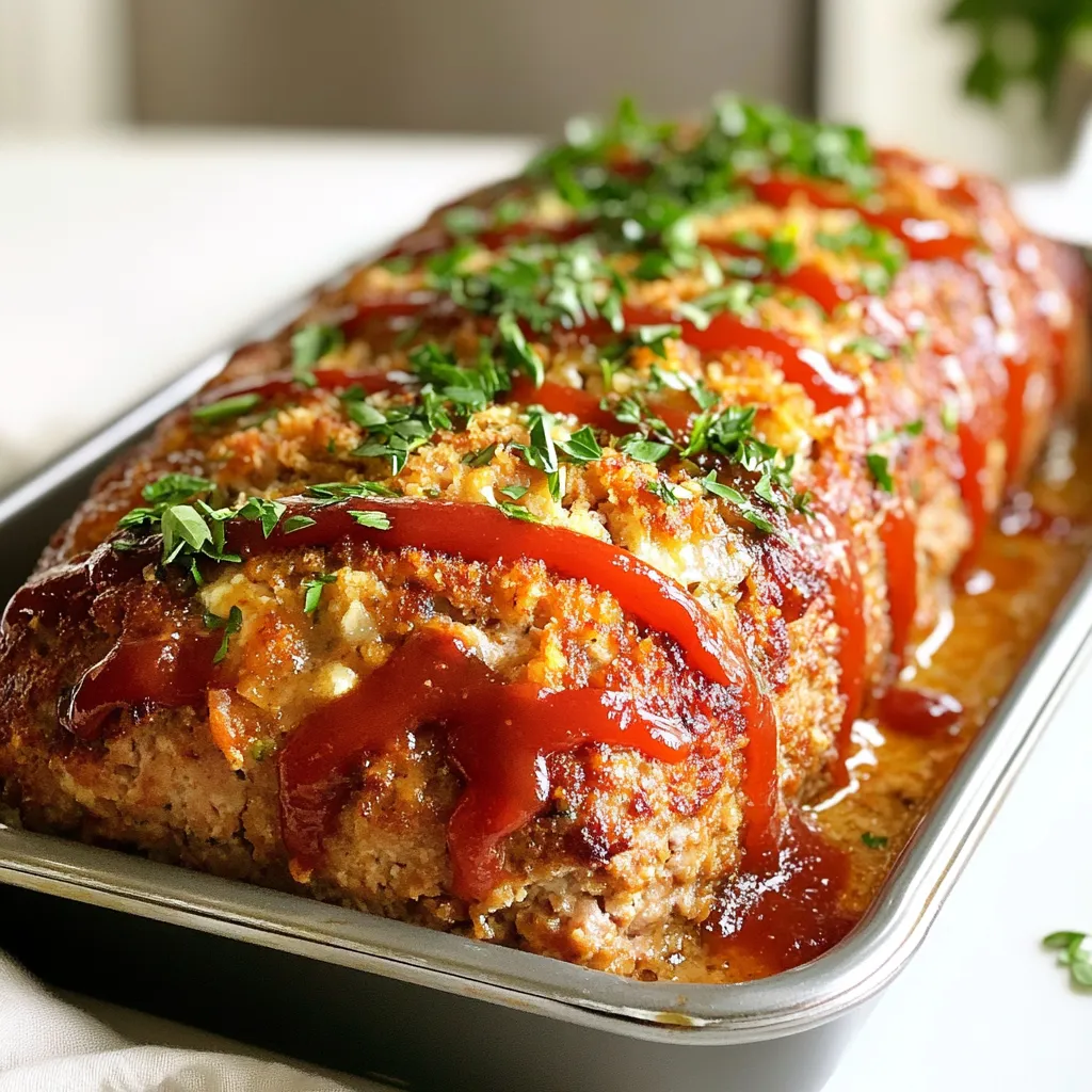 - 1.5 lbs ground turkey - 1 cup whole grain breadcrumbs - 1/2 cup onion, finely chopped - 3 cloves garlic, minced - 1/4 cup fresh parsley, finely chopped - 1/4 cup fresh thyme, finely chopped - 1/4 cup milk (or your choice of plant-based milk) - 1 large egg - 2 tablespoons Worcestershire sauce - 1 teaspoon salt - 1/2 teaspoon freshly ground black pepper - 1/2 teaspoon smoked paprika The main ingredients make this meatloaf special. Ground turkey is lean and keeps it moist. Whole grain breadcrumbs add texture. Onion and garlic bring a rich flavor. Fresh herbs like parsley and thyme enhance the taste. - 1/2 cup mozzarella cheese, shredded (optional for extra moisture and creaminess) - Ketchup or BBQ sauce, for topping Adding mozzarella cheese gives the meatloaf a creamy texture. Ketchup or BBQ sauce on top adds a sweet and tangy layer. You can also use plant-based milk if you prefer. These options let you customize the dish to your taste. {{ingredient_image_2}} First, preheat your oven to 350°F (175°C). This step gets your oven ready for baking. While the oven heats, grab a large mixing bowl. In this bowl, combine all your ingredients: - 1.5 lbs ground turkey - 1 cup whole grain breadcrumbs - 1/2 cup onion, finely chopped - 3 cloves garlic, minced - 1/4 cup fresh parsley, finely chopped - 1/4 cup fresh thyme, finely chopped - 1/4 cup milk (or your choice of plant-based milk) - 1 large egg - 2 tablespoons Worcestershire sauce - 1 teaspoon salt - 1/2 teaspoon freshly ground black pepper - 1/2 teaspoon smoked paprika - 1/2 cup mozzarella cheese, shredded (optional for extra moisture and creaminess) Mix everything until just combined. Be careful not to overmix, or your meatloaf may turn out dense. Next, transfer the mixture into a loaf pan. Shape it gently into a loaf form. Make sure the top is even. This helps it cook evenly. Now it's time for the sauce! Spread ketchup or BBQ sauce on top. This adds flavor and moisture. Place the loaf pan in your preheated oven. Bake for about 50-60 minutes. The meatloaf is done when it reaches an internal temperature of 165°F (74°C). After baking, let the meatloaf rest for about 10 minutes. This is important! Resting helps the juices settle. If you cut too soon, the juices run out. When ready to serve, slice the meatloaf carefully. For a nice touch, garnish with fresh parsley. Serve it with steamed veggies or a crisp salad for a complete meal. Enjoy your Garlic Herb Turkey Meatloaf! Ground turkey is lean, which means it can dry out. To keep it moist, do not overmix your ingredients. When you stir the mixture, do it gently and just until combined. This helps keep the meatloaf light and tender. To ensure a moist meatloaf, add milk and grated cheese. They help keep the turkey juicy. The cheese also adds a creamy texture. Both ingredients work well together, making your meatloaf extra flavorful. Want more flavor? Try adding herbs like basil or oregano. You can also mix in spices such as cumin or chili powder for a kick. Fresh herbs brighten the dish, while spices add depth. Using cheese is a great idea, too. Mozzarella is soft and melts nicely. You can also use cheddar for a sharper taste. Just fold it in gently, so it blends well with the turkey. Choosing the right loaf pan is key. A metal pan cooks meatloaf evenly, while a glass pan lets you see the cooking process. Make sure it’s non-stick to avoid any sticking issues. For mixing and shaping, a large bowl works best. Use your hands to mix, but remember to be gentle. A spatula can help shape the mixture into a loaf, giving it a nice form. These tools make the process easy and fun! Pro Tips Resting Time: Allow the meatloaf to rest for 10 minutes after baking. This helps retain its juices for a more flavorful slice. Ingredient Substitutions: If you're looking for a lower-carb option, substitute breadcrumbs with ground oats or almond flour. Flavor Boost: Add a tablespoon of your favorite mustard to the mixture for an extra layer of flavor. Moisture Check: Ensure your turkey meatloaf reaches 165°F (74°C) internally to avoid dry meatloaf. Use a meat thermometer for accuracy. {{image_4}} You can swap ground turkey for other meats. Ground chicken works well and keeps it light. You can also use ground beef for a richer flavor. Each option brings a unique taste to your meatloaf. If you prefer vegetarian meals, consider using lentils or black beans. These ingredients create a hearty texture and add protein. You can mix in oats or quinoa for added fiber. This way, you can enjoy a meatloaf without meat. Toppings can change the whole dish. Instead of ketchup, try a tangy BBQ sauce. You can also use a sweet glaze made from honey and mustard. Each choice adds a new layer of flavor. Want to boost the taste even more? Add finely chopped vegetables like bell peppers or carrots. They add moisture and crunch. Cheese is another great addition. Try shredded cheddar or feta for a creamy touch. These variations keep your meatloaf exciting and full of flavor. To keep your Garlic Herb Turkey Meatloaf fresh, store it properly. First, let the meatloaf cool completely. Then, wrap it tightly in plastic wrap or aluminum foil. You can also place it in an airtight container. This method keeps moisture in and prevents it from drying out. For longer storage, freeze the meatloaf. Use a freezer-safe container or a heavy-duty freezer bag. Make sure to remove as much air as possible. This helps avoid freezer burn. Label the bag with the date so you know when to use it. Reheating meatloaf is simple if you follow the right steps. For the best results, use the oven. Preheat it to 350°F (175°C). Place the meatloaf in a baking dish and cover it with foil. This keeps it moist while heating. Bake for about 20-25 minutes or until it's hot throughout. You can also microwave it. Cut the meatloaf into slices and place them on a microwave-safe plate. Cover with a damp paper towel to keep the moisture. Heat in 30-second intervals until warm. This method is fast but may not keep the meatloaf as juicy. Storing and reheating your Garlic Herb Turkey Meatloaf correctly helps you enjoy it again later. How do I know when the meatloaf is fully cooked? The best way to check is by using a meat thermometer. Insert it into the center of the meatloaf. It should read 165°F (74°C) when done. This ensures it is safe to eat. If you don't have a thermometer, look for juices that run clear. The meatloaf should be firm and not jiggly. Can I use frozen ground turkey for this recipe? Yes, you can use frozen ground turkey. Just remember to thaw it first. Place it in the fridge overnight or use the microwave for a quick thaw. Do not cook it from frozen. It won’t cook evenly. Is this meatloaf gluten-free? No, this meatloaf is not gluten-free as it contains whole grain breadcrumbs. If you need a gluten-free option, replace those with gluten-free breadcrumbs. You can also use oats or crushed gluten-free crackers. Can I make this recipe dairy-free? Yes, you can easily make this meatloaf dairy-free. Use plant-based milk instead of regular milk. You can also skip the cheese if you want. The meatloaf will still taste great and stay moist. What are good side dishes to serve with meatloaf? Some great sides include mashed potatoes, green beans, or a fresh salad. You can also serve it with roasted veggies for a heartier meal. They all pair well with the flavors of the meatloaf. Ideas for leftovers or meatloaf sandwiches Leftover meatloaf makes for tasty sandwiches. Slice it and place it between bread with lettuce and tomato. You can also heat it up and serve it with more ketchup or BBQ sauce. Another idea is to crumble it into a salad for added protein. In this blog post, we explored making garlic herb turkey meatloaf, from key ingredients to cooking methods. You learned how to prep your oven, mix delicious ingredients, and bake your meatloaf perfectly. We also discussed tips for flavor, texture, and storage. Take your time with each step for the best results. You can adjust ingredients and create variations to suit your taste. Enjoy this meal with your favorite sides or as a tasty sandwich the next day!